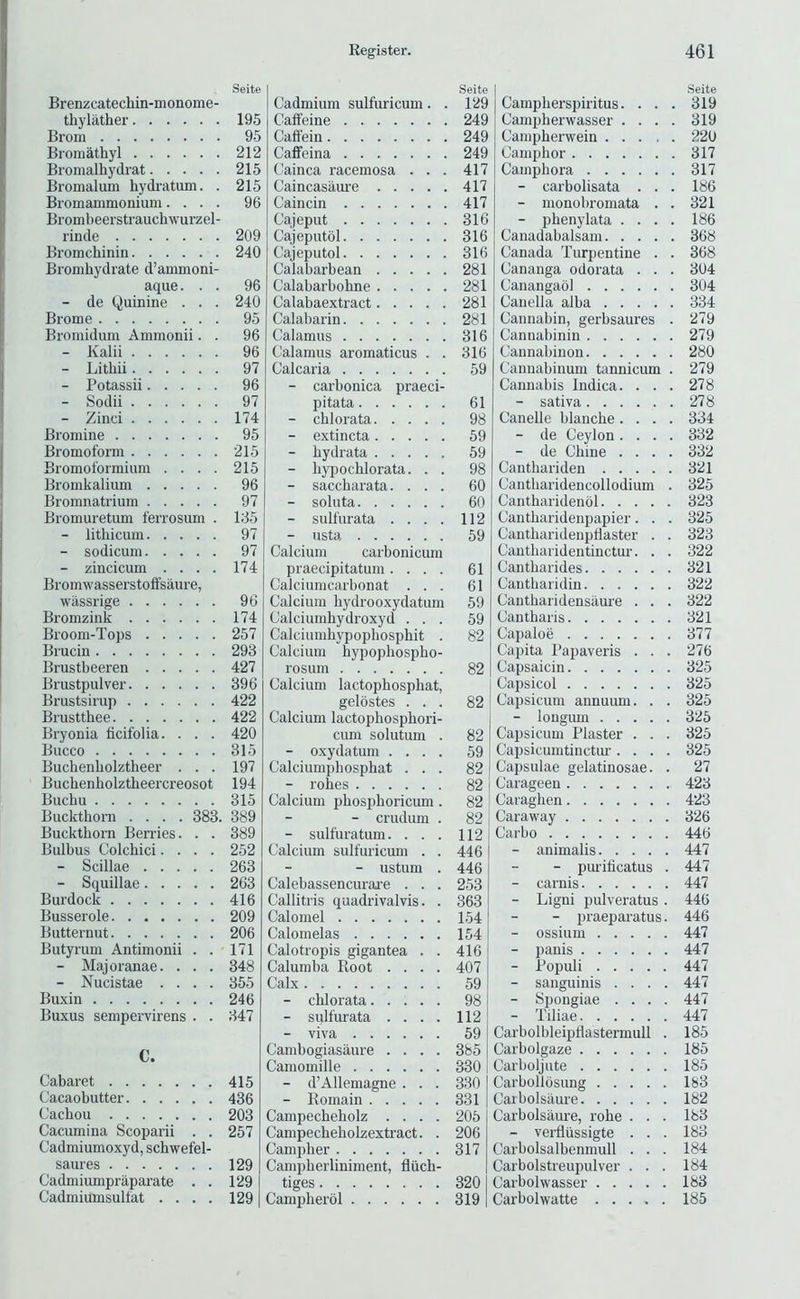 Brenzcatechin-monome- thylather Brom Bromathyl Bromalhydrat Bromalum hydratum. . Bromammonium.... Brombeerstrauchwurzel- rinde Bromchinin Bromhydrate d’ammoni- aque. . . - de Quinine . . . Brome Bromidum Ammonii. . - Kalii - Litliii - Potassii - Sodii - Zinci Bromine Bromoform Bromot'ormium .... Bromkalium Bromnatrium Bromuretum ferrosum . - lithicuni - sodicum - zincicum .... Broinwasserstoffsaure, wassrige Bromzink Broom-Tops Brucin Brustbeeren Brustpulver Brustsirup Brustthee Bryonia ficifolia. . . . Biicco Buchenbolztheer . . . Buchenliolztheercreosot Buchu Buckthorn .... 383. Buckthorn Berries. . . Bulbus Colchici.... - Scillae - Squillae Burdock Busserole Butternut Butyrum Antimonii . . - Majoranae. . . . - Nucistae .... Buxin Buxus sempervirens . . C. Cabaret Cacaobutter Cachou Cacumina Scoparii . . Cadmiumoxyd, schwefel- saures Cadmiumpraparate . . Cadmiumsultat .... Seite 195 95 212 215 215 96 209 240 96 240 95 96 96 97 96 97 174 95 215 215 96 97 135 97 97 174 96 174 257 293 427 396 422 422 420 315 197 194 315 389 389 252 263 263 416 209 206 171 348 355 246 347 415 436 203 257 129 129 129 Cadmium sulfuricum. . Caffeine Caft’ein Caffeina Cainca racemosa . . . Caincasaure Caincin Cajeput Cajeputol Cajeputol Calabarbean Calabarbohne Calabaextract Calabarin Calamus Calamus aromaticus . . Calcaria - carbonica praeci- pitata - chlorata - extincta - hydrata - hypochlorata. . . - saccharata. . . . - soluta - sulfurata .... - usta Calcium carbonicum praecipitatum .... Calciumcarbonat . . . Calcium hydrooxydatum Calciumhydroxyd . . . Calciumhypophosphit . Calcium hypophospho- rosum Calcium lactophosphat, gelostes . . . Calcium lactophosphori- cum solutum . - oxydatum .... Calciumphosphat . . . - rohes Calcium phosphoricum. - crudum . - sulfuratum. . . . Calcium sulfuricum . . - ustum . Calebassencurai'e . . . Callitris quadrivalvis. . Calomel Calomelas Calotropis gigantea . . Calumba Root .... Calx - chlorata - sulfurata .... - viva Cambogiasaure .... Camomille - d’Allemagne . . . - Romain Campecheholz .... Campecheholzextract. . Campher Campherliniment, fliich- tiges Campherol .Seite I 129 Campherspiritus. Campherwasser . . . Campherwein .... Camphor Camphora - carbolisata . . - monobromata . - phenylata . . . Canadabalsam. . . . Canada Turpentine . Cananga odorata . . Canangaol Canella alba .... Cannabin, gerbsaures Cannabinin Cannabinon Canuabinum tannicum Cannabis Indica. . . - sativa Canelle blanche. . . - de Ceylon. . . - de Chine . . . Canthariden .... Cantharidencollodium Cantharidenol. . . . Cantharidenpapier. . Cantharidenpfiaster . Cantharidentinctur. . Cantharides Cantharidin Cantharidensiiure . . Cantharis Capaloe Capita Rapaveris . . Capsaicin Capsicol Capsicum annuum. . - longum .... Capsicum Plaster . . Capsicumtinctur . . . Capsulae gelatinosae. Carageen 82 Caraghen 82 I Caraway 112lCarbo 446 - purilicatus . - carnis - Ligni pulveratus . - praeparatus. - ossium - panis - Populi - sanguinis . . . . - Spongiae . . . . - Tiliae Carbolbleipflastermull . Carbolgaze Carboljute Carbollosung Carbolsiiure Carbolsaure, robe . . . - verfliissigte . . . Carbolsalbenmull . . . Carbolstreupulver . . . Carbolwasser Carbolwatte . . . . . 249 249 249 417 417 417 316 316 316 281 281 281 281 316 316 59 61 98 59 59 98 60 60 112 59 61 61 59 59 82 82 446 253 1.54 154 416 407 59 98 112 59 385 330 330 331 205 206 317 320 319 Seite 319 319 220 317 317 186 321 186 368 368 304 304 334 279 279 280 279 278 278 334 332 332 321 325 323 325 323 322 321 322 322 321 377 276 325 325 325 325 325 325 27 423 423 326 446 447 447 447 446 446 447 447 447 447 447 447 185 185 185 183 182 183 183 184 184 183 185