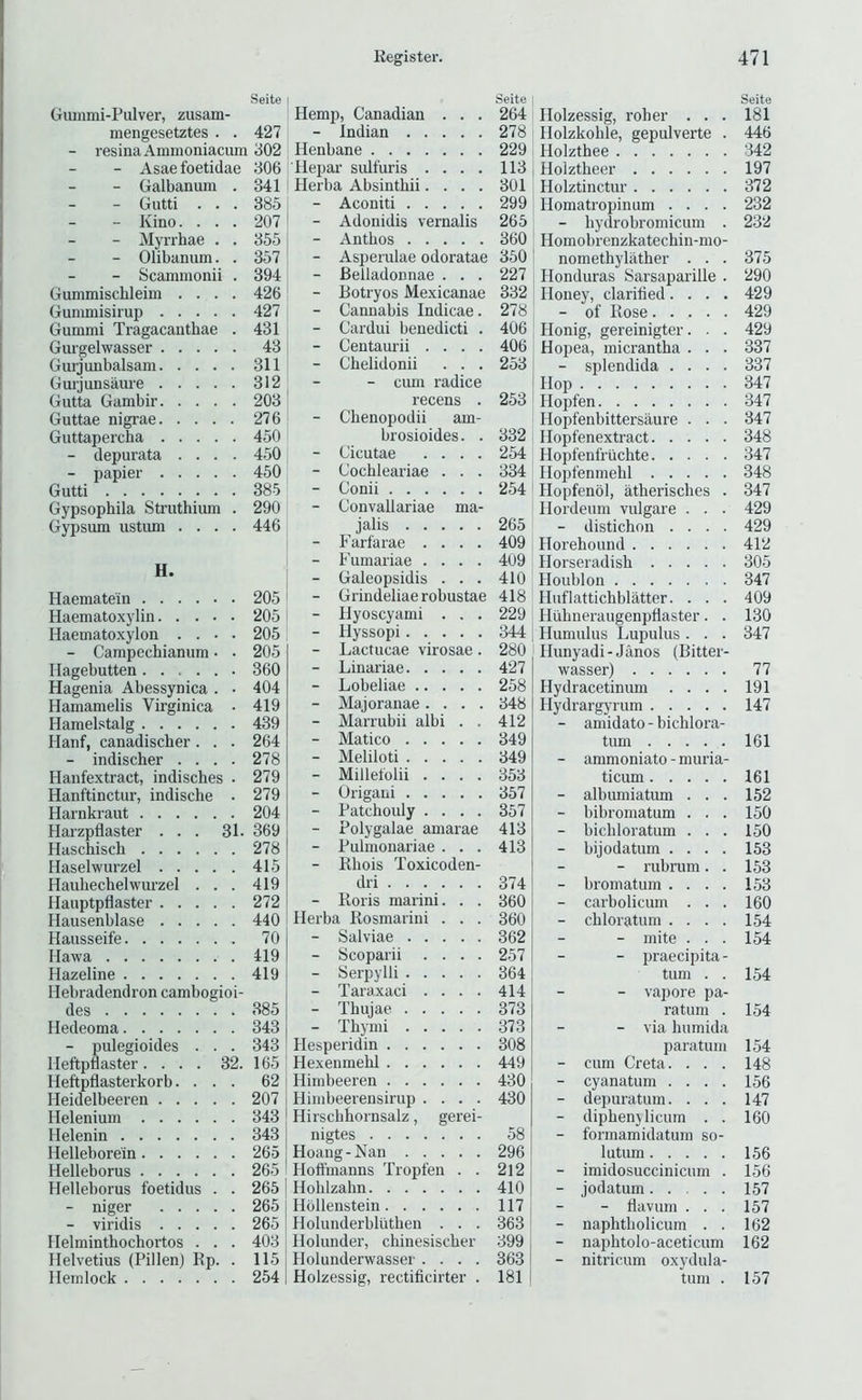 Seite Guinmi-Pulver, zusam- mengesetztes . . 427 - resinaAmmoniacum 302 - Asaefoetidae 306 - Galbanum . 341 - Gutti . . . 385 - Kino. . . . 207 - Myrrhae . . 355 - Olibanum. . 357 - Scammonii . 394 Gummiscbleim .... 426 Gummisirup 427 Gummi Tragacantbae . 431 Gurgelwasser 43 Gurj unbalsam 311 Guijunsaure 312 Gutta Gambir 203 Guttae nigrae 276 Guttapercha 450 - depurata .... 450 - papier 450 Gutti 385 Gypsophila Struthium . 290 Gypsum ustum .... 446 H. Haematein 205 Haematoxylin 205 Haematoxylon .... 205 - Campechianum • . 205 Ilagebutten 360 Hagenia Abessynica . • 404 Hamamelis Virginica • 419 Hamelstalg 439 Hanf, canadischer. . . 264 - indischer .... 278 Hanfextract, indisches . 279 Hanftinctur, indische . 279 Harnkraut 204 Harzpflaster ... 31. 369 Haschisch 278 Haselwurzel 415 Hauhechelwurzel ... 419 Hauptpflaster 272 Hausenblase 440 Hausseife 70 Hawa 419 Hazeline 419 Hebradendron cambogioi- des 385 Hedeoma 343 - pulegioides . . . 343 Heftpflaster .... 32. 165 Heftpflasterkorb. ... 62 Heidelbeeren 207 Helenium 343 Helenin 343 Helleborein 265 Helleborus 265 Helleborus foetidus . . 265 - niger 265 - viridis 265 llelminthochortos . . . 403 Ilelvetius (Pillen) Rp. . 115 Hemlock 254 Hemp, Canadian . . . - Indian Henbane Hepar sidfuris .... Herba Absinthii.... - Aconiti - Adonidis vernalis - Anthos - Asperulae odoratae - Belladonnae . . . - Rotryos Mexicanae - Cannabis Indicae. - Cardui benedicti . - Centaurii .... - Chelidonii . . . - cum radice recens . - Chenopodii am- brosioides. . - Cicutae .... - Cochleariae . . . - Conii - Convallariae ma- jalis - Farfarae .... - Fumariae .... - Galeopsidis . . . - Grindeliaerobustae - Hyoscyami . . . - Hyssopi - Lactucae virosae. - Linariae - Lobeliae - Majoranae .... - Marrubii albi . . - Matico - Meliloti - Millefolii .... - Origani - Patchouly .... - Polygalae amarae - Pulmonariae . . . - Khois Toxicoden- dri - Koris marini. . . Herba Rosmarini . . . - Salviae - Scoparii .... - Serpylli - Taraxaci .... - Thujae - Thymi Hesperidin Hexenmehl Himbeeren Himbeerensirup .... Hirscbhornsalz, gerei- nigtes Hoang-Nan Hoffmanns Tropfen . . Hohlzahn Hbllenstein Holunderbltithen . . . Holunder, chinesischer Holunderwasser .... Holzessig, rectificirter . 264 278 229 113 301 299 265 360 350 227 332 278 406 406 253 253 332 254 334 254 265 409 409 410 418 229 344 280 427 258 348 412 349 349 353 357 357 413 413 374 360 360 362 257 364 414 373 373 308 449 430 430 58 296 212 410 117 363 399 363 181 Seite Holzessig, roher . . . 181 Holzkohle, gepulverte . 446 Holzthee 342 Holztheer 197 Holztinctur 372 Homatropinum .... 232 - hydrobromicum . 232 Homobrenzkatechin-mo- nomethylather ... 375 Honduras Sarsaparille . 290 Honey, clarified.... 429 - of Rose 429 Honig, gereinigter. . . 429 Hopea, micrantha . . . 337 - splendida .... 337 Hop 347 Hopfen 347 Hopfenbittersaure . . . 347 Hopfenextract 348 Hopfenfriichte 347 Hopfenmehl 348 Hopfenbl, atherisches . 347 Hordeum vulgare . . . 429 - distichon .... 429 Horehound 412 Horseradish 305 Houblon 347 Huflattichblatter. . . . 409 Huhneraugenpflaster. . 130 Humulus Lupulus. . . 347 Hunyadi-Janos (Bitter- wasser) 77 Hydracetinum .... 191 Hydrargyrum 147 - amidato - bichlora- tum 161 - ammoniato - muria- ticum 161 - albumiatum . . . 152 - bibromatum . . . 150 - bicbloratum . . . 150 - bijodatum .... 153 - rubrum. . 153 - bromatum .... L53 - carbolicum . . . 160 - chloratum .... 154 - mite . . . 154 - praecipita - turn . . 154 - vapore pa- ra turn . 154 - via humida paratum 154 - cum Creta. . . . 148 - cyanatum .... 156 - depuratum. . . . 147 - diphenjlicum . . 160 - formamidatum so- lutum 156 - imidosuccinicum . 156 - jodatum 157 - flavum ... 157 - naphtliolicum . . 162 - naphtolo-aceticum 162 - nitricum oxydula- tum . 157