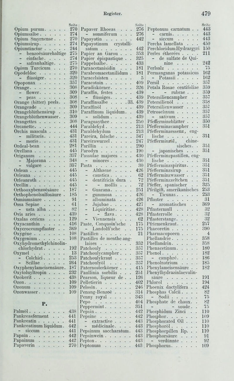 Seite Opium purum 270 Opiumsalbe 274 Opium Smyrnense. . . 270 Opiumsirup 274 Opiumtinctur 244 - benzoesaurehaltige 275 - einfaclie 274 - safranhaltige. . . 275 Opium Turcicum ... 270 Opodeldoc 320 - fliissiger 320 Opoponax 357 Orange 308 - flower 309 - peas 308 Orange (bitter) peels. . 308 Orangeade 309 Orangebliithensirup . . 310 Orangebliithenwasser. . 309 Orangettes 308 Orcanette 444 Orchis mascula .... 431 - militaris 431 - morio 431 Ordeal-bean 281 Orellana 445 Origanum 357 - Majorana .... 348 - vulgare 357 Orlean 445 Orieana 445 Orleanroth 445 Orellin 445 Orthooxybenzoesaure . 187 Orthophenolsulfosaure . 185 Osmiumsaure 91 Ossa Sepiae 61 - usta alba .... 82 Ovis aries 439 Oxalas cericus .... 129 Oxyacanthin 416 Oxycroceumpflaster . . 369 Oxygene 108 Oxygenium 108 Oxyhydromethylcbinolin- chlorhydrat 192 Oxymel 13 - Colchici 253 - Scillae 264 Oxypbenylameisensaure. 187 Oxytoluyltropin .... 232 Ozokerit 438 Ozon 109 Ozonum 109 Ozonwasser 109 P. Palmol 438 Pankreasferment . . . 441 Pankreatin 441 Pankreatinum liquidum. 442 - siccum 441 Papain 442 Papainum 442 Papaverin 270 Seite Papaver Rhoeas ... 276 - somniferum . . . 276 Papayotin 442 Papayotinum crystalli- satum 442 Papier an Garou . . . 353 Papier epispastique . . 325 Pappelsalbe 433 Paraacetanisidin . . . 181 Parabromacetanilidum . 181 Paracelsisten 5 Paracotoin 409 Paradiskbrner 326 Paraffin, festes .... 439 - fliissiges 439 Paraffinsalbe .... 33. 439 Paraffinbl 439 Paraffinum liquidum. . 439 - solidum 439 Paraguaytbee 250 Paraldehyd 213 Paraldehydum .... 213 Pareira, falsche .... 347 Pareirawurzel 247 Parillin 290 Parodyn 190 Passulae majores . . . 430 - minores 430 Pasta 30 - Altliaeae .... 426 - caustica 62 - dentifricia dura . 72 - mollis ... 72 - Guarana 251 - gummosa .... 426 - albuminata . . . 426 - .Jujubae 427 - Liquiritiae. . . . 428 - flava.... 428 - Viennensis ... 62 Paste, Canquoin’sche . 175 - Landolfi’sche . . 175 Pastillen 21 Pastilles de menthe ang- laises 352 Patchouly 357 Patchoulycampher. . . 357 Patchouly kraut .... 357 Patchoulybl 357 Paternosterkbrner . . . 415 Paullinia sorbilis . . . 251 Pearson, liqueur de . . 126 Pelletierin 402 Pelosin 246 Penang-Benzoe .... 314 Penny royal 343 Pepo 404 Peppei'mint 351 Pepsin 442 Pepsine 442 - extractive .... 443 - mbdicinale. . . . 443 Pepsinum saccharatum. 443 Pepsinwein 443 Pepton 443 Peptonum 443 Seite Peptonum carnatum . . 443 - carnis 443 - siccum 443 Percha lamellata . . . 450 PerchloridumHydrargyri 1.50 Perles etherees .... 211 - de sulfate de Qui- nine 242 Perlsalz 75 Permanganas potassicus 162 - Potassii 162 Persil 357 Petala Rosae centifoliae 359 - rubrae . . . 359 Petersiliencampher . . 357 Petersilienbl 358 Petersiliemvasser . . . 357 Petroselinum 357 - sativum 357 Pfefferminzblatter . . . 350 Pfeft'erminzcampher . . 351 Pfetferminzessenz, eng- lische 351 Pfefferminzbl, chine- sisches. . 351 - japanisches ... 351 Pfeiferminzpastillen, eng- lische 351 Pfeft'erminzspiritus. . . 351 Pfeft'erminzsirup . . . 351 Pfefierminzwasser ... 351 Pfefferminzzeltchen . . 351 Pfeifer, spanischer . . 325 Pfeilgift, amerikanisches 253 - Ticunas 253 Pilaster 31 - aromatisches . . 369 Pflastermull 32 Pflasterrolle 32 Pflasterstange 32 Pfriemenkraut 257 Phaeoretin 390 Pharmacopoeen .... 4 Phellandrie 3.58 Phellandrin 358 Phenacetinum 180 Phenol 182 - camphre 186 Phenolnatrium .... 185 Phenylameisensiiure . . 182 Phenylhydrazinlaevulin- saure 191 Phlorol 194 Phoenix dactylifera . . 424 Phosphas Calcii.... 82 - Sodii 75 Phosphate de chaux. . 82 - soude. . 75 Phosphidum Zinci . . 110 Phosphor 109 Phosphorated Oil . . . 110 Phosphorbl 110 Phosphorpillen Rp. . . 110 Phosphorsaure .... 91 - verdunnte .... 92 Phosphorus 109