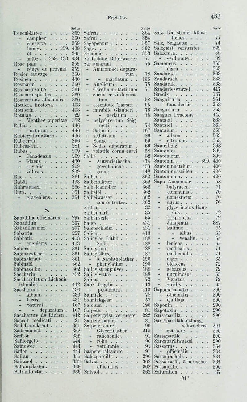 Seite Rosenblatter 3.59 - campher .... 360 - conserve .... 359 - honig. . . . 359. 429 - 61 360 - salbe . . 359. 433. 434 Rose pale 359 rouge de provins 359 Rosier sauvage .... 360 Rosinen 430 Rosmarin 360 Rosmarinsalbe .... 361 Rosmarinspiritus . . . 360 Rosmarinus officinalis . 360 Rottlera tinctoria . . . 403 Rottlerin 403 Rotulae 22 - Menthae piperitae 352 Rubia 446 - tinctorum .... 446 Rubierythrinsaure. . . 446 Rubijervin 296 Rubreserin 281 Rubus 209 - Canadensis . . . 209 - Idaeus 430 - trivialis 209 - villosus 209 Rue 361 Rubol 438 Rubrwurzel 266 Ruta 361 - graveolens. ... 361 S. Sabadilla officinarum . 297 Sabadillin 297 Sabadillsamen .... 297 Sabatrin 297 Sabbatia 413 - angularis .... 413 Sabina 361 Sabinaextract 361 Sabinakraut 361 Sabinaol 362 Sabinasalbe 362 Saccharin 432 Saccharolatum Lichenis Islandici 412 Saccharum 430 - album 430 - lactis 431 - Saturni 167 - depuratum . 167 Saccharure de Lichen . 412 Sacculi medicati ... 21 Sadebaumkraut .... 361 Sadebaumol 362 Saffron 335 Safflorgelb 444 Safflower 444 Saflor 444 Safran 335 Safranol 335 Saft-anpflaster 369 Safrantinctur 336 Seite Safren 364 Safrol 364 Sagapenum 357 Sage 362 Sainbois 353 Saidschiitz, Bitterwasser 77 Sal amarum 75 - Ammoniaci depura- tum . 78 - martiatum . . 136 - Anglicum 75 - Carolinum factitium 77 - cornu cervi depura- tum 58 - essentiale Tartar! . 95 - mirabile Glauber! . 76 - perlatum . . 75 - polychrestum Seig- netti 74 - Saturni 167 - sedativum .... 86 - Sodae 69 - Sodae depuratum . 69 - volatile cornu cervi 58 Salbe 32 - Autenriethsche. . 174 - gewohnliche . . . 433 - graue 148 Salbei 362 Salbeiblatter 362 Salbeicampher .... .362 Salbeiol 362 Salbeiwasser 362 - concentrirtes. . . 362 Salben 32 Salbenmull 35 Salbenseife 65 Salep 431 Salepschleim 431 Salicin 413 Salicylas Lithii .... 188 - Sodii 188 Salicyljute 188 Salicylsaure 187 - ^ Naphtholather . 190 - phenylather . . . 190 Salicylstreupulver . . . 188 Salicylwatte 188 Salina 72 Salix fragilis 413 pentandra. . . . 413 Salmiak . • 78 Salmiakgeist 57 Salolum 190 Salpeter 81 Salpetergeist, versiisster 222 Salpeterpapier .... 81 Salpetersaure 90 - Glycerinather . . 215 - rauchende.... 91 - robe 90 - verdunnte .... 91 Salpetersalzsaure ... 91 Salsapareille 290 Salvia 362 - officinalis .... 362 Salviol 362 Seite Salz, Karlsbader kiinst- liches 77 Salz, Seignette .... 74 Salzgeist, versiisster . . 222 Salzsaure 88 - verdunnte .... 89 Sambucus 363 - nigra 363 Sandaraca 363 Sandarach 363 Sandarak 363 Sandgrieswurzel.... 417 Sandix 167 Sanguinaria 251 - Canadensis . . . 253 Sanguinarin 253 Sanguis Draconis . . . 445 Santalal 363 Santalol 363 Santalum 363 - album 363 - citrinum 363 Santelholz 363 Santonica 399 Santonicum 399 Santonin 399. 400 Santoninnatrium . . . 400 Santoninpastillen . . . 400 Santoninum 400 Sapo Ammoniae ... 58 butyraceus. ... 71 communis .... 70 domesticus ... 70 durus 70 glycerinatus liqui- dus 72 - Hispanicus ... 72 - Jalapinus .... 387 kalinus 65 - albus ... 65 - venalis... 65 leniens 65 medicatus .... 71 medicinalis ... 71 - niger 65 - oleaceus .... 72 - sebaceus .... 72 unguinosus ... 65 Venetus 72 viridis 65 Saponaria alba .... 290 - officinalis .... 290 - Quillaja 290 Saponin 290 Sapotoxin 290 Sarsaparilla 290 Sarsaparillabkochung, schwachere 291 - starkere 290 Sarsaparille 290 Sarsaparillwurzel . . . 290 Sassafras 364 - officinalis .... 364 Sassaffasholz 364 Sassafrasol, atherisches 364 Sassaprille 290 Satiu’ation 37 31