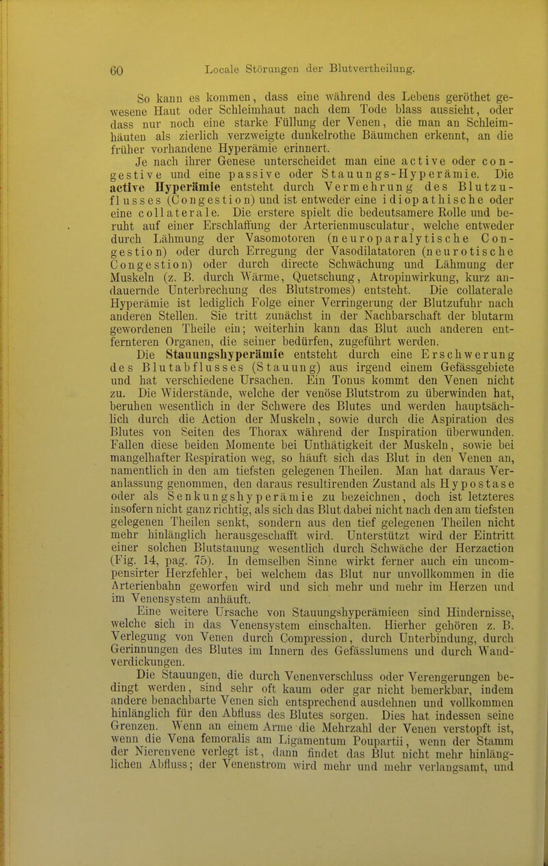 So kann es kommen, dass eine während des Lebens geröthet ge- wesene Haut oder Schleimhaut nach dem Tode blass aussieht, oder dass nur noch eine starke Fülkmg der Venen, die man an Schleim- häuten als zierlich verzweigte dunkelrothe Bäumchen erkennt, an die früher vorhandene Hyperämie erinnert. Je nach ihrer Genese unterscheidet man eine active oder con- gestiVe und eine passive oder Stauungs-Hyperämie. Die active Hyperämie entsteht durch Vermehrung des Blutzu- flusses (Congestion) und ist entweder eine idiopathische oder eine coUaterale. Die erstere spielt die bedeutsamere Rolle und be- ruht auf einer Erschlaffung der Arterienmusculatur, welche entweder durch Lähmung der Vasomotoren (n europaralytische Con- gestion) oder durch Erregung der Vasodilatatoren (neurotische Congestion) oder durch directe Schwächung und Lähmung der Muskeln (z. B. durch Wärme, Quetschung, AtropinWirkung, kurz an- dauernde Unterbrechung des Blutstromes) entsteht. Die coUaterale Hyperämie ist lediglich Folge einer Verringerung der Blutzufuhr nach anderen Stellen. Sie tritt zunächst in der Nachbarschaft der blutarm gewordenen Theile ein; weiterhin kann das Blut auch anderen ent- fernteren Organen, die seiner bedürfen, zugeführt werden. Die Stauungsliyperämie entsteht durch eine Erschwerung des Blutabflusses (Stauung) aus irgend einem Gefässgebiete und hat verschiedene Ursachen. Ein Tonus kommt den Venen nicht zu. Die Widerstände, welche der venöse Blutstrom zu überwinden hat, beruhen wesentlich in der Schwere des Blutes und werden hauptsäch- lich durch die Action der Muskeln, sowie durch die Aspiration des Blutes von Seiten des Thorax während der Inspiration überwunden. Fallen diese beiden Momente bei Unthätigkeit der Muskeln, sowie bei mangelhafter Respiration weg, so häuft sich das Blut in den Venen an, namentlich in den am tiefsten gelegenen Theilen. Man hat daraus Ver- anlassung genommen, den daraus resultirenden Zustand als Hypostase oder als Senkungshyperämie zu bezeichnen, doch ist letzteres insofern nicht ganz richtig, als sich das Blut dabei nicht nach den am tiefsten gelegenen Theilen senkt, sondern aus den tief gelegenen Theilen nicht mehr hinlänglich herausgeschafft wird. Unterstützt wird der Eintritt einer solchen Blutstauung wesentlich durch Schwäche der Herzaction (Fig. 14, pag. 75). In demselben Sinne wirkt ferner auch ein uncom- pensirter Herzfehler, bei welchem das Blut nur unvollkommen in die Arterienbahn geworfen wird und sich mehr und mehr im Herzen und im Venensystem anhäuft. Eine weitere Ursache von Stauungshyperämieen sind Hindernisse, welche sich in das Venensystem einschalten. Hierher gehören z. B. Verlegung von Venen durch Compression, durch Unterbindung, durch Gerinnungen des Blutes im Innern des Gefässlumens und durch Waud- verdickungen. Die Stauungen, die durch Venenverschluss oder Verengerungen be- dingt werden, sind sehr oft kaum oder gar nicht bemerkbar, indem andere benachbarte Venen sich entsprechend ausdehnen und vollkommen hinlänglich für den Abfluss des Blutes sorgen. Dies hat indessen seine Grenzen. Wenn an einem Arme die Mehrzahl der Venen verstopft ist, wenn die Vena femoralis am Ligamentum Poupartii, wenn der Stamm der Nierenvene verlegt ist, dann findet das Blut nicht mehr hinläng- lichen Abfluss; der Venenstrom wird mehr und mehr verlangsamt, und