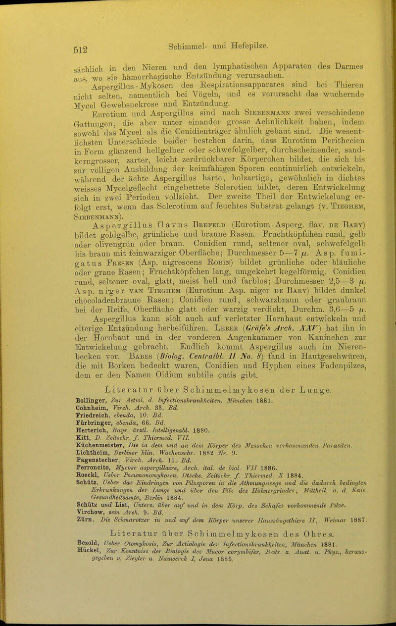 sächlich in den Niereu und den lymphatischen Apparaten des Darmes aus wo sie hämorrhagische Entzündung verursachen. ' Aspergillus - Mykosen des Respirationsapparates sind bei Thieren nicht selten, namentlich bei Vögeln, und es verursacht das wuchernde Mycel Gewebsnekrose und Entzündung. Eurotium und Aspergillus sind nach Sikbenmann zwei verschiedene Gattungen, die aber unter einander grosse Aehnlichkeit haben, indem sowohl das Mycel als die Conidienträger ähnlich gebaut sind. Die wesent- lichsten Unterschiede beider bestehen darin, dass Eurotium Perithecien in Form glänzend hellgelber oder schwefelgelber, durchscheinender, sand- korngrosser, zarter, leicht zerdrückbarer Körperchen bildet, die sich bis zur völligen Ausbildung der keimfähigen Sporen continuirlich entwickeln, Avährend der ächte Aspergillus harte, holzartige, gewöhnlich in dichtes weisses Mycelgeflecht eingebettete Sclerotien bildet, deren Entwickelung sich in zwei Perioden vollzieht. Der zweite Theil der Entwickelung er- folgt erst, wenn das Sclerotium auf feuchtes Substrat gelangt (v. Tieghem, Sibbbnmann). Aspergillus flavus Beepeld (Eurotium Asperg. flav. de Baey) bildet goldgelbe, grünliche und braune Rasen. Eruchtköpfchen rund, gelb oder olivengrün oder braun. Conidien rund, seltener oval, schwefelgelb bis braun mit feinwarziger Oberfläche; Durchmesser 5—7 f.i. Asp. fumi- gatus Ekbsbn (Asp. nigrescens Robin) bildet grünliche oder bläuliche oder graue Rasen; Eruchtköpfchen lang, umgekehrt kegelförmig. Conidien rund, seltener oval, glatt, meist hell und farblos; Durchmesser 2,5—3 (.i. Asp. ni'ger van Tieghem (Eurotium Asp. niger de Baey) bildet dunkel chocoladenbraune Rasen; Conidien rund, schwarzbraun oder graubraun bei der Reife, Oberfläche glatt oder warzig verdickt, Durchm. 3,6—5 (.i. Aspergillus kann sich auch auf verletzter Hornhaut entwickeln und eiterige Entzündung herbeiführen. Lebee {Gräfes Arch. ÄXV) hat ihn in der Hoi'nhaut und in der vorderen Augenkammer von Kaninchen zur Entwickelung gebracht. Endlich kommt Aspergillus auch im Nieren- becken vor. Babes {Biolog. Cenlralbl. II No. 8) fand in Hautgeschwüren, die mit Borken bedeckt waren, Conidien und Hyphen eines Eadenpilzes, dem er den Namen Oidium subtile cutis gibt. Literatur über Schimmelmykosen der Lunge. Sollinger, Zur Aetiol. d. Infectionskrankheiten, Blünchen 1881. Cohnheim, Virch. Arch. 33. Bd. Friedreich, ebenda, 10. Bd. Fürbringer, ebenda, 66. Bd. Hertericli, Bayr. ärztl. InteUigenzbl. 1880. Kitt, D. Zeitschr. f. Thiermed. VII. Küchenmeister, Die in devi und an dem Körper des Mensrhen vorJcaininenden Parasiten. Lichtheim, Berliner Hin. Wochenschr. 1882 Nr. 9. Pagenstecher, Virch. Arch. 11. Bd. Perroncito, Mycose aspergillaire, Arch. üal. de Mol. VII 1886. Roeckl, Ueber Pneumonomykosen, Btsche. Zeitschr. f. Thiermed. X 1884. Schätz, Ueber das Eindringen von Pilzsporen in die Athmungswege und die dadurch bedingten Erkrankungen der Lrnige und über den Pilz des Hühnergrindes, Mittheil. a. d. Kais. Oesundheitsamte, Berlin 1884. Schätz und List, Unters, über auf und in dem Köi-p. des Schafes vorkommende Pilze. Virchow, sein Arch. 9. Bd. Zürn, Die Schmarotzer in und avff dem Körper unserer Haussäugethiere II, Weimar 1887. Literatur über Schimmelmykosen des Ohres. Bezold, Ueber OtomyJcosis, Zur Aetiologie der Infectionskrankheiten, München 1881. Hückel, Zur Kenntniss der Biologie des Mxicor corymbifer, licitr. z. Anat. n. Phys., ha-aus- gegeben v. Zieyler u. Nauwerck I, Jena 1885.