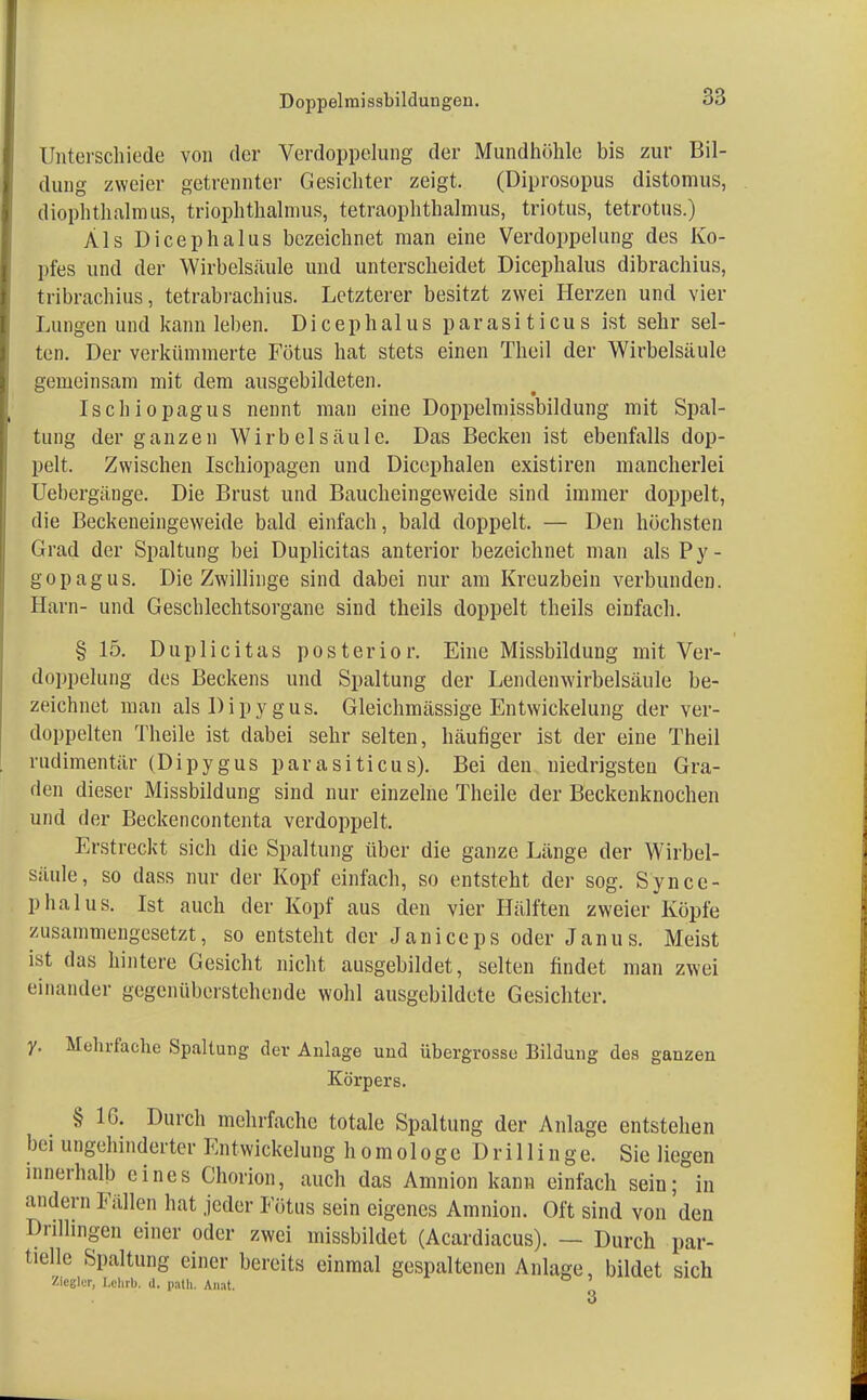 Unterschiede von der Verdoppelung der Mundhöhle bis zur Bil- dung zweier getrennter Gesichter zeigt. (Diprosopus distomus, diophthalmus, triophthalmus, tetraophthalmus, triotus, tetrotus.) Als Dicephalus bezeichnet man eine Verdoppelung des Ko- pfes und der Wirbelsäule und unterscheidet Dicephalus dibrachius, tribrachius, tetrabrachius. Letzterer besitzt zwei Herzen und vier Lungen und kann leben. Dicephalus parasiticus ist sehr sel- ten. Der verkümmerte Fötus hat stets einen Theil der Wirbelsäule gemeinsam mit dem ausgebildeten. Ischiopagus nennt man eine Doppelmissbildung mit Spal- tung der ganzen Wirbelsäule. Das Becken ist ebenfalls dop- pelt. Zwischen Ischiopagen und Dicephalen existiren mancherlei Uebergänge. Die Brust und Baucheingeweide sind immer doppelt, die Beckeneingeweide bald einfach, bald doppelt. — Den höchsten Grad der Spaltung bei Duplicitas anterior bezeichnet man als Py- gopagus. Die Zwillinge sind dabei nur am Kreuzbein verbunden. Harn- und Geschlechtsorgane sind theils doppelt theils einfach. § 15. Duplicitas posterior. Eine Missbildung mit Ver- doppelung des Beckens und Spaltung der Lendenwirbelsäule be- zeichnet man alsDipygus. Gleichmässige Entwickelung der ver- doppelten Theile ist dabei sehr selten, häufiger ist der eine Theil rudimentär (Dipygus parasiticus). Bei den niedrigsten Gra- den dieser Missbildung sind nur einzelne Theile der Beckenknochen und der Beckencontenta verdoppelt. Erstreckt sich die Spaltung über die ganze Länge der Wirbel- säule, so dass nur der Kopf einfach, so entsteht der sog. Synce- phalus. Ist auch der Kopf aus den vier Hälften zweier Köpfe zusammengesetzt, so entsteht der Janiceps oder Janus. Meist ist das hintere Gesicht nicht ausgebildet, selten findet man zwei einander gegenüberstehende wohl ausgebildete Gesichter. y. Mehrfache Spaltung der Anlage und übergrosse Bildung des ganzen Körpers. § IG. Durch mehrfache totale Spaltung der Anlage entstehen bei ungehinderter Entwickelung homologcDrillinge. Sie liegen innerhalb eines Chorion, auch das Amnion kann einfach sein; in andern Fällen hat jeder Fötus sein eigenes Amnion. Oft sind von den Drillingen einer oder zwei missbildet (Acardiacus). — Durch par- tielle Spaltung einer bereits einmal gespaltenen Anlage, bildet sich Zicglcr, l.clirb. d. p.ith. Anat.