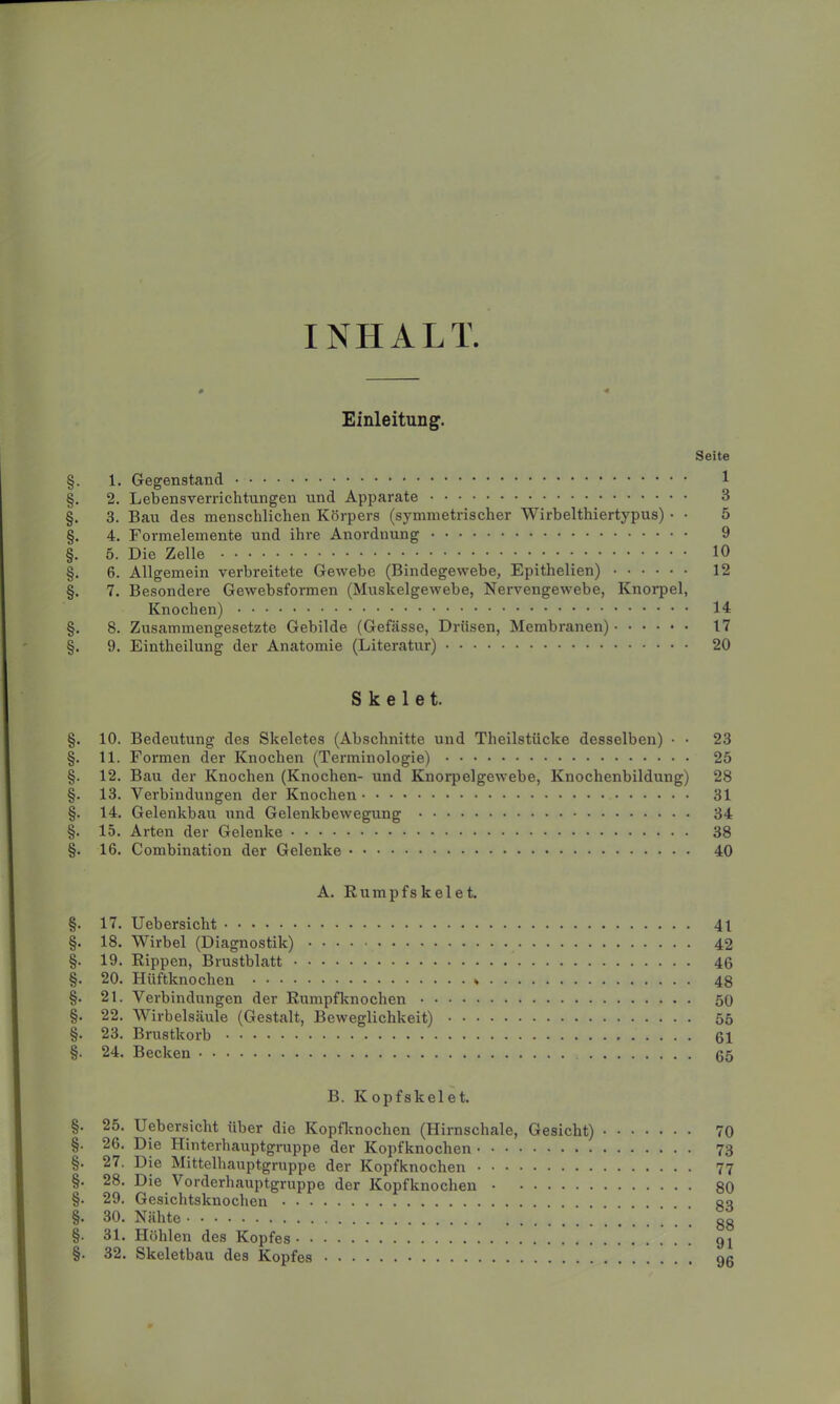 INHALT Einleitung. §. 1. Gegenstand §. 2. Lebensverrichtungen und Apparate §. 3. Bau des menschlichen Körpers (symmetrischer Wirbelthiertypus) • • §. 4. Formelemente und ihre Anordnung §. 5. Die Zelle §. 6. Allgemein verbreitete Gewebe (Bindegewebe, Epithelien) §. 7. Besondere Gewebsformen (Muskelgewebe, Nervengewebe, Knorpel, Knoclien) §. 8. Zusammengesetzte Gebilde (Gefässe, Drüsen, Membranen) §. 9. Eintheilung der Anatomie (Literatur) Skelet. §. 10. Bedeutung des Skeletes (Abschnitte und Theilstücke desselben) • • §. 11. Formen der Knochen (Terminologie) §. 12. Bau der Knochen (Knochen- und Knorpelgewebe, Knochenbildung) §. 13. Verbindungen der Knochen §. 14. Gelenkbau und Gelenkbewegung §. 15. Arten der Gelenke §. 16. Combination der Gelenke A. Rumpfskelet. §. 17. Uebersicht §. 18. Wirbel (Diagnostik) §. 19. Rippen, Brustblatt §. 20. Hüftknochen * §. 21. Verbindungen der Rumpfknochen §. 22. Wirbelsäule (Gestalt, Beweglichkeit) §. 23. Brustkorb §. 24. Becken B. Kopfskelet. §. 25. Uebersicht über die Kopfknochen (Hirnschale, Gesicht) §. 26. Die Hinterhauptgruppe der Kopfknochen §. 27. Die Mittelhauptgruppe der Kopfknochen §. 28. Die Vorderhauptgruppe der Kopfknochen §. 29. Gesichtsknochen §. 30. Nähte §. 31. Höhlen des Kopfes §. 32. Skeletbau des Kopfes Seite 1 3 5 9 10 12 14 17 20 23 25 28 31 34 38 40 41 42 46 48 50 55 61 65 70 73 77 80 83 88 91 96