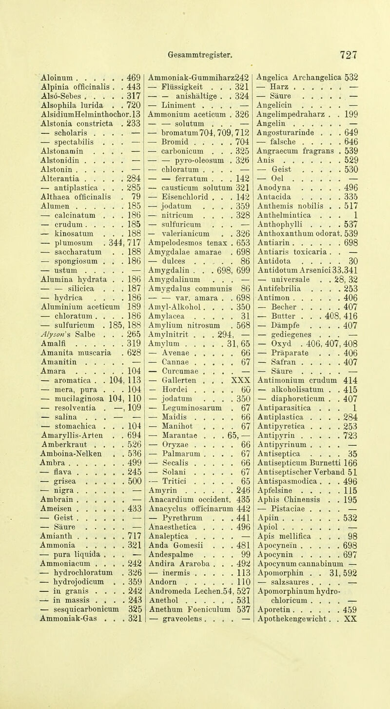 469 Ammoniak-Gummiharz242 Alpinia officinalis . . 443 — Flussigkeit . . . 321 Also-Sebes 317 — — anishaltige . . 324 Alsophila lurida . . 720 — Liniment .... AlsidiumHelminthoclior. 13 Ammonium aceticum . 326 Alstonia constricta . 233 — — solutum . . . — scholaris . . . . — — bromatum704,709,712 — spectabilis . . . — 704 Alstonamin . . . . — — carbonicum . . . 325 — — — pyro-oleosum . 326 — — chloratum . . . . 284 — — ferratum . . . 142 — antiplastica . . . 285 — causticum solutum 321 Althaea officinalis 79 — EisencHorid . . . 142 185 — jodatum . . . . 359 — calcinatum . . . 186 — nitricum . . . . 328 185 — sulfuricum . . . — kinosatum . . . 188 — valerianicum . . 326 — plumosum . 344 717 Ampelodesmos tenax . 653 — saccharatum . . 188 Amygdalae amarae . 698 — spongiosum . . . 186 — dulces 86 Amygdalin . . . 698, 699 Alumina hydrata . . 186 Amygdalinum . . . — — silicica . . . 187 Amygdalus communis 86 — hydrica . . . . 186 — — var. amara . . 698 Aluminium aceticum 189 Amyl-Alkohol. . . . 350 — chloratum. . . . 186 Amylacea 31 — sulfuricum . 185 188 Amylium nitrosum 568 Alyson's Salbe . . . 265 Amylnitrit . . .294 319 Amanita muscaria 628 66 — Cannae 67 Amara 104 — Curcumae . . . . — aromatica . . 104, 113 — Gallerten . , . XXX — mera, pura . . . 104 60 — mucilaginosa 104 110 — jodatum . . . . 350 — resolventia . — 109 — Leguminosarum . 67 — salina ... — 66 — stomachica . . . 104 — Manihot . . . . 67 Amaryllis-Arten . . 694 — Marantae . . . 65, — Amberkraut . . . . 526 66 Amboina-Nelken , . 536 — Palmarum , . . . 67 499 66 245 67 500 — Tritici 65 246 Anacardium Occident. 435 433 Anacyclus oflficinarum 442 — Pyrethrum . . . 441 Anaestbetica . . . . 496 717 321 Anda Gomesii . . . 481 — pura liquida . . . Andespalme . . . . 99 Ammoniacum . . . . 242 Andira Araroba . . . 492 — hydrocMoratum . 326 113 — hydrojodicum . 359 110 — in granis . . . 242 Andromeda Lechen.54, 527 — in massis . , . 243 531 — sesquicarbonicum 325 Anetbum Foeniculum 537 Ammoniak-Gas . , 321 — graveolens. . , . Angelica ArcbangeUca 532 — — — Angelimpedrabarz . . 199 — Angosturarinde . . 649 646 Angraecum fragrans 539 529 530 — Oel 496 Antacida .... 335 Antbemis nobilis . 517 Antbelmintica . . 1 Antbopbylli . . . . 537 Antboxantbum odorat. 539 698 Antiaris toxicaria . 30 Antidotum Arsenici 33,341 — universale . . 28, 32 Antifebrilia . . . . 253 406 407 — Butter . . . 408, 416 — Dampfe . . . . 407 — gediegenes . . . - Oxyd . 406, 407,408 — Praparate . . . 406 407 Antimonium crudum 414 — alkobolisatum . . 415 — diaphoreticum . . 407 Antiparasitica . . . 1 Antiplastica . . . . 284 Antipja'etica . . . . 253 Antipyriu 723 Antipyrinum . . . . Antiseptica . . . . 35 Antisepticum Burnetti 166 Antiseptiscber Verband 51 Antispasmodica . . . 496 115 Apbis Cbinensis . . 195 — Pistaciae . . . . 532 Apis melliflca . . . 98 698 697 Apocynum cannabinum. — Apomorpbin . . 31,592 — salzsaures. . . . Apomorpbinum hydro- cbloricum . . . . 459 Apothekengewicht. . XX