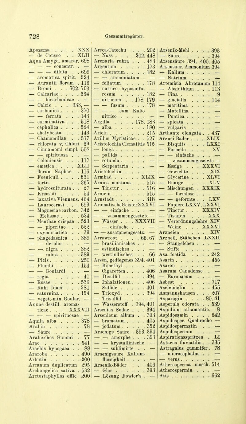 Apozema .... XXX — de Cousso . . XLII Aqua Amygd. amarar. 698 — — — concentr. . — diluta . . 699 — aromatica spirit. 524 — Aiirantii florum . 116 — Bromi . . . 702,703 — Calcariae .... 334 bicarbonicae . — — Calcis . . . 333, — — carbonica .... 270 — — ferrata . . .143 — carminativa . , .518 — cephalica .... 524 — chalybeata . . . 143 — Chamomillae . .517 — chlorata v. Chlori 39 — Cinnamomi simpl. 508 — — spirituosa . . — — Coloniensis . . . 117 — emetica .... XLII — florum Naphae . 116 — Foeniculi . . . .531 — fortis 265 — hydrosulfurata . . 27 — Kreosoti .... 54 — laxativa Viennens. 464 — Laurocerasi . . . 699 — Magnesiae carbon. 342 — Melissae .... 524 — Meuthae crispae . 523 — — piperiiae . . 522 — oxymuriatica . . 39 — phagedaenica . . 389 — — dei olor ... — — — uigra .... 382 — — rubra .... 389 — Picis 250 — Plumbi 154 — — Goulardi . . — — regia 40 — Rosae ..... 536 — Eubi Idaei ... 281 — saturnina . . . .154 — veget.-min. Goular. — Aquae destill. aroma- ticae . . . XXXVII — — — spirituosae — Aquila alba .... 378 Arabin 78 — Saure — Arabisches Gummi . 77 Arac 541 Arachis bypogaea . . 88 Araroba 490 Arbutin 200 Arcanum duplicatum 295 ArcbangeUca sativa . 532 Arctostapbyllos oflfic. 200 Areca-Catechu . . . 202 — Nuss .... 202, 448 Arenaria rubra . . . 483 Argentum 173 — cbloratum .... 182 — — ammoniatum . — — foliatum . . . .178 — natrico - hyposulfu- rosum 182 — nitricum . . 178, 179 fusum .... 178 — — — cum Kalio nitrico — Argilla .... 178, 18B — alba 180 Aricin 215 Arillus Myristicae . . 527 Aristolocbia Clematitis 515 — pallida — — rotunda — — Serpentaria ... — Aristolochin .... — Armbad XLIX Arnica montana . . .515 — Tinetur 516 Arnicin 515 Arnstadt . . . . . .318 A romat ischeGeisterXXX VI — — einfache ... — zusammengesetzte — — Wasser . . . XXXVII —• — einfache ... — zusammengesetz. — Arrowroot . . . . 66,67 — brasilianisches — ostindisches . — westindisches 66 Arsen, gediegenes 394, 401 — Bimethyl , . — Cigaretten . . 406 — Disulfid . . 394 — Inbalationen . 406 — Sulfide . . . 401 394 — Trisulfid . . — Wasserstoff . 394 401 Arsenias Sodae . 394 Arsenicum album 393 — bromatum . . 405 352 Arsenige Saure . 393 394 — —: amorphe . 393 — — krystallinische — — sublimirte . Arsenigsaure Kalium fliissigkeit ... Arsenik-Bader . . — Glas — Losung Fowler's 406 393 Arsenik-Mebl .... 393 — Saure . ... 394 Arsensaure 394, 400, 405 Arsensaur. Ammonium 394 — Kalium ... — Natrium . . Artemisia Abrotanum 114 — Absinthium . . .113 — Cina 9 — glacialis . . . .114 — maritima . . — Mutellina . . — Pontica . . . — spicata . . . — vulgaris . . Arthante elongata . . 437 Arznei-Bader . . . XLIX — Bisquits . . . LXXI — Formeln ... XV — — einfache ... — zusammengesetzte — — Essige . . . XXXVI — Gewichte . . . XIX — Glycerine . . . XLVI — Honige . . . XLV — Mischungen . XXXIX — — formlose ... — — — geformte . . LXV — Papiere LXXV, LXXVI — Tinetur . . . XXXIV — Tisanen . . . XXX — Verordnungslehre XIV — Weine . . . XXXVI Arzneien .... XIV Arzneil. Stabchen LXXII — Stangelchen ... — — Stifte — Asa foetida .... 242 Asarin 455 Asaron — Asarum Canadense . — — Europaeum ... — Asbest 717 Asclepiadin ... 455 Asmannshausen . . . 207 Asparagin .... 80, 81 Asperula odorata . . 539 Aspidium athamantic. 8 Aspidpsamin .... 642 Aspidosper. Quebracho — Aspidospermatin . . — Aspidospermin ... — Aspirationsspritzen . LI Astacus fluviatilis . . 335 Astragalus gummifer. 78 — microcephalus . . — — verus — Atherosperma mosch. 514 Atherospermin ... — Atis 662