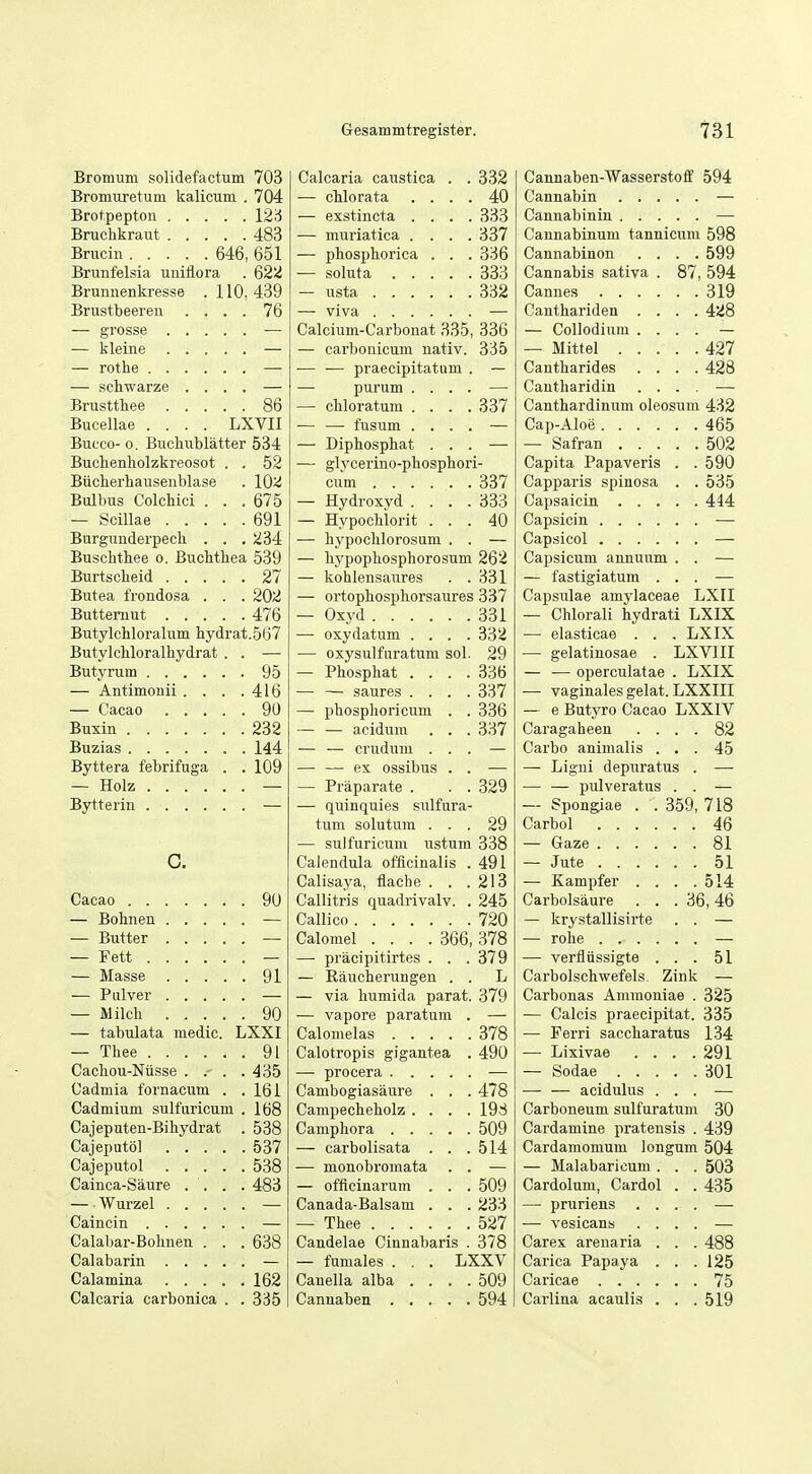 Bromum solidefactum 703 Calcaria caustica . . 332 Cannaben-Wasserstoff 594 Bromuretum kalicum . 704 — cUorata . . . . 40 Brotpepton .... 123 483 — muriatica . . . . 337 Cannabinum tannicum 598 Brucin 646, 651 — phosphorica . . . 336 Cannabinon .... 599 Bruufelsia uniflora . 622 333 Cannabis sativa . o/, 594 Brunnenkresse . 110, 439 332 Brustbeeren . . . 76 Canthariden .... 42o Calcium-Carbonat 335 336 — Collodium .... — — carbonicum nativ. 335 — — praecipitatum . Cantharides .... 42o — sctwarze . . . — purum . . . . Cantharidin .... — 86 Canthardinum oleosum 432 Bucellae .... LXVII ■— — fusum . . . . Bucco- 0, Buchublatter 534 — Dipbospbat . . . Bucbenholzkreosot . 52 — glycerino-phospbori- Capita Papaveris . . 590 Biicherliausenblase lOi! 337 Capparis spinosa . . 535 Bulbus Colchici . . 675 — Hydroxyd . . . . 333 691 — Hypocblorit . . . 40 Burgimderpech . . 234 — bypocblorosum . . Buschtbee o. Buchtbea 539 — bypopbosphorosum 262 Capsicum annuum . . — 27 — kohlensaures . . 331 — fastigiatum ... — Butea frondosa . . 202 — ortopbospborsaures 337 Capsulae amylaceae LXII 476 — Oxvd 331 — Chlorali hydrati LXIX Butylcbloralum liydrat.567 — oxydatum . . . . 332 — elasticae . . . LXiX Butylcbloralhydrat . — oxysulfuratum sol. 29 — gelatmosae . LXVlll 95 336 — ■— operculatae . LXIX — Antimonii . . . 416 337 — vaginales gelat. LXXIII 90 — pbospboricuni . . 336 — e Butyro Cacao LXXIV 232 — — aciduin . . . 337 Caragaheen . . . . o2 144 — — crudum . . . Carbo animalis ... 45 Byttera febrifuga . 109 — — ex ossibus . . — Ligni depuratus . — — Holz — Praparate . . . 329 — — pulveratus . . — — quinquies sulfura- — t^pongiae . . 359, 718 tum solutum . . . 29 Carbol 46 — sulfuricum ustum 338 — Gaze 81 C. Calendula officinalis . 491 Calisaj'-a, flacbe . . . 213 —• Kampfer . . . .514 90 Callitris quadrivalv. . 245 Carbolsaure . . . 36,46 720 — krystallisirte . . — — Butter .... Calomel .... 366, 378 — Fett — pracipitirtes . . . 379 — verflussigte ... 51 91 — Raucheruugen . . L Carbolschweiels. Zink — — via liumida parat. 379 Carbonas Ammoniae . 325 — Mildi .... 90 — vapore paratum . — Calcis praecipitat. 335 — tabulata medic. LXXI 378 — Ferri saccbaratus 134 — Thee 91 Calotropis gigantea . 490 — Lixivae . . . .291 Cachou-Niisse . . 435 Cadmia fornacum . 161 Cambogiasaure . . . 478 — — acidulus ... — Cadmium sulfuricum 168 Campecbebolz . . . . 198 Carboneum sulfuratum 30 Cajeputen-Bihydrat 538 509 Cardamine pratensis . 439 537 — carbolisata . . . 514 Cardamomum longum 504 538 •—• monobromata . . — Malabaricum. . . 503 Cainca-Saure . . . 483 — officinarum . . . 509 Cardolum, Cardol . . 435 Canada-Balsam . . . 233 — pruriens .... — — Tbee 527 — vesicans .... — Calabar-Bohneu . . 638 Candelae Cinnabaris . 378 Carex arenaria . . . 488 — fumales . . . LXXV Carica Papaya . . .125 162 Canella alba . . . . 509 Calcaria carbouica . 335 594 Carlina acaulis . . .519