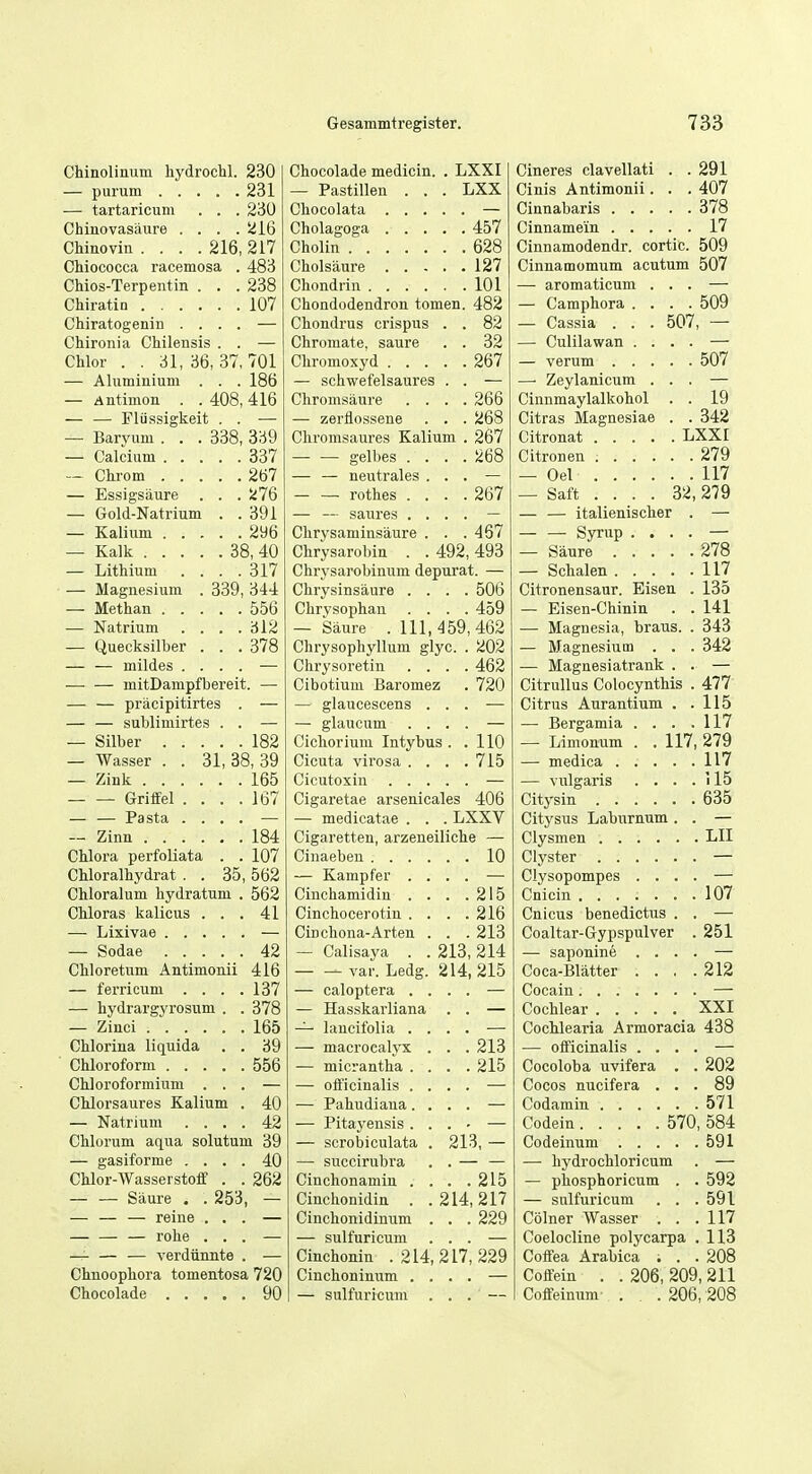 Chinolinum hydrochl. 230 Chocolade medicin. . LXXI Cineres elavellati . . 291 231 — Pastillen . . . LXX Cinis Antimonii. . . 407 — tartaricum . . . 230 378 Chiuovasaure . . . . 216 457 17 Chinovin .... 216,217 Gholin 628 Cinnamodendr. cortic. 509 Chiococca racemosa . 483 , . 127 Cinnamomum acutum 507 Chios-Terpentin . . . 238 , 101 — aromaticum . . . 107 Chondodendron tomen. 482 — Campbora . . . . 509 Chiratogenin . . . . Chondrus crispus . . 82 — Cassia . . . 507, — Chironia Chilensis . . Chromate, saure . . 32 — Culilawan . . . . CWor . . 31, 36,37, 701 , 267 507 — Aluminium . . . 186 — schwefelsaures — Zeylanicum . . . — Antimon . . 408, 416 Cbromsiiure . . .' '. 266 Cinnmaylalkohol . . 19 — — Fliissigkeit . . — zerflossene . . 268 Citras Magnesiae . . 342 — Baryum . . . 338, 339 Cbromsaures Kalium . 267 337 — — gelbes . . . . 268 279 267 — — neutrales . 117 — Essigsaure . . . 276 — — rotbes . . '. '. 267 — Saft ... . 32,279 — Gold-Natrium . . 391 — — italieniscber . 296 Cbrysaminsaure . . . 467 Syrup . . . . — Kalk 38, 40 Chrysarobin . . 492, 493 278 — Lithium . . . . 317 Chrysarobinum depurat. — 117 — Magnesium . 339, 344 Chrysinsaure . . . . 506 Citronensaur. Eisen 135 556 Cbrysophan . . . .459 — Eisen-Cbinin 141 — Natrium . . . . 312 — Saure .111,459,462 — Magnesia, braus. 343 — Quecksilber . . . 378 Chrysophyllum glyc. . 202 — Magnesium . . 342 — — mildes . . . . Chrysoretin . . . . 462 •— Magnesiatrank . •—• — mitDampfbereit. — Cibotium Baromez . 720 Citrullus Colocyntbis 477 — — pracipitirtes . — glaucescens . Citrus Aurantium . 115 — — sublimirtes . . — glaucum . . — Bergamia . . . 117 — Silber 182 Cicborium Intybus . .110 — Limonum . .117, 279 — Wasser . . 31, 38, 39 Cicuta virosa . . . . 715 117 — Zink 165 — vulgaris . . . . 115 Griffel . . . . 167 Cigaretae arsenicales 406 635 — — Pasta . . . . — medicatae . . .LXXV Citysus Laburnum . 184 Cigaretten, arzeneilicbe — ' LII CMora perfoliata . . 107 . 10 CUoralhydrat . . 35, 562 — Kampfer . . Clysopompes . . . Chloralum liydratum . 562 Ciuchamidin . . '. '. 215 ' 107 CKLoras kalicus . . . 41 Cinchocerotin . . . . 216 Cnicus benedictus . Cincbona-Arten . . .213 Coaltar-Gypspulver .' 251 42 — Calisaya . . 213, 214 — saponine . . . Cbloretum Antimonii 416 — — var. Ledg. 214, 215 Coca-Blatter . . . '. 212 — ferricum . . . . 137 — caloptera . . — bydrargyrosum . . 378 — Hasskarliana XXI 165 — laucifolia . . Cochlearia Armoracia 438 Chlorina liquida . . 39 — macrocalyx . '. '.21S — officinalis . . . 556 — micrantha . . . .215 Cocoloba uvifera . . 202 Cbloroformium . . — officinalis . . Cocos nucifera . . . 89 Cblorsaures Kalium . 40 — Pabudiaua. . 571 — Natrium . . . 42 — Pitayensis . . Codein 570, 584 Chlorum aqua solutum 39 — scrobiculata . 213, - 591 — gasiforme . . . 40 —• succirubra — bydrocbloricum Chlor-Wasserstoff . 262 Cinclionamiu . . '. .215 — pbosphoricum . '. 592 — — Saure . . 253 Cinchonidiu . . 214,217 — sulfuricum . . . 591 — — — reiue . , Cincbonidinum . . . 229 Coiner Wasser . . . 117 — — — robe . . — sulfuricum Coelocline polycarpa . 113 — — — verdiinnte Cinchonin . 214,217,229 Coffea Arabica . . . 208 Cbnoopbora tomentosa 720 Cinchoninum . . Coffein . . 206, 209, 211 90 — sulfuricum . Coffeinum- ... 206,208