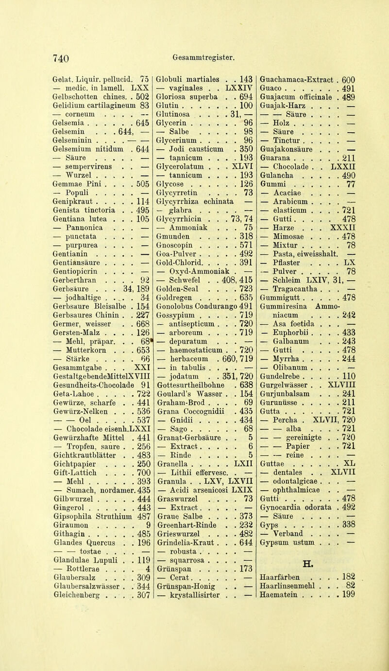 Gelat. Liquir. pellucid. 75 Globuli martiales . . 143 Guachamaca-Extract . 600 — medic, in lamell. LXX — vaginales . . LXXIV Gelbschottea chines. . 502 Gloriosa superba . . oy4 Guajacum officinale . 489 Gelidium cartilagineum 83 1 nn Guajak-Harz , , — coriieum . . . . Glutinosa . . . . 31,- — — Saure . . • • d4o 96 Gelsemin . . . 644, — Salbe . . . . , 98 Gelseminin .... — . 96 Gelsemium nitidum . 644 — Jodi causticum . 350 Guajakonsaure . — tannicum . . . . 193 , , 211 — sempervirens Glycerolatum . . . XLVI — Chocolade . . LXXII — tannicum . . . . 193 . , 490 Gemmae Pini . . , . 126 , . 77 Glj'cyrretin . . . . 73 — Acaciae . . 114 Glycyrrhiza echinata — — Arabicum . . Genista tinctoria . . 4yo — elasticum . . .' .'721 Geutiana lutea . . . iUo Glycj'rrhicin . . . 73, 74 — Gutti. . . . . 478 — Paniionica . , . — Animoniak . . . 75 — Harze . . . XXXII — punctata . . • . 318 — Mimosae . . . .478 — purpurea . . . . . 571 . . 78 492 — Pasta, eiweisshalt. — Gentiansaure . . , . Gold-Chlorid. . . . 391 — Pflaster . . . . LX Gentiopicrin . . . . — Oxyd-Ammoniak . . 78 Gerberthran . . . . 92 — Schwefel . . 408, 415 — Schleim LXIV, 31, — Gerbsaure . . . 34, 189 Golden-Seal . , . . 723 — Tragacantha . — jodhaltige . . ^. . 34 Goldregen . . . . . 635 '478 Gerbsaure Bleisalbe . 154 Gonolobus Condurango 491 Gummiresina Ammo- Gerbsaures Chinin . . 227 719 niacum . . . . 242 Germer, weisser . . 668 — antisepticum . . . 720 — Asa foetida . Gersten-Malz . . . . 126 — arboreum . . . .719 — Euphorbii . . '. .'433 — Mehl, prapar. . . 68« — depuratum . . — Galbanum . .243 — Mutterkorn . . . 653 — haemostaticum . '. 720 — Gutti . . 478 66 — herbaceum . 660, 719 , .244 Gesammtgabe . . . XXI — in tabulis . . . — Olibanum . . Gestal tgebendeMittelX VIII — iodatum . . 351, 720 '. '. 110 Gesundheits-Chocolade 91 Gottesurtheilbohue . 638 Gurgelwasser . . XL VIII 722 Goulard's Wasser . . 154 Gurjunbalsam . . . 241 Gewiirze, scharfe . . 441 Graham-Bred . . . . 69 . , 211 Gewiirz-Nelken . . . 536 Grana Coccognidii . 435 , 721 Oel 537 . 434 — Percha . XLVII, 720 — Chocolade eisenh.LXXI , 68 alba . . . .721 Gewiirzhafte Mittel . 441 Granat-Gerbsaure . . 5 — — gereinigte . . 720 — Tropfen, saure . . 256 6 — — Papier . . 721 Gichtkrautblatter . . 483 ~ Einde . . . . . 5 — — reine . . Gichtpapier . . . . 250 LXII  XL Gift-Latticb . . . . 700 — Lithii effervesc. — dentales . . XLVII 393 Granula . . LXV, LXVII — odontalgicae . — Sumach, nordamer. 435 — Acidi arseuicosi LXIX — ophthalmicae 444 Graswurzel . . . . 73 '478 443 Gynocardia odorata . 492 Gipsophila Struthium 487 Graue Salbe . . . . 373 Giraumon 9 Greenhart-Einde . . 232 338 485 Grieswurzel . . . . 482 — Verband . . Glandes Quercus . . 196 Grindelia-Kraut . . . 644 Gypsum ustum . — — tostae . . . . Glandulae Lupuli . . 119 — squarrosa . . . H. — Eottlerae . . . . 4 ' 173 . . 182 Glaubersalz . . . . 309 Haarfarben . . Glaubersalzwasser . . 344 Grtinspan-Honig Haarlinsenmehl . . . 82 Gleichenberg . . . . 307 — krystallisirter . . . 199