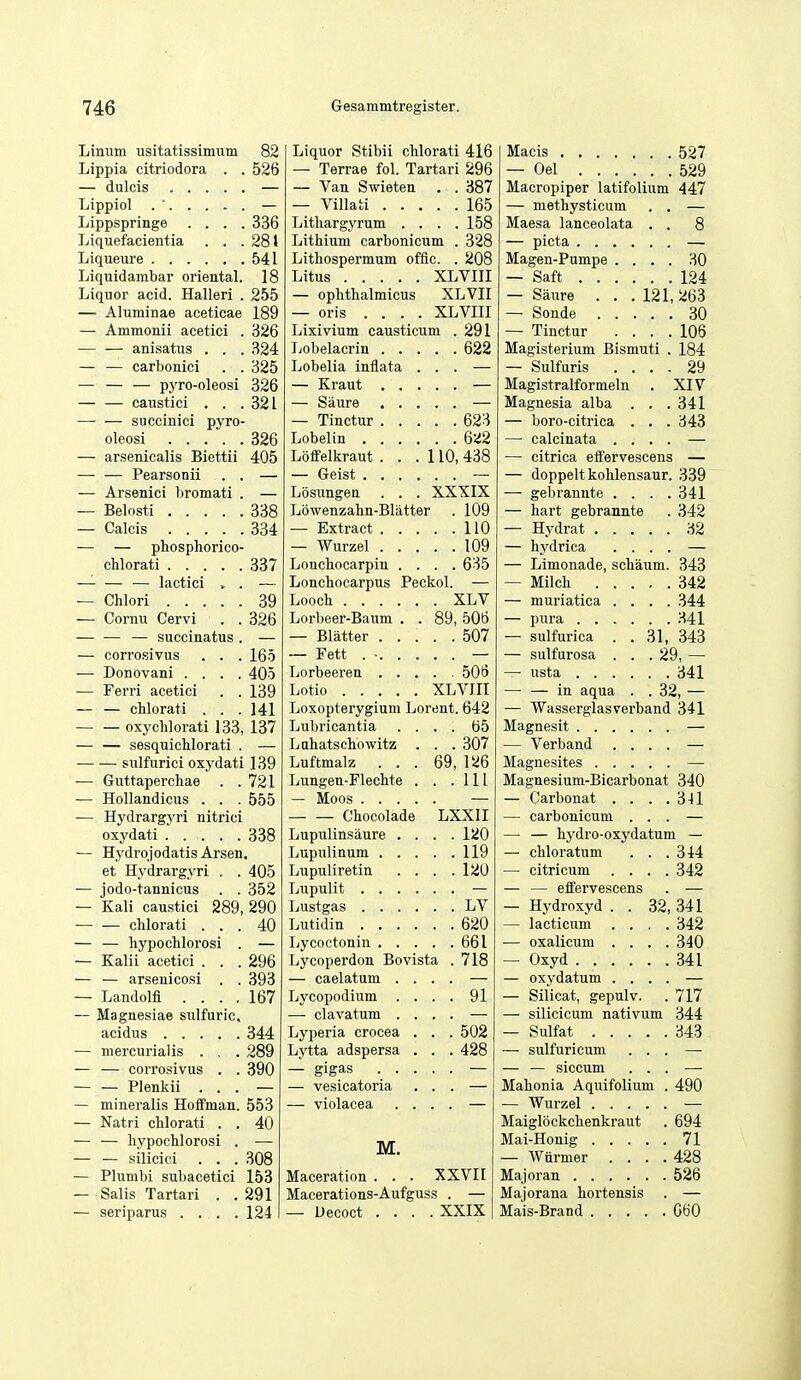 Linum usitatissimum 82 Liquor Stibii chlorati 416 Lippia citriodora . 526 — Terrae fol. Tartari 296 — Oel 529 — dulcis .... — — Van Swieten . . 387 Macropiper latifolium 447 — — Villati 165 — methysticum . . — Lippspringe . . . 336 Lithargyrum . . . . 158 Maesa lanceolata . . 8 Liquefacientia . . 281 Lithium carbonicum . 328 541 Lithospermum offic. . 208 Liquidambar oriental. 18 XLVIII — Saft 124 Liquor acid. Halleri . 255 — ophthalmicus XL VII — Saure . . . 121,263 — Aluminae aeeticae 189 — oris . . . . XLVIII — Sonde 30 — Ammonii acetici . 326 Lixivium causticum . 291 — Tinctur .... 106 -— — anisatus . . . 324 622 Magisterium Bismuti . 184 — — carbonici . . 325 Lobelia inflata . — Sulfuris .... 29 — — — pyro-oleosi 326 Magistralformeln . XIV — — caustici . . . 321 Magnesia alba . . . 341 — — succinici pyro- , 623 — boro-citrica . . .343 326 622 — calcinata .... — — arsenicalis Biettii 405 Loffelkraut . . . 110, 438 — citrica effervescens — — — Pearsonii . . — — doppeltkohlensanr. 339 — Arsenici bromati . — Losungen . . . XXXIX — gebrannte .... 341 338 Lowenzahn-Blatter . 109 — hart gebrannte . 342 334 , no — Hydrat 62 — — phosphorico- 109 — hydrica .... — 337 Louchocarpin . . . . 635 — Limonade, schaum. 343 — — — lactici > . Lonchocarpus Peckol. — — Milch 342 — Chlori 39 XLV — Cornu Cervi . . 326 Lorbeer-Baum . . 89, 506 — — — succinatus . 507 — sulfurica . . 31, 343 — corrosivus . . . 165 — Fett . -. . . — sulfurosa . . . 29, —• — Donovani . . . . 405 Lorbeeren . . . . . 50t} — Ferri acetici . . 139 XLVIII in aqua . .32, — — — chlorati . . . 141 Loxopterygium Lorent. 642 — Wasserglasverband 341 — — oxychlorati 133, 137 Lubricantia . . . . 65 Magnesit — — — sesquichlorati . Lahatschowitz . . . 307 — Verband .... — sulfurici oxydati 139 Luftmalz . . . 69, 126 — Guttaperchae . . 721 Lungen-Flechte . . . HI Magnesium-Bicarbonat 340 — Hollandicus . . . 555 — Carbonat . . . .341 — Hydrarg3'ri nitrici — — Chocolade LXXII — carbonicum ... — 338 Lupulinsaure . . . . 120 — — hydro-oxydatum — — Hydrojodatis Arsen. 119 — chloratum . . .344 et Hydrargyri , . 405 Lupuliretin . . . . 120 — citricum .... 342 — iodo-tannicus . . 352 — — effervescens . — — Kali caustici 289, 290 LV — Hydroxyd . . 32, 341 — — chlorati . . . 40 , , 620 — lacticum .... 342 — — hypochlorosi . , , 661 — oxalicum .... 340 — Kalii acetici . . . 296 Lycoperdon Bovista . 718 — Oxyd 341 — — arsenicosi . . 393 — caelatum . . — oxydatum .... — — Landolfi .... 167 Lycopodium . . '. '. 91 — Silicat, gepulv. . 717 — Magnesias sulfuric. — clavatum . . — silicicum nativum 344 acidus 344 Lyperia crocea . .' .' 502 — Sulfat 343 — mercurialis . . . 289 Lytta adspersa . . . 428 — sulfuricum ... — — — corrosivus . . 390 — gigas . . . — — siccum ... — Plenkii . . . — vesicatoria Mahonia Aquifolium . 490 — mineralis Hoffman. 553 — violacea . . — Natri chlorati . . 40 Maiglockchenkraut . 694 — — hypochlorosi . M. Mai-Honig 71 — — silicici . . . 308 — Wiirmer .... 428 — Plumbi subacetici 153 Maceration . . . XXVII — Salis Tartari . . 291 Macerations-Aufguss . — Majorana hortensis . — — seriparus .... 124 — Uecoct . . . . XXIX