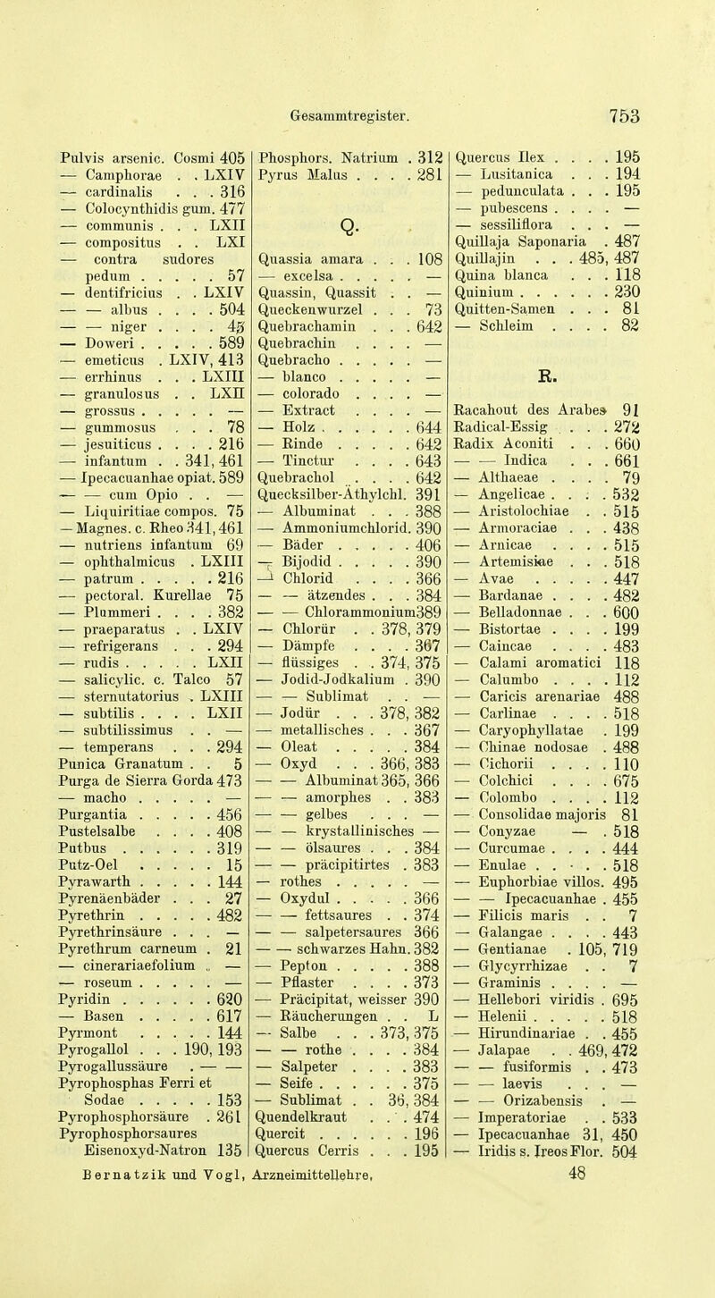 Pulvis arsenic. Cosmi 405 — Campliorae . . LXIV — cardinalis . . .316 — Colocynthidis gum. 477 — communis . . . LXII — compositus . . LXI — contra sudores pedum 57 — dentifricius . . LXIV — — albus .... 504 ■ niger .... 40 — Doweri 589 — emeticus . LXIV, 413 — errhinus . . . LXIII — granulosus . . LXn — grossus — — gummosus ... 78 — jesuiticus . . . .216 — infantum . . 341, 461 — Ipecacuanhae opiat. 589 — — cum Opio . . — — Liquiritiae compos. 75 — Magnes. c, Rheo 341,461 — nutriens infantum 69 — oplithalmicus . LXIII — patrum 216 — pectoral. Kurellae 75 — Plammeri .... 382 — praeparatus . . LXIV —• refrigerans . . . 294 — rudis LXII — salicylic, c. Talco 57 — sternutatorius . LXIII — subtilis .... LXII — subtilissimus . . — — temperans . . . 294 Punica Granatum . . 5 Purga de Sierra Gorda 473 — macho — Purgantia 456 Pustelsalbe . . . .408 Putbus 319 Putz-Oel 15 Pyrawarth 144 Pyrenaenbader ... 27 Pyrethrin 482 Pyrethrinsaure . . . — Pyre thrum carneum . 21 — cinerariaefolium „ — — roseum — Pyridin 620 — Basen 617 Pyrmont 144 Pyrogallol . . . 190, 193 Pyrogallussaure . — — Pyrophosphas Ferri at Sodae 153 Pyrophosphorsaure . 261 Pyrophosphorsaures Eisenoxyd-Natron 135 Phosphors. Natrium . 312 Pyras Malus . . . .281 108 73 642 644 642 643 642 391 388 390 406 390 366 384 Quassia amara . . — excelsa .... Quassin, Quassit . Queckenwurzel . . Quebrachamin . . Quebrachin . . . Quebracho .... — bianco .... — Colorado . . . — Extract . . . — Holz — Rinde .... — Tinctur . . . Quebrachol ... Quecksilber-Athylchl — Albuminat . . — Ammoniumchlorid — Bader . . -7 Bijodid . . —I Chlorid . — — atzendes — — Chlorammonium389 ~ Chlorur . . 378, 379 — Dampfe .... 387 — flussiges . . 374, 375 — Jodid-Jodkalium . 390 — — Sublimat . . — — Jodur . . . 378, 382 — metallisches . . . 367 — Oleat 384 — Oxyd . . . 366, 383 Albuminat 365, 366 — — amorphes . . 383 — — gelbes ... — — — krystallinisches —• — — olsaures . . . 384 pracipitirtes . 383 — rothes — — Oxydul 366 — — fettsaures . . 374 — — salpetersaures 366 schwarzes Hahn. 382 — Pepton 388 — Pflaster .... 373 — Pracipitat, weisser 390 — Raucherungen . . L — Salbe . . . 373, 375 — — rothe — Salpeter — Seife . . -— Sublimat Quendelki'aut Quercit . . . Quercus Cerris 384 . . 383 . . 375 36, 384 . ■ . 474 . . 196 . . 195 Bernatzik und Vogl, Arzneimittellehre, Quercus Ilex .... 195 — Lvisitanica . . . 194 — pedunculata . . . 195 — pubescens . — sessiliflora Quillaj a Saponaria . 487 QuiUajin . . . 485, 487 Quina blanca . . . 118 Quinium 230 Quitten-Samen ... 81 — Schleim .... 82 R. Racahout des Ai'abes 91 Radical-Essig ... 272 Radix Aconiti . . . 660 — — Indica . . . 661 — Althaeae . ... 79 — Angelicae .... 532 — Aristolochiae . .515 — Armoraciae . . . 438 — Arnicae . . . .515 — Artemisifte . . . 518 — Avae 447 — Bardanae .... 482 — Belladonnae . . . 600 — Bistortae .... 199 — Caincae .... 483 — Calami aromatici 118 — Calumbo . . . .112 — Caricis arenariae 488 — Carlinae . . . .518 — Caryophyllatae . 199 — Chinae nodosae . 488 — Oichorii . . . .110 — Colchici .... 675 — Colombo .... 112 — Consolidae majoris 81 — Conyzae — .518 — Curcumae .... 444 — Enulae . . - . . 518 — Euphorbiae villos. 495 — — Ipecacuanhae . 455 — Filicis maris . . 7 — Galangae .... 443 — Gentianae . 105, 719 — Glycyrrhizae . . 7 — Graminis .... — — Hellebori viridis . 695 — Helenii 518 — Hirundinariae . . 455 — Jalapae . . 469, 472 — — fusiformis . . 473 — — laevis ... — — ■— Orizabensis . — — Imperatoriae . . 533 — Ipecacuanhae 31, 450 — Iridis s. IreosFIor. 504 48