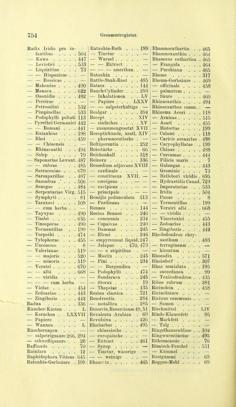 Radix Iridis pro iii- JAd/ldliliict XVUlll . . . 1QQ Rbamnocatbartiii . 403 fantibus — Tinctur . . . . Rhamnoxantbin . . . 454 •44/ — Wurzel Rbamnus catbartica . 465 — Xjevistici . . , 000 — — Extract . . . — Frangula . 4o4 — Ijic[uiritia6 . . / 0 — — — amerikan. . — Pursbiana . 4b5 — — Hispanicae . . — — Rossicae . . . Rattle-Snak-Root . . 485 Rbeum-Gerbsaure . ■ 4dU — Mahoniae . . . . 490 144 — oificinale . 45o 622 Rauch-Oylinder . . . 293 — palmatum , , — Ononidis . . . . 482 — Inhalationen . . LV A CCi — Pereirae . . . . — Papiere . . . LXXV Rbinacautbin . AQA . 4y4 — Petroselini . . . 532 — — salpeterhaltige Rhinacautbus comm. — Pimpinellae . . . 533 394 Rbizoma Acori . . llo — Podopliylli peltati 113 XIV K 1 K — Pyrethi'i Germanici 442 — einfacbes . . . . XV AKK — — Romani . . . 441 — zusammengesetzt XVII — Ristortae . . — Ratanhiae . . . 198 Receptirkunde, arztl. XIV 1 1 Q . iio — Rhei 459 — pbarmaceutiscbe . — Caricis arenariae , 488 — — Chinensis . . Refrigerantia . . . . 252 — Caryopbyllatae . 199 — Rliinacautlii . . 494 66 — Cbinae .... 488 79 318 — Curcumae . . . . 444 — Saponariae Levant. 487 Reinerz 336 — Filicis maris . . 7 — — rubrae . . . 485 Remedium adiuvans XVIII — Galangae . . . . 443 — Sarraceniae . . 679 — cardinale . . . . 73 — Sarsaparillae . . 487 — constituens XVI1 — Hellebori viridis . 695 — Sassafras .' . . . 506 — corrigens . . . — — Hydrastidis Cauad. 723 — Senegae . . . . 484 — excipiens . . . — — Imperatoriae . 533 — Serpentariae Virg. 515 — principale . . — 504 — Sympliyti . . . . 81 Remijia jiedunculata 213 — Panae .... 8 — Taraxaci . . . . 109 — Purdieana . . . — Tormentillae . 199 — — cum herba . . 144 — Veratri albi . . . 668 — Tayuyae . . . . 490 Resina Benzoe . . . 246 — — viridis . . . — Timbo 635 — communis . . . 234 — Vincetoxici . . .' 455 — Tinosporae . . . 490 — Copaivae . . . . 240 — Zedoariae . . . . 443 — Tormentillae , . 199 — Dammar . . . . 245 — Zingiberis . . . . 442 — Turpetbi . . . . 474 246 Rbododendron cbr^^- — Tylophorae . , . 455 — empyreumat. liquid. 247 santhum . . . . 483 — TJiicomoco . . . 8 — Jalapae . . 470, 473 — ferrugineum . . — Valerianae . . . 519 — — e stipitibus — birsutum . . . — — majoris . . . 520 — Mastix 245 Rboeadin . . ; . . 571 — — minoris . . . 519 Rboisdorf .... 307 — Veratri 670 — — Burgundica Rbus semialata . . 195 — — albi . . . . 668 — Podophylli . . . 474 — succedanea . . . 99 — — viridis . . . — Sandaraca . . . 245 — Toxicodendron . 435 — — — cum herba 19 Ribes rubrum . . . 281 454 — Tbapsiae . . . . 435 458 — Zedoariae . . . . 443 Resina elastica . . . 721 Ricinolsiiure . . . — Zingiberis . . . 442 Resolventia . . . . 284 Ricinus communis . Radna 336 — metallica . . . . 285 — Samen .... Raucher-Kasten , . . L Resorcin,Resorcinum48, 51 Riechmittel . . . LIV — Kerzclien . . LXXVII Revalenta Arabica . 69 Rinds-Klauenfett . 95 — Papiere . . . . 426 — Markfett . . . — Wannen . . . . L 495 — Talg Riiucberungen . . . — chinesische . . . Ringelhausenblase . 102 — salpetrigsaure 266, 294 — europaische . . . Ringwurmtinctur . 495 — schwefligsaure . . 28 — Extract . . . . 461 Robrencassie . . . 76 Raifinade 70 Romiscb-Fenchel . 531 Rainfarn 12 — Tinctur, -wassrige — Kiimmel . . . Raphidophora Vitiens 645 — ■— weinige . . . Rostgummi . . . 68 Ratanhia-Gerbsaure . 199 465 Roggen-Mebl . . . 69