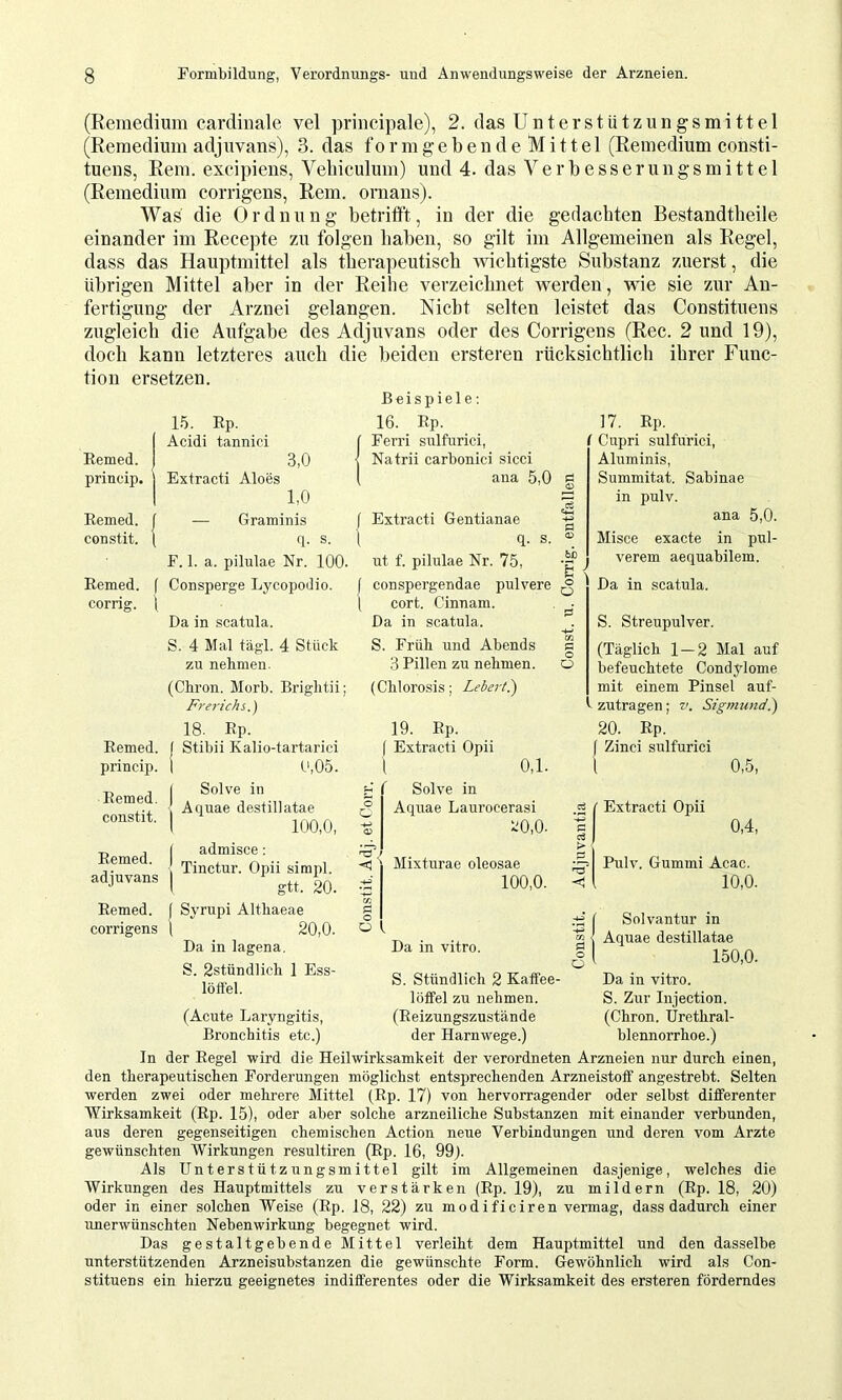 (Remedium cardiiiale vel priiicipale), 2. das Unterstützungsmittel (Reraedium adjuvans), 3. das f o r m g e b e n d e M i 11 e 1 (Remedium consti- tuens, Rem. excipiens, Vebiculum) und 4. das Verbesserungsmittel (Remedium corrigens, Rem. ornans). Was die Ordnung betrifft, in der die gedachten Bestandtheile einander im Recepte zu folgen haben, so gilt im Allgemeinen als Regel, dass das Hauptmittel als therapeutisch wichtigste Substanz zuerst, die übrigen Mittel aber in der Reihe verzeichnet werden, wie sie zur An- fertigung der Arznei gelangen. Nicht selten leistet das Constituens zugleich die Aufgabe des Adjuvans oder des Corrigens (Rec. 2 und 19), doch kann letzteres auch die beiden ersteren rücksichtlich ihrer Func- tion ersetzen. Beispiele; 15. Ep. 16. Ep. iAcidi tannici [ Ferri sulfurici, 3,0 ] Natrii carbonici sicci Extracti Aloes l ana 5,0 1,0 Eemed. j — Graminis f Extracti Gentianae constit. { q. s. ( q. s. F. 1. a. pilulae Nr. 100. ut f. pilulae Nr. 75, Eemed. f Consperge Lycopodio. j conspergeudae pulvere corrig. | ( cort. Cinnam. Da in scatula. Da in scatula. S. 4 Mal tägl. 4 Stück S. Früh und Abends zu nehmen. 3 Pillen zu nehmen. (Chron. Morb. Brightii; (Chlorosis; Lebert^ Fr er ich s.) 18. Ep. 19. Ep. Eemed. ( Stibii Kalio-tartarici ( Extracti Opii princip. 0,05. l 0,1. Eemed. constit. I Solve in Aquae destillatae 100,0, U O O ■4^ a;> Solve in Aquae Laurocerasi 20,0. Eemed. adjuvans [ admisce: Tinctur. Opii simpl. I gtt. 20. <1 Mixturae oleosae 100,0. Eemed. Syrupi Althaeae cc ö Ö corrigens _ 20,0. ü 1 Da in lagena. Da in vitro. S. 2stündlich 1 Ess- löffel. S. Stündlich 2 Kaffee löffel zu nehmen. (Acute Laryngitis, (Eeizungszu-stände Bronchitis etc.) der Harnwege.) •4-3 bh ■g o o 17. Ep. ( Cupri sulfurici, Aluminis, Summitat. Sabinae in pulv. ana 5,0. Misce exacte in pul- verem aequabilem. Da in scatula. S. Streupulver. (Täglich 1 — 2 Mal auf befeuchtete Condylome mit einem Pinsel auf- ^ zutragen; v. Sigmund.) 20. Ep, ( Zinci sulfurici 0,5, Extracti Opii 0,4, Pulv. Gummi Acac. 10,0. ( Solvantur in g < Aquae destillatae 3 ( 150,0. Da in vitro. S. Zur Injection. (Chron. Urethral- blennoiThoe.) In der Eegel wird die Heil Wirksamkeit der verordneten Arzneien nur durch einen, den therapeutischen Forderungen möglichst entsprechenden Arzneistoff angestrebt. Selten werden zwei oder mehrere Mittel (Ep. 17) von hervorragender oder selbst differenter Wirksamkeit (Ep. 15), oder aber solche arzneiliche Substanzen mit einander verbunden, aus deren gegenseitigen chemischen Action neue Verbindungen und deren vom Arzte gewünschten Wirkungen resultiren (Ep. 16, QOj. Als Unterstützungsmittel gilt im Allgemeinen dasjenige, welches die Wirkungen des Hauptmittels zu verstärken (Ep. 19), zu mildern (Ep. 18, 20) oder in einer solchen Weise (Ep. 18, 22) zu modificiren vermag, dass dadurch einer unerwünschten Nebenwirkung begegnet wird. Das gestaltgebende Mittel verleiht dem Hauptmittel und den dasselbe unterstützenden Arzneisubstanzen die gewünschte Form. Gewöhnlich wird als Con- stituens ein hierzu geeignetes indifferentes oder die Wirksamkeit des ersteren förderndes