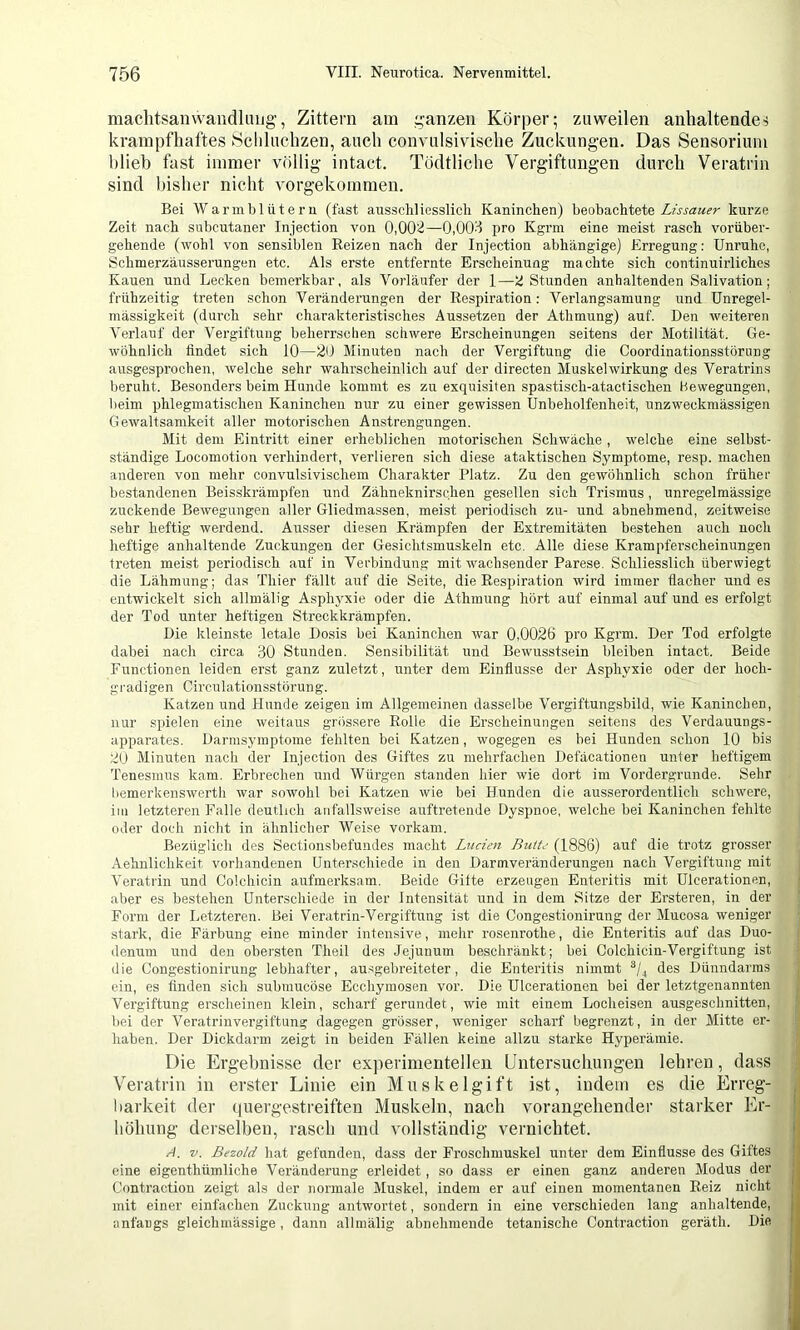 maclitsanwandliujg’, Zittern am ganzen Körper; zuweilen anhaltende-s krampfhaftes 8cliluchzen, auch convulsivische Zuckungen. Das Sen.sorium l)lieh fast immer völlig intact. Tödtliche Vergiftungen durch Veratrin sind bisher nicht vorgekommen. Bei Warmblütern (fast ausschliesslicli Kaninchen) beobachtete kurze Zeit nach snbcutaner Injection von 0,002—0,003 pro Kgrm eine meist rasch vorüber- gehende (wohl von sensiblen Beizen nach der Injection abhängige) Erregung: Unruhe, Schmerzäusserungen etc. Als erste entfernte Erscheinung machte sich continuirliches Kauen und Lecken bemerkbar, als Vorläufer der 1—2 Stunden anhaltenden Salivation; frühzeitig treten schon Veränderungen der Eespiration: Verlangsamung und Unregel- mässigkeit (durch sehr charakteristisches Aussetzen der Athmung) auf. Den weiteren Verlauf der Vergiftung beherrsclien schwere Erscheinungen seitens der Motilität. Ge- wöhnlich findet sich 10—20 Minuten nach der Vergiftung die Coordinationsstörung ausgesprochen, welche sehr wahrscheinlich auf der directen Muskelwirkung des Veratrins beruht. Besonders beim Hunde kommt es zu exquisiten spastisch-atactischen Bewegungen, beim phlegmatischen Kaninchen nur zu einer gewissen Unbeholfenheit, unzweckmässigen Gewaltsamkeit aller motorischen Anstrengungen. Mit dem Eintritt einer erheblichen motorischen Schwäche , welche eine selbst- ständige Locomotion verhindert, verlieren sich diese ataktischen Symptome, resp. machen anderen von mehr convulsivischem Charakter Platz. Zu den gewöhnlich schon früher bestandenen Beisskrämpfen und Zähneknirschen gesellen sich Trismus , unregelmässige zuckende Bewegungen aller Gliedmassen, meist periodisch zu- und abnehmend, zeitweise sehr heftig werdend. Ausser diesen Krämpfen der Extremitäten bestehen auch noch heftige anhaltende Zuckungen der Gesichtsmuskeln etc. Alle diese Krampfei’scheinungen treten meist periodisch auf in Verbindung mit wachsender Parese. Schliesslich überwiegt die Lähmung; das Thier fällt auf die Seite, die Respiration wird immer flacher und es entwickelt sich allmälig Asphyxie oder die Athmung hört auf einmal auf und es erfolgt der Tod unter heftigen Streckkrämpfen. Die kleinste letale Dosis bei Kaninchen war 0,0026 pro Kgrm. Der Tod erfolgte dabei nach circa 30 Stunden. Sensibilität und Bewusstsein bleiben intact. Beide Functionen leiden erst ganz zuletzt, unter dem Einflüsse der Asphyxie oder der hoch- gradigen Circulationsstörung. Katzen und Hunde zeigen im Allgemeinen dasselbe Vergiftungsbild, wie Kaninchen, nur spielen eine weitaus grössere Rolle die Erscheinungen seitens des Verdauungs- apparatcs. Darinsymptome fehlten bei Katzen, wogegen es bei Hunden schon 10 bis 20 Minuten nach der Injection des Giftes zu mehrfachen Defäcationen unter heftigem Tenesmus kam. Erbrechen und Würgen standen hier wie dort im Vordergründe. Sehr bemerkenswerth war sowohl bei Katzen wie bei Hunden die ausserordentlich schwere, im letzteren Falle deutlich anfallsweise auftretende Dyspnoe, welche bei Kaninchen fehlte oder doch nicht in ähnlicher Weise vorkam. Bezüglich des Sectionsbefundes macht Luden Butte (1886) auf die trotz grosser Aehnlichkeit vorhandenen Unterschiede in den Darmveränderungen nach Vergiftung mit Veratrin und Colcliicin aufmerksam. Beide Gifte erzeugen Enteritis mit Ulcerationen, aber es bestehen Unterschiede in der Intensität und in dem Sitze der Ersteren, in der Form der Letzteren. Bei Veratrin-Vergiftung ist die Congestiouirung der Mucosa weniger stark, die Färbung eine minder intensive, mehr rosenrothe, die Enteritis auf das Duo- denum und den obersten Theil des Jejunum beschränkt; bei Colchicin-Vergiftung ist die Congestiouirung lebhafter, ausgebreiteter, die Enteritis nimmt des Dünndarms ein, es finden sich subnuicöse Ecchymosen vor. Die Ulcerationen bei der letztgenannten Vergiftung erscheinen klein, scharf gerundet, wie mit einem Locheisen ausgeschnitten, bei der Veratrinvergiftung dagegen grösser, weniger scharf begrenzt, in der Mitte er- haben. Der Dickdarm zeigt in beiden Fällen keine allzu starke Hyperämie. Die Ergebnisse der experimentellen Untersuchnngen lehren, dass V'eratrin in erster Linie ein Mnskeigift ist, indem es die Erreg- barkeit der quergestreiften Muskeln, nach vorangehender starker Er- höhung derselben, rasch und vollständig vernichtet. A. V. Bezold hat gefunden, dass der Froschmuskel unter dem Einflüsse des Giftes eine eigenthümliche Veränderung erleidet, so dass er einen ganz anderen Modus der Contraction zeigt als der normale Muskel, indem er auf einen momentanen Reiz nicht mit einer einfachen Zuckung antwortet, sondern in eine verschieden lang anhaltende, anfangs gleichmässige, dann allmälig abnehmende tetanische Contraction geräth. Die