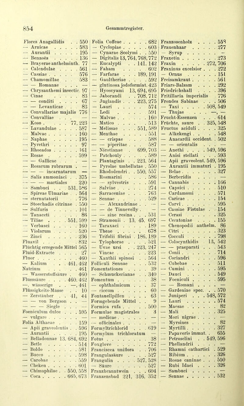 Flores Anagallidis . . 550 —• Arnicae 583 — Aurantii 195 — Benzoes 136 — Brayerae anthelininth. 77 -- Calendulae .... 561 i — Cassiae 576 i — Chamomillae . . 583 ' — — Eomanae ... — I —- Chrysanthenü insectic. 97 —■ Cinae 83 —■ — conditi .... 67 — — Levanticae ... 83 — Convallariae majalis 776 — Convalliae ... — — Koso . ... 77, 223 — Lavandulae .... 587 - Malvae 160 ^ Naphae 195 — Pyrethri 97 — Ehoeados 161 — Eosae . .... 599 — — Gallicae . . . — — Eosarum rubrarum . — — — — incarnatarum — —• Salis ammoniaci . . 375 — — — martiales . 220 — Sambuci . . . 531,586 — Spireae Ulmariae . . 564 — sternutatorii . . 776 — Stoecbadis citrinae . 550 — Sulfuris 101 — Tanaceti 86 — Tiliae . . . .551,599 — Verbasci 160 —• Violarum 520 — Zinci 236 Pluavil .... . 832 Flüchtig erregende Mittel 565 Fluid-Extracte .... 27 Fluor 460 — Kalium . . . 461, 462 Natrium 461 — Wasserstolt'säure . 460 Flusssäure .... 460, 462 —, wässerige . . —, 461 Flüssigkeits-Masse . . 10 —- Zerstäuber . . 41, 44 — — von Bergson . . — — — — Siegle ... — Poeniculum dulce . . . 595 — vulgare — Folia Altliaeae ... 159 — Apii graveolentis . . 596 — Aurantii 195 — Belladonnae 13, 684, 692 — Bette 514 — Boldo 581 — Buceo 598 — Carobae 559 — Cheken 601 — Chimaphilae . . 550, 558 — Coca 665, 673 Folia Coffeae 682 — Cyclopiae 603 — Cynarae Scolymi . . 550 — Digitalis 13,764,768,772 — Eucalypti . . 141, 142 — Faham 602 — Farfarae . . . 189, 191 — Gaultheriae .... 592 — glutinosa jodoformiat. 423 — Hyoscyami 13, 694, 695 — Jaborandi . . 708, 712 — Juglandis . . . 223, 275 — Lauri 574 — Ledi 591 — Malvae 160 — Matico ..... 513 — Melissae . . . 551,589 — Menthae 551 — — crispae .... 588 — — piperitae . . . 587 — Nicotianae . 699,703 — Patchouly 589 — Plantaginis . . 223, 564 — Pyrolae umbell atae . 550 — Ehododendri. . 550, 557 — Eosmarini .... 586 — — sylvestris . . . 591 —- Salviae 274 — Sarraceniae . . . .763 — Sennae 529 — — Alexandrinae . . — — — de Tinnevelly . — — — sine resina . . .531 — Stramonii . 13, 45, 697 — Taraxaci 189 — Theae .678 — Trifolii fibrini . 186, 189 — Tylophorae . . . .521 — Uvae ursi . . 223, 247 — Vincae 223 — Xanthii spinosi . . 564 Folliculi Sennae . . . 532 Fomentationes .... 39 — Schmuckerianae . . 340 Pomentum 38 — ophthalmicum ... 37 — siccum 60 Fontanellpillen .... 63 Formgebende Mittel . . 9 Formica rufa 500 Formulae magistrales . 3 — medicae — — offlcinales — Pormyltrichlorid . . .619 Pormylum trichloratum — Fötus 38 Foxglove 772 Franciscea uniflora . . 706 Prangulasäure .... 527 Frangulin .... 527, 528 — Säure 527 Franzbranntwein . . . 604 Franzensbad 221, 316, 352 Franzosenholz .... 55S Frauenhaar 277 — Syrup - Fraxetin 273 Fraxin 272, 706 Fraxinus excelsior . . . 272 — Ornus 151 Freisamkraut 561 Friars-Balsam .... 292 Friedrichshall .... 396 Fritillaria imperialis . 776 Frondes Sabinae . . . 506 — Taxi 508, 549 — Thujae ... —, — Frucht-Essenzen . . .614 Früchte, saure . . 325, 548 Fructus aciduli .... 325 — Alkekengi . . . . 548 — Anacardii Occident. . 502 — — orientalis ... — — Anethi .... 549, 596 — Anisi stellati . . . 593 — Apii graveolent. 549, 596 — Aurantii immaturi . 195 — Belae 327 — Berberidis .... — — Cannabis 166 — Capsici 510 — Cardamomi . . . .571 — Caricae 154 — Carvi 595 — Cassiae Fistulae . . 154 — Cerasi 325 — Ceratoniae .... 155 — Chenopodii anthelm. 86 — Citri 323 — Cocculi 798 — Colocynthidis . 13, 542 — — praeparati . . . 543 — Conii 714 — Coriandri .... 596 — Cubebae .... 511 — Cumini 595 — Dauci 549 — Foeniculi 595 — — Eomani .... — — Gardeniae spec. . . 570 — Juniperi . . . 548, 572 — Lauri 574 — Maesae 82 — Mali 325 — Mori nigrae .... — —- Myrsines 82 — Myrtilli 327 — Papaveris immat. . 655 — Petroselini . . 549, 596 — Phellandrii .... — — Ehamni cathartici . 529 — Eibium 326 — Eosae caninae . . . 550 — Eubi Idaei .... 326 — Sambuci — — Sennae 532