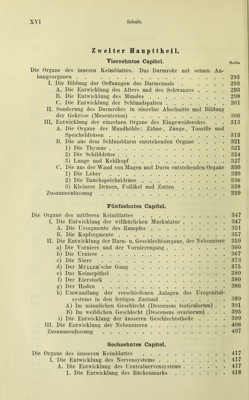 Zweiter Haupttlieil. Vierzehntes Capitel. Seite Die Organe des inneren Keimblattes. Das Darmrohr mit seinen An- hangsorganen 293 I. Die Bildung der Oeffnungen des Darmcanals 293 A. Die Entwicklung des Afters und des Schwanzes .... 293 B. Die Entwicklung des Mundes 298 C. Die Entwicklung der Schlundspalten 301 II. Sonderung des Darmrohrs in einzelne Abschnitte und Bildung der Gekröse (Mesenterien) 306 III. Entwicklung der einzelnen Organe des Eingeweiderohrs . . 313 A. Die Organe der Mundhöhle: Zähne, Zunge, Tonsille und Speicheldrüsen 313 B. Die aus dem Schlunddarm entstehenden Organe .... 321 1) Die Thymus 321 2) Die Schilddrüse 324 3) Lunge und Kehlkopf 327 C. Die aus der Wand von Magen und Darm entstehenden Organe 330 1) Die Leber 330 2) Die Bauchspeicheldrüse 336 3) Kleinere Drüsen, Follikel und Zotten 338 Zusammenfassung 339 Fünfzehntes Capitel. Die Organe des mittleren Keimblattes 347 I. Die Entwicklung der willkürlichen Muskulatur 347 A. Die Ursegmente des Rumpfes 351 B. Die Kopfsegmente 357 II. Die Entwicklung der Harn- u. Geschlechtsorgane, der Nebenniere 359 a) Die Vorniere und der Vornierengang 360 b) Die Urniere 367 c) Die Niere 373 d) Der MüLLER’sche Gang 375 e) Das Keimepithel 380 f) Der Eierstock 380 g) Der Hoden 386 h) Umwandlung der verschiedenen Anlagen des Urogenital- systems in den fertigen Zustand 389 A) Im männlichen Geschlecht (Descensus testiculorum) . . 391 B) Im weiblichen Geschlecht (Descensus ovariorum) . . . 395 i) Die Entwicklung der äusseren Geschlechtstheile .... 399 III. Die Entwicklung der Nebennieren 406 Zusammenfassung 407 Sechzehntes Capitel. Die Organe des äusseren Keimblattes 417 I. Die Entwicklung des Nervensystems 417 A. Die Entwicklung des Centralnervensystems 417 1. Die Entwicklung des Rückenmarks 418