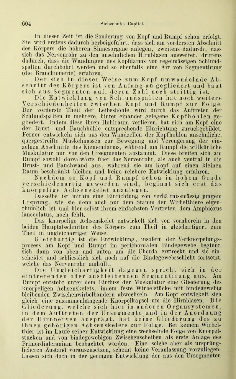 In dieser Zeit ist die Sonderung von Kopf und Rumpf scliou erfolgt. Sie wird erstens dadurch herbeigeführt, dass sich am vordersten Abschnitt des Körpers die höheren Sinnesorgane anlegen, zweitens dadurch, dass sich das Nervenrohr zu den ansehnlichen Hirnblasen ausweitet, drittens dadurch, dass die Wandungen des Kopfdarms von regelmässigen Schlund- spalteu durchbohrt werden und so ebenfalls eine Art von Segmentirung (die Branchiomerie) erfahren. Der sich in dieser Weise zum Kopf umwandelnde Ab- schnitt des Körpers ist von Anfang an gegliedert und baut sich aus Segmenten auf, deren Zahl noch strittig ist. Die Entwicklung von Schlundspalten hat noch weitere Verschiedenheiten zwischen Kopf und Rumpf zur Folge. Der vorderste Theil der Leibeshöhle wird durch das Auftreten der Schluudspalten in mehrere, hinter einander gelegene Kopfhöhlen ge- gliedert. Indem diese ihren Hohlraum verlieren, hat sich am Kopf eine der Brust- und Bauchhöhle entsprechende Einrichtung zurückgebildet. Ferner entwickeln sich aus den Wandzellen der Kopfhöhlen ansehnliche, quergestreifte Muskelmassen zur Bewegung und Verengerung der ein- zelnen Abschnitte des Kiemendarms, während am Rumpf die willkürliche Muskulatur nur von den Ursegmenten abstammt. Diese breiten sich am Rumpf sowohl dorsalwärts über das Nervenrohr, als auch ventral in die Brust- und Bauchwand aus, während sie am Kopf auf einen kleinen Raum beschränkt bleiben und keine reichere Entwicklung erfahren. Nachdem so Kopf und Rumpf schon in hohem Grade verschiedenartig geworden sind, beginnt sich erst das knorpelige Achsenskelet anzulegen. Dasselbe ist mithin eine Einrichtung von verhältnissmässig jungem Ursprung, wie sie denn auch nur dem Stamm der Wirbelthiere eigen- thümlich ist und hier seihst ihrem einfachsten Vertreter, dem Amphioxus lanceolatus, noch fehlt. Das knorpelige Achsenskelet entwickelt sich von vornherein in den beiden Hauptabschnitten des Körpers zum Theil in gleichartiger, zum Theil in ungleichartiger Weise. Gleichartig ist die Entwicklung, insofern der Verknorpelungs- process am Kopf und Rumpf im perichordalen Bindegewebe beginnt, sich dann von oben und unten um die Chorda erstreckt und sie ein- scheidet und schliesslich sich noch auf die Bindegewebsschicht fortsetzt, welche das Nervenrohr umhüllt. Die Ungleichartigkeit dagegen spricht sich in der eintretenden oder ausbleibenden Segmentirung aus. Am Rumpf entsteht unter dem Einfluss der Muskulatur eine Gliederung des knorpeligen Achsenskelets, indem feste Wirbelstücke mit bindegewebig bleibenden Zwischenwirbelbändern abwechseln. Am Kopf entwickelt sich gleich eine zusammenhängende Knorpelkapsel um die Hirnblasen. D i e Gliederung, welche sich hier in anderen 0 rgan systemen, in dem Auftreten der Ursegmente und in der Anordnung der Hirnnerven ausprägt, hat keine Gliederung des zu ihnen gehörigen Achsenskelets zur Folge. Bei keinem Wirbel- thier ist im Laufe seiner Entwicklung eine wechselnde Folge von Knorpel- stücken und von bindegewebigen Zwischenscheiben als erste Anlage des Primordialcranium beobachtet worden. Eine solche aber als ursprüng- licheren Zustand vorauszusetzen, scheint keine Veranlassung vorzuliegeu. Lassen sich doch in der geringen Entwicklung der aus den Ursegmenten