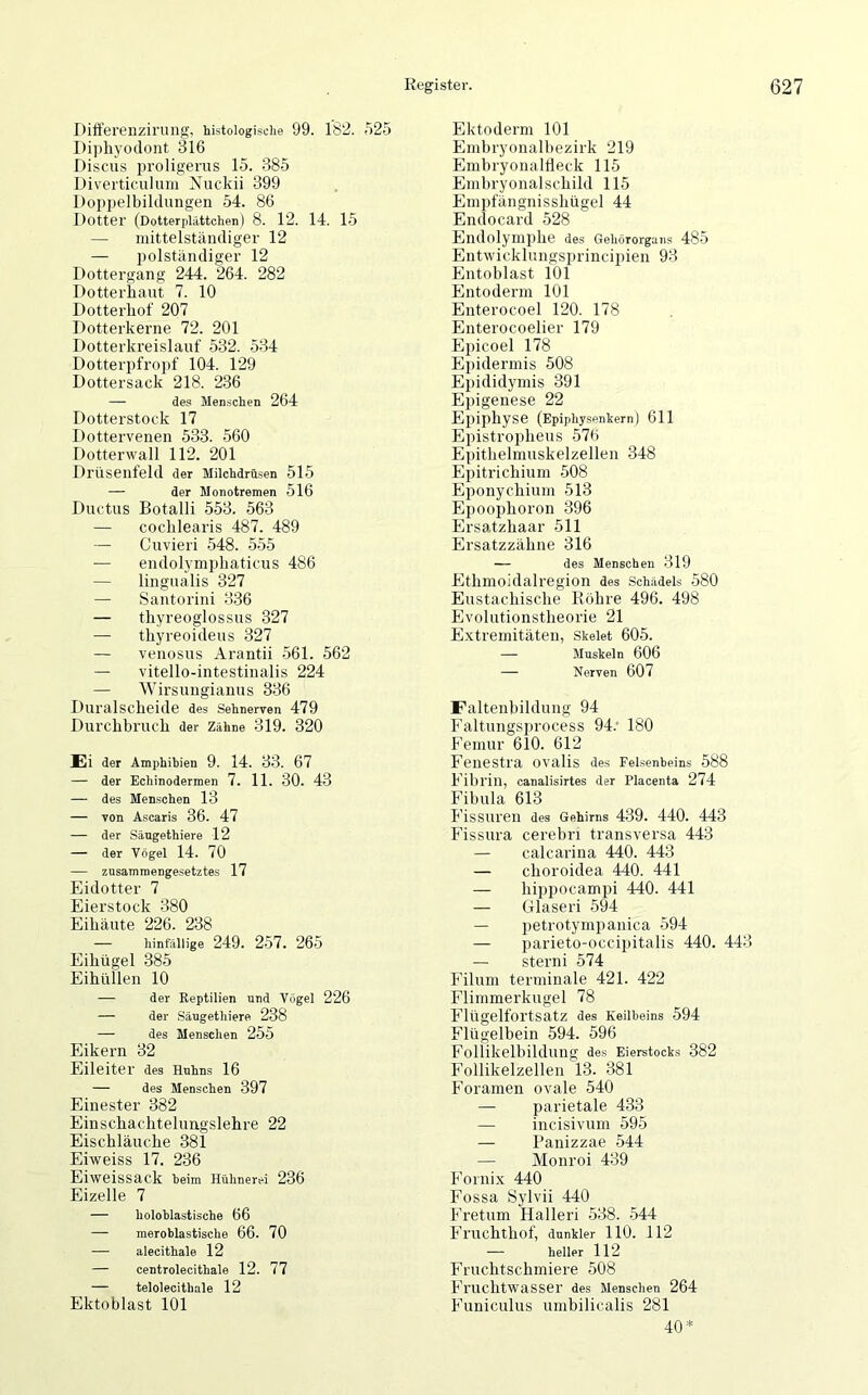 Differenzirung, histologische 99. 182. 525 Diphyodont 316 Discus proligerus 15. 385 Diverticulum Nuckii 399 Doppelbildungen 54. 86 Dotter (Dotterplättchen) 8. 12. 14. 15 — mittelständiger 12 — polständiger 12 Dottergang 244. 264. 282 Dotterhaut 7. 10 Dotterhof 207 Dotterkerne 72. 201 Dotterkreislauf 532. 534 Dotterpfropf 104. 129 Dottersack 218. 236 — des Menschen 264 Dotterstock 17 Dottervenen 533. 560 Dotterwall 112. 201 Drüsenfeld der Milchdrüsen 515 — der Monotremen 516 Ductus Botalli 553. 563 — cochlearis 487. 489 — Cuvieri 548. 555 — endolymphaticus 486 — lingualis 327 — Santo rin i 336 — thyreoglossus 327 — thyreoideus 327 — venosus Arantii 561. 562 — vitello-intestinalis 224 — Wirsungianus 336 Duralscheide des Sehnerven 479 Durchbruch der Zähne 319. 320 Ei der Amphibien 9. 14. 33. 67 — der Echinodermen 7. 11. 30. 43 — des Menschen 13 — von Ascaris 36. 47 — der Sängethiere 12 — der Vögel 14. 70 — zusammengesetztes 17 Eidotter 7 Eierstock 380 Eihäute 226. 238 — hinfällige 249. 257. 265 Eihügel 385 Eihüllen 10 — der Reptilien und Vögel 226 — der Säugethiere 238 — des Menschen 255 Eikern 32 Eileiter des Huhns 16 — des Menschen 397 Einester 382 Einschachtelungslehre 22 Eischläuche 381 Eiweiss 17. 236 Eiweissäck heim Hühnerei 236 Eizelle 7 — holoblastische 66 — meroblastische 66. 70 — alecithale 12 — centrolecithale 12. 77 — telolecithale 12 Ektoblast 101 Ektoderm 101 Embryonalbezirk 219 Embryonalfleck 115 Embryonalschild 115 Empfängnisshügel 44 Endocard 528 Endolymphe des Gehörorgans 485 Entwicklungsprincipien 93 Entoblast 101 Entoderm 101 Enterocoel 120. 178 Enterocoelier 179 Epicoel 178 Epidermis 508 Epididymis 391 Epigenese 22 Epiphyse (Epiphysenkern) 611 Epistropheus 576 Epithelmuskelzellen 348 Epitrichium 508 Eponychium 513 Epoophoron 396 Ersatzhaar 511 Ersatzzähne 316 — des Menschen 319 Ethmoidalregion des Schädels 580 Eustachische Röhre 496. 498 Evolutionstheorie 21 Extremitäten, Skelet 605. — Muskeln 606 — Nerven 607 Faltenbildung 94 Faltungsprocess 94; 180 Femur 610. 612 Fenestra ovalis des Felsenbeins 588 Fibrin, canalisirtes der Placenta 274 Fibula 613 Fissuren des Gehirns 439. 440. 443 Fissura cerebri transversa 443 — calcarina 440. 443 — choroidea 440. 441 — hippocampi 440. 441 — Glaseri 594 — petrotymiianica 594 — parieto-occipitalis 440. 443 — sterni 574 Filum terminale 421. 422 Flimmerkugel 78 Flügelfortsatz des Keilheins 594 Flügelbein 594. 596 Follikelbildung des Eierstocks 382 Follikelzellen 13. 381 Foramen ovale 540 — parietale 433 — incisivum 595 — Panizzae 544 — Monroi 439 Fornix 440 Fossa Sylvii 440 Fretum Halleri 538. 544 Fl'Uchthof, dunkler 110. 112 — heller 112 Fruchtschmiere 508 Fruchtwasser des Menschen 264 Funiculus umbilicalis 281 40*