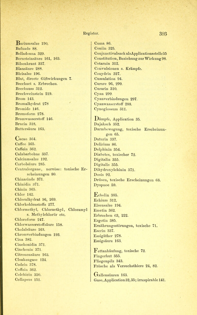 Bariumsalze 190. Befunde 88. Belladonna 329. Bernsteinsäure 161, 163. Bilsenkraut 337. Blausäure 288. Bleisalze 196. Blut, directe Giftwirkungen 7. Brechact s. Erbrechen. Brechnuss 312. Brechweinstein 219. Brom 143. Bromalhydrat 278 Bromide 146. Bromoform 278. Bromwasserstoff 146. Brucin 318. Buttersäure 163. Cacao 364. Caffee 365. Caffein 362. Calabarbohne 337. Calciumsalze 192. Carbolsäure 285. Centralorgane, nervöse: toxische Er- scheinungen 80. Chinarinde 371. Chinidin 371. Chinin 365. Chlor 142. Chloralhydrat 96, 269. Chlorkohlenstoffe 277. Chlormethyl, Chloraethyl, Chloramyl s. Methylchlorür etc. Chloroform 247. Chlorwasserstoffsäure 158. Cholalsäure 163. Chromverbindungen 193. Cina 382. Cinchonidin 371. Cinchonin 371. Citronensäure 163. Cloakengase 124. Codein 378. Coffein 362. Colchicin 350. Collapsus 151. Coma 86. Coniin 325. Conjuncti valsack alsApplicationsstelle35 Constitution, Beziehung zur Wirkung 98. Co tarnin 312. Convulsionen s. Krämpfe. Conydrin 327. Cumulation 94. Curare 96, 299. Curarin 310. Cyan 299. Cyanverbindungen 297. Cyanwasserstoff 288. Cynoglossum 311. Dämpfe, Application 35. Dajaksch 352. Darmbewegung, toxische Erscheinun- gen 65. Daturin 337. Delirium 86. Delphinin 354. Diabetes, toxischer 72. Digitalin 355. Digitalis 355. Dibydroxylchinin 371. Dosis 92. Drüsen, toxische Erscheinungen 68. Dyspnoe 59. Ecbolin 385. Echium 312. Eisensalze 194. Emetin 362. Erbrechen 63, 222. Ergotin 385. Ernährungsstörungen, toxische 71. Eserin 337. Essigäther 278. Essigsäure 163. Fettanhäufung, toxische 72. Fingerhut 355. Fliegenpilz 343. Frösche als Versuchsthiere 24, 82. Gallensäuren 163. Gase, Application 32,35; irrespirable 141.