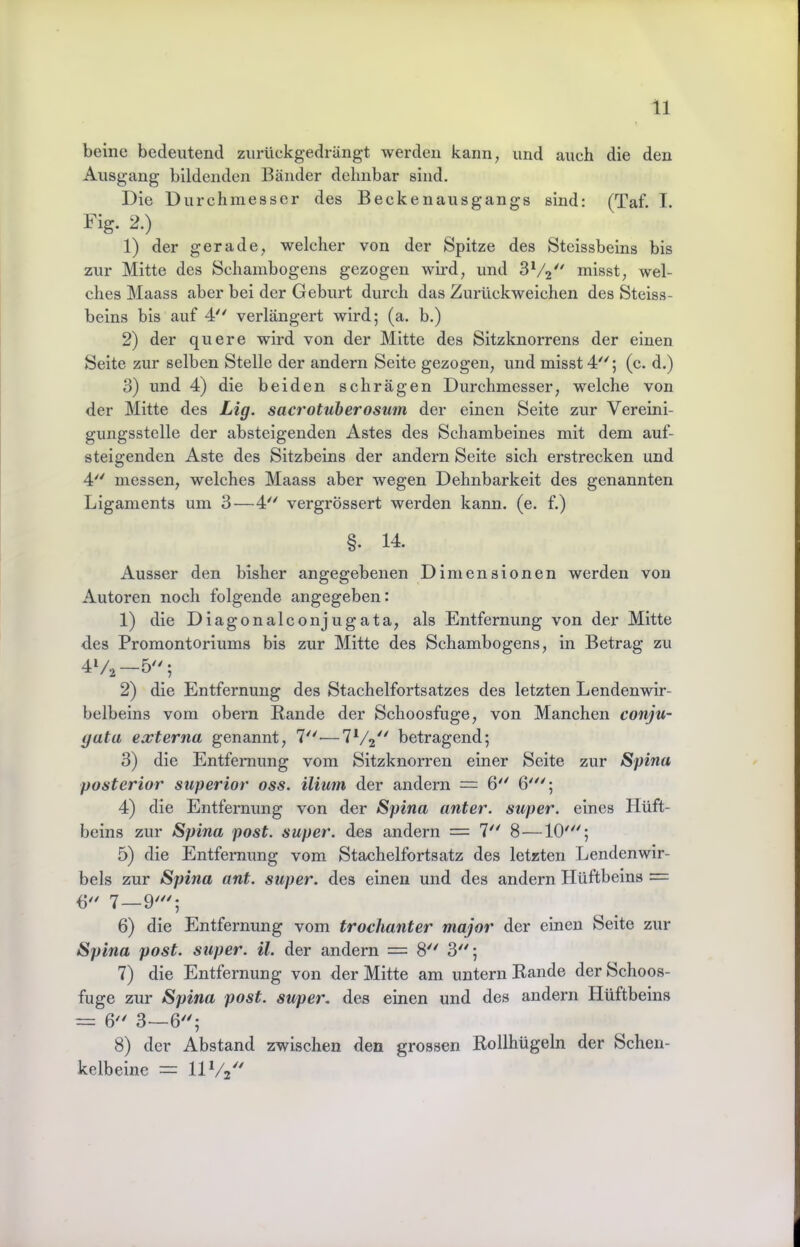 beine bedeutend zurückgedriingt werden kann, und auch die den Ausgang bildenden Bänder dehnbar sind. Die Durch messe r des Beck enausgangs sind: (Taf. I. Fig. 2.) 1) der gerade, welcher von der Spitze des Steissbeins bis zur Mitte des Schambogens gezogen wii*d, und 3V2^' misst, wel- ches Maass aber bei der Geburt durch das Zurückweichen des Steiss- beins bis auf 4'' verlängert wird; (a. b.) 2) der quere wird von der Mitte des Sitzknorrens der einen Seite zur selben Stelle der andern Seite gezogen, und misst 4''; (c. d.) 3) und 4) die beiden schrägen Durchmesser, welche von der Mitte des Lig. sacrotuherosum der einen Seite zur Vereini- gungsstclle der absteigenden Astes des Schambeines mit dem auf- steigenden Aste des Sitzbeins der andern Seite sich erstrecken und 4 messen, welehes Maass aber wegen Dehnbarkeit des genannten Ligaments um 3—4^' vergrössert werden kann. (e. f.) §. 14. Ausser den bisher angegebenen Dimensionen werden von Autoren noch folgende angegeben: 1) die Diagonalennjugata, als Entfernung von der Mitte des Promontoriums bis zur Mitte des Schambogens, in Betrag zu 47.2-5''; 2) die Entfernung des Stachelfortsatzes des letzten Lendenwir- belbeins vom obern Rande der Schoosfuge, von Manchen conju- gata externa genannt, 7.— 772^' betragend; 3) die Entfeniung vom Sitzknorren einer Seite zur Spina posterior superior oss. ilium der andern = 6 6'; 4) die Entfernung von der Spina anter. super, eines Hüft- beins zur Spina post, super, des andern = 7 8—10'; 5) die Entfernung vom Stachelfortsatz des letzten Lendenwir- bels zur Spina ant. super, des einen und des andern Hüftbeins = 7_9///5 6) die Entfernung vom trochanter major der einen Seite zur Spina post, super, il. der andern = 8 3; 7) die Entfernung von der Mitte am untern Rande der Schoos- fuge zur Spina post, super, des einen und des andern Hüftbeins = 6 3.—6; 8) der Abstand zwischen den grossen Rollhügeln der Schen- kelbeine = 1172'^