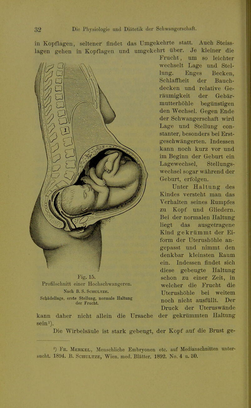 in Kopflagen, seltener' findet das Umgekehrte statt. Auch Steiss- lagen gehen in Kopflagen und umgekehrt über. Je kleiner die Frucht, um so leichter wechselt Lage und Stel- lung. Enges Becken, Schlaffheit der Bauch- decken und relative Ge- räumigkeit der Gebär- mutterhöhle begünstigen den Wechsel. Gegen Ende der Schwangerschaft wird Lage und Stellung con- stanter, besonders bei Erst- geschwängerten. Indessen kann noch kurz vor und im Beginn der Geburt ein Lagewechsel, Stellungs- wechsel sogar während der Geburt, erfolgen. Unter Haltung des Kindes versteht man das Verhalten seines Rumpfes zu Kopf und Gliedern. Bei der normalen Haltung liegt das ausgetragene Kind gekrümmt der Ei- form der Uterushöhle an- gepasst und nimmt den denkbar kleinsten Raum ein. Indessen findet sich diese gebeugte Haltung schon zu einer Zeit, in welcher die Frucht die Uterushöhle bei weitem noch nicht ausfüllt. Der Druck der Uteruswände kann daher nicht allein die Ursache der gekrümmten Haltung sein^). Die Wirbelsäule ist stark gebeugt, der Kopf auf die Brust ge- Fig. 15. Profilschnitt einer Hoclischwanfferen. Nach B. S. SciiüLTZE. Sctiädellage, erste Stellung, normale Haltung der Fracht. 0 Fr. Merkel, Menschliche Embryonen etc. auf Mediansclinitten unter- sucht. 1894. B. SCHULTZE, Wien. med. Blätter. 1892. No. 4 u. 30.