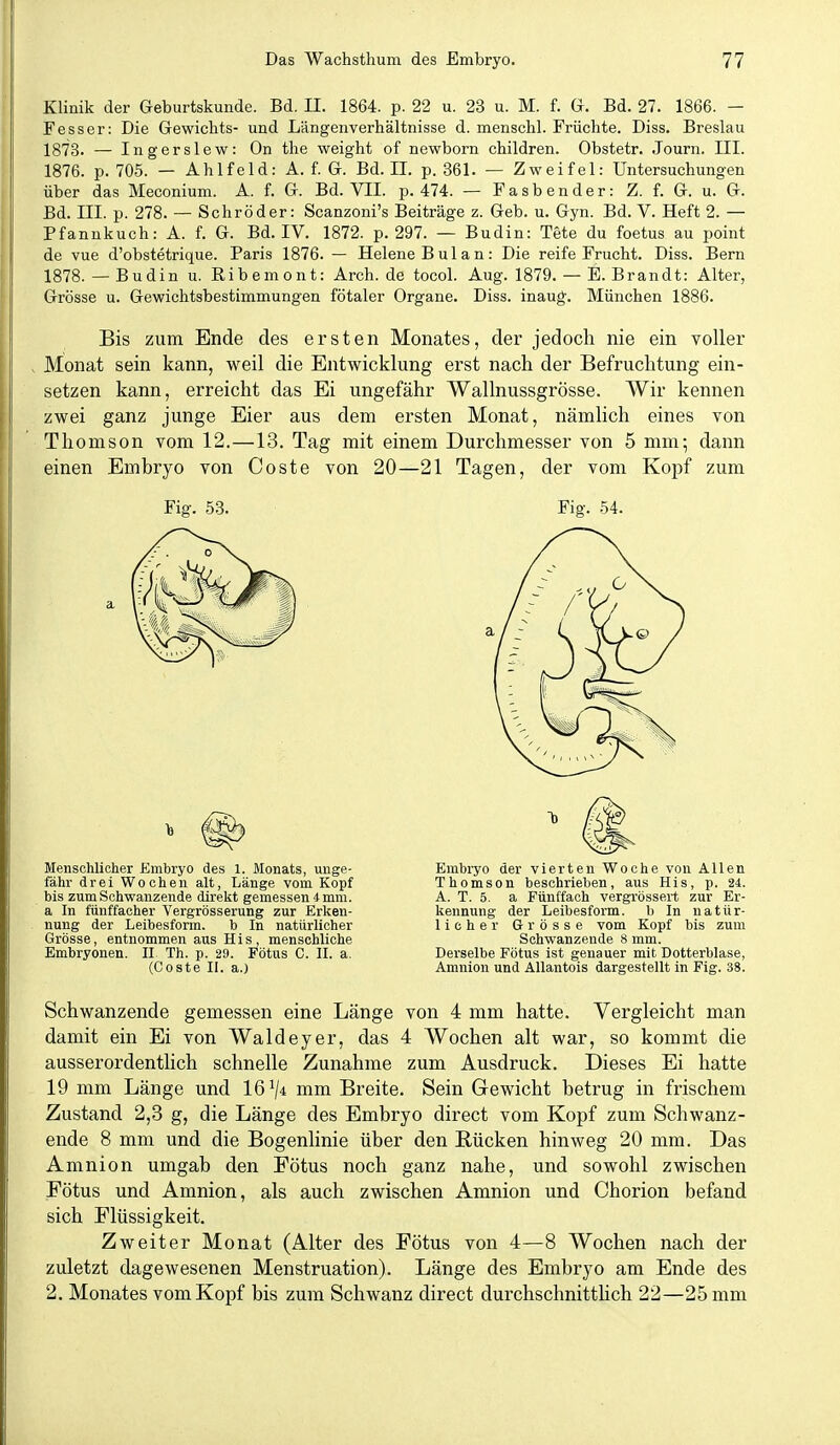 Klinik der Geburtskunde. Bd. II. 1864. p. 22 u. 23 u. M. f. G. Bd. 27. 1866. — Fesser: Die Gewichts- und Längenverhältnisse d. menschl. Früchte. Diss. Breslau 1873. — Ingerslew: On the weight of newborn children. Obstetr. Journ. III. 1876. p. 705. — Ahlfeld: A. f. G. Bd. II. p. 361. — Zweifel: Untersuchungen über das Meconium. A. f. G. Bd. VII. p. 474. — Fasbender: Z. f. G. u. G. Bd. III. p. 278. — Schröder: Scanzoni's Beiträge z. Geb. u. Gyn. Bd. V. Heft 2. — Pfanukuch: A. f. G. Bd. IV. 1872. p. 297. — Budin: Tete du foetus au point de vue d'obstetrique. Paris 1876. — Helene B u 1 a n: Die reife Frucht. Diss. Bern 1878.—Budin u. Ribemont: Arch.de tocol. Aug. 1879. — E. Brandt: Alter, Grösse u. Gewichtsbestimmungen fötaler Organe. Diss. inaug-. München 1886. Bis zum Ende des ersten Monates, der jedoch nie ein voller ^ Monat sein kann, weil die Entwicklung erst nach der Befruchtung ein- setzen kann, erreicht das Ei ungefähr Wallnussgrösse. Wir kennen zwei ganz junge Eier aus dem ersten Monat, nämlich eines von Thomson vom 12.—13. Tag mit einem Durchmesser von 5 mm; dann einen Embryo von Coste von 20—21 Tagen, der vom Kopf zum Fig. 53. Fig. 54. Menschlicher Embryo des 1. Monats, unge- fähr drei Wochen alt, Länge vom Kopf bis zum Schwanzende direkt gemessen 4 mm. a In fünffacher Vergrösserung zur Erken- nung der Leibesform. b In natürlicher Grösse, entnommen aus His, menschliche Embryonen. II Th. p. 29. Fötus C. II. a. (Coste II. a.) Embryo der vierten Woche von Allen Thomson beschrieben, aus His, p. 24. A. T. 5. a Fünffach vergrössert zur Er- kennung der Leibesform, b In natür- licher Grösse vom Kopf bis zum Schwänzende 8 mm. Derselbe Fötus ist genauer mit Dotterblase, Amnion und AUantois dargestellt in Fig. 38. Schwanzende gemessen eine Länge von 4 mm hatte. Vergleicht man damit ein Ei von Waldeyer, das 4 Wochen alt war, so kommt die ausserordentlich schnelle Zunahme zum Ausdruck. Dieses Ei hatte 19 mm Länge und 16^4 mm Breite. Sein Gewicht betrug in frischem Zustand 2,3 g, die Länge des Embryo direct vom Kopf zum Schwanz- ende 8 mm und die Bogenlinie über den Rücken hinweg 20 mm. Das Amnion umgab den Fötus noch ganz nahe, und sowohl zwischen Fötus und Amnion, als auch zwischen Amnion und Chorion befand sich Flüssigkeit. Zweiter Monat (Alter des Fötus von 4—8 Wochen nach der zuletzt dagewesenen Menstruation). Länge des Embryo am Ende des 2. Monates vom Kopf bis zum Schwanz direct durchschnittlich 22—25 mm