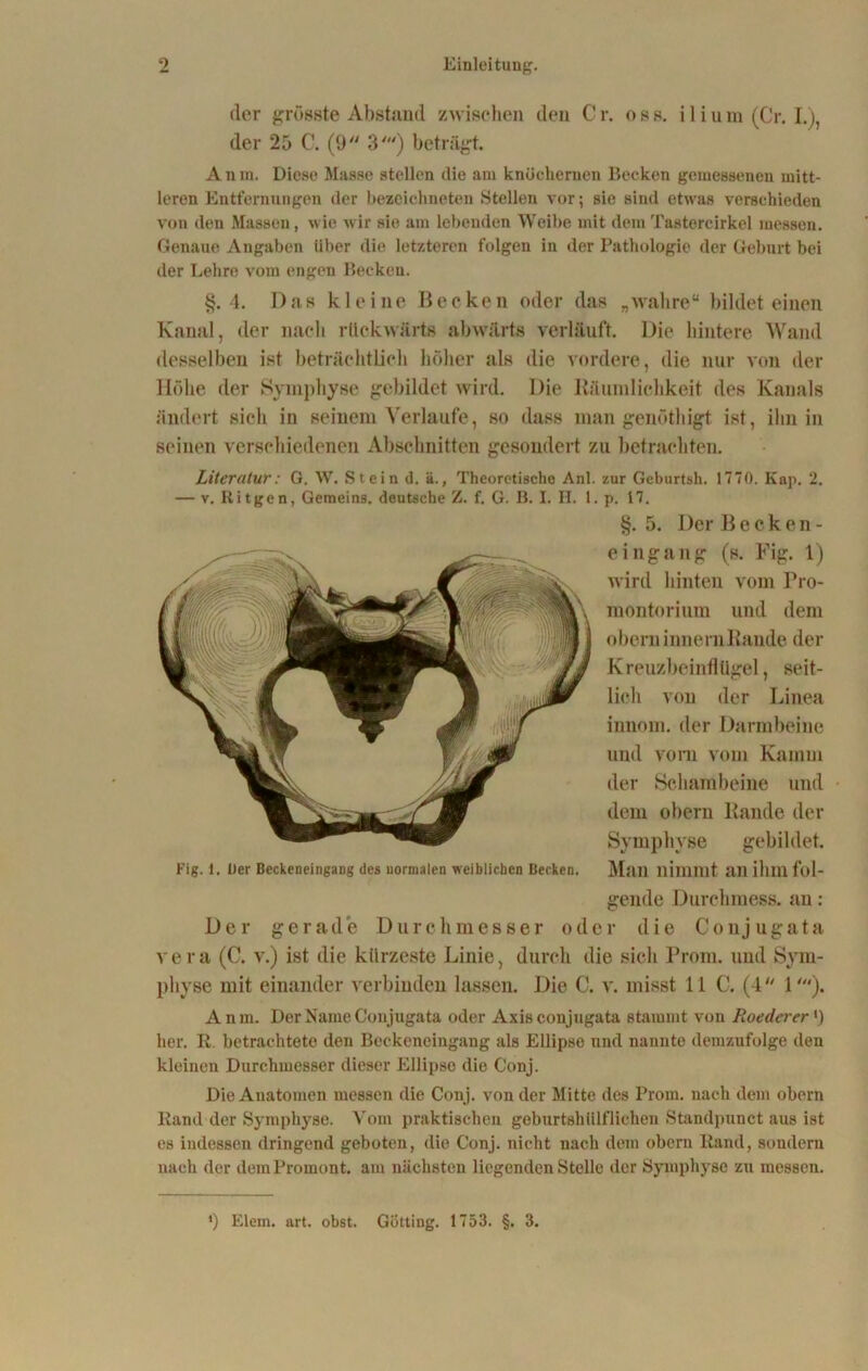 der grösste Abstand zwischen den Cr. oss. ilium (Cr. I.), der 25 C. (9 3') beträgt. Anm. Diese Masse stellen <lie am knöchernen Becken gemessenen mitt- leren Entfernungen der bezeichneten Stellen vor; sie sind etwas verschieden von den Massen, wie wir sie am lebenden Weibe mit dem Tastercirkel messen. Genaue Angaben Uber die letzteren folgen in der Pathologie der Geburt bei der Lehre vom engen Becken. §.4. Das kleine Becken oder das „wahre“ bildet einen Kanal, der nach rückwärts abwärts verläuft. Die hintere Wand desselben ist beträchtlich höher als die vordere, die nur von der Höhe der Symphyse gebildet wird. Die Räumlichkeit des Kanals ändert sich in seinem Verlaufe, so dass man genöthigt ist, ihn in seinen verschiedenen Abschnitten gesondert zu betrachten. Literatur: G. W. Stein d. ä., Theoretische Anl. zur Geburtsh. 1770. Kap. 2. — v. Ritgen, Geraeins. deutsche Z. f. G. B. I. H. 1. p. 17. §.5. Der Becken- eingang (s. Fig. 1) wird hinten vom Pro- montorium und dem obern innern Rande der Kreuzbeinflügel, seit- lich von der Linea innom. der Darmbeine und vom vom Kamm der Schambeine und dem obern Rande der Symphyse gebildet. Fig. 1. Der Beckeneingang des normalen weiblichen Becken. Man nimmt all ihm fol- gende Durchmess, au: Der gerade Durchmesser oder die Conjugata vera (C. v.) ist die kürzeste Linie, durch die sich Prom. und Sym- physe mit einander verbinden lassen. Die C. v. misst 11 C. (4 1'). Anm. Der Name Conjugata oder Axis conjugata stammt von Roederer•) her. Ii betrachtete den Beckeneingang als Ellipse und nannte demzufolge den kleinen Durchmesser dieser Ellipse die Conj. Die Anatomen messen die Con j. von der Mitte des Prom. nach dem obern Rand der Symphyse. Vom praktischen geburtshiilflichen Standpunct aus ist es indessen dringend geboten, die Conj. nicht nach dem obern Rand, sondern nach der dem Promont, am nächsten liegenden Stelle der Symphyse zu messen. *) Elem. art. obst. Gotting. 1753. §. 3.