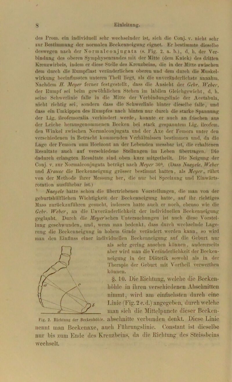 des Prom. ein individuell sehr wechselnder ist, sich die Conj. v. nicht sehr zur Bestimmung der normalen Beckenneigung eignet. Er bestimmte dieselbe deswegen nach der Normalconjugata (s. Fig, 2. a. b.), d. h. der Ver- bindung des oberen Sympbysenrandes mit der Mitte (dem Knick) des dritten Kreuzwirbels, indem er diese Stelle des Kreuzbeins, die in der Mitte zwischen dem durch die Rumpflast veränderlichen oberen und dem durch die Muskel- wirkung beeinflussten unteren Theil liegt, als die unveränderlichste annahm. Nachdem //. Mojer ferner fest gestellt, dass die Ansicht der Gehr. Weber, der Rumpf sei beim gewöhnlichen Stehen im labilen Gleichgewicht, d. h. seine Schwerlinie falle in die Mitte der Verbindungslinie der Acetabula, nicht richtig sei, sondern dass die Schwerlinie hinter dieselbe falle, und dass ein Umkippen des Rumpfes nach hinten nur durch die starke Spannung der Lig. ileofemoralia verhindert werde, konnte er auch an frischen aus der Leiche herausgenommenen Becken bei stark gespanntem Lig. ileofem. den Winkel zwischen Nonnalconjugata und der Axe der Femora unter den verschiedenen in Betracht kommenden Verhältnissen bestimmen und, da die Lage der Femora zum Horizont an der Lebenden messbar ist, die erhaltenen Resultate auch auf verschiedene Stellungen im Leben tibertragen. Hie dadurch erlangten Resultate sind oben kurz mitgetheilt. Die Neigung der Conj. v. zur Nonnalconjugata beträgt nach Mojer 30°. (Hass Kaeyele. Weber und Krause die Beckenneigung grösser bestimmt hatten, als Meyer, rührt von der Methode ihrer Messung her, die nur bei Spreizung und Einwärts- rotation ausführbar ist.) Naeyele hatte schon die übertriebenen Vorstellungen, die man von der geburtshUlflichen Wichtigkeit der Beekouueiguug hatte, auf ihr richtiges Muss zurückzuführen gesucht, indessen hatte auch er noch, ebenso wie die Gebr. Weber, an die Unveränderlichkeit der individuellen Beckenneigung geglaubt. Durch die Meyer sehen Untersuchungen ist auch diese Vorstel- lung geschwunden, und, wenn man bedenkt, dass durch wechselnde Lage- rung man die Beckenneigung in hohem Grade verändert werden kann, so wird den Einfluss einer individuellen Beckenneigung auf die Geburt nur als sehr gering ansehen können, andererseits aber wird man die Veränderlichkeit der Becken- neigung in der Diätetik sowohl als in der Therapie der Geburt mit Vortheil verwerthen können. §. 10. Die Richtung, welche die Becken- liölile in ihren verschiedenen Abschnitten nimmt, wird am einfachsten durch eine Linie (Fig. 2 c. d.) angegeben, durch welche man sich die Mittelpuncte dieser Becken- Fig. 2. Richtung der Bcckenhöhie. abschnitte verbunden denkt. Diese Linie nennt man Beckenaxe, auch Führungslinie. Constant ist dieselbe nur bis zum Ende des Kreuzbeins, da die Lichtung des Steissbeins wechselt.