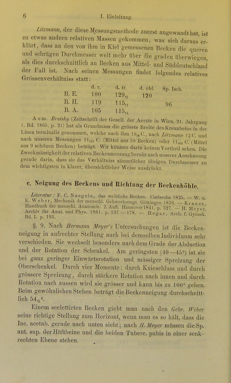 Litzmcmn, der diese Messungsmethode zuerst angewandt hat ist zu etwas andern relativen Massen gekommen, was sich daraus er- klärt, dass an den von ihm in Kiel gemessenen Becken die queren und schrägen Durchmesser weit mehr über die graden überwiegen als dies durchschnittlich an Becken aus Mittel- und Süddeutschland der Fall ist. Nach seinen Messungen findet folgendes relatives Grössenverhältniss statt : d- r- d- tr- d. obl. Sp. Isch. B. E. 100 129,2 120 B.H. 119 115n 96 B. A. 105 115,, An in. Breisky (Zeitschrift der Gesell, der Aerzte in Wien, 2 t Jahrgang I. Bd. 1865. p. 21) hat als Grundmass die grösste Breite des Kreuzbeins in der Linea tenninalis genommen, welche nach ihm 10,8 C, nach Lilzmanu 12 C und nach unseren Messungen 11,15 C. (Mittel aus 50 Becken) oder U,ü4 C (Mittel aus 9 schönen Becken) betrügt. Wir können darin keinen Vortheil sehen. Die Zweckmässigkeit der relativen Beckenmessungberuht nach unserer Anschauung gerade darin, dass sie das Verhältniss sämmtlicher übrigen Durchmesser zu dem wichtigsten in klarer, übersichtlicher Weise ausdrückt. c. Neigung des Beckens und Richtung der Beckenhöhle. Literatur: F. C. Naegele, das weibliche Becken. Carlsruhe 1825 — W u E. Weber, Mechanik der mensch]. Gehwerkzeuge. Göttingen 1836. — Krause Handbuch der menschl. Anatomie. 2. Aufl. Hannover 1841 p 327 H Mever' Archiv für Anat. und Phys. 1861. p. 137 - 178. - Hegar, Arch. f. Gynaek! Bd. I. p. 193. J §. 9. Nach Hermann Meyer's Untersuchungen ist die Becken- neigung in aufrechter Stellung auch bei demselben Individuum sehr verschieden. Sie wechselt besonders nach dem Grade der Abduction und der Rotation der Schenkel. Am geringsten (40—45«) ist sie bei ganz geringer Einwärtsrotation und massiger Spreizung der Oberschenkel. Durch vier Momente: durch Knieschluss und durch grössere Spreizung, durch stärkere Eotation nach innen und durch Kotation nach aussen wird sie grösser und kann bis zu 100u gehen. Beim gewöhnlichen Stehen beträgt die Beckenneigung durchschnitt- lich 54,5 o. Einem scelettirten Becken giebt man nach den Gebr. Weber seine richtige Stellung zum Horizont, wenn man es so hält, dass die Inc. acetab. gerade nach unten sieht '; nach //. Meyer müssen dieSp. ant. sup. der Hüftbeine und die beiden Tuberc. pubis in einer senk- rechten Ebene stehen.