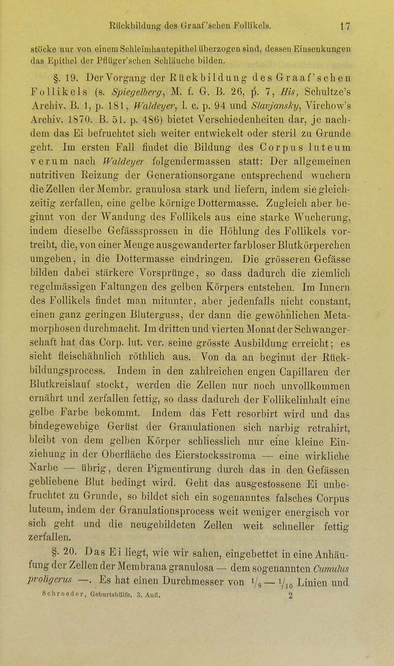 stücke nur von einem Schlciinhautepithel überzogen sind, dessenEinsenknngen das Epithel der Pflüger'schen Schläuche bilden. §. 19. Der Vorgang der Rückbildung des Graafschen Follikels (s. Spiegelberg, M. f. G. B. 26, p. 7, ffis, Schultze's Archiv. B. 1, p. 181, Wahlcyer, 1. c. p. 94 und Slavjansky, Virchow's Archiv. 1*70. B. 51. p. 486) bietet Verschiedenheiten dar, je nach- dem das Ei befruchtet sich weiter entwickelt oder steril zu Grunde geht. Im ersten Fall findet die Bildung des Corpus luteum verum nach Waldeyer folgendermassen statt: Der allgemeinen nutritiven Reizung der Generationsorgane entsprechend wuchern die Zellen der Membr. granulosa stark und liefern, indem sie gleich- zeitig zerfallen, eine gelbe körnige Dottermasse. Zugleich aber be- ginnt von der Wandung des Follikels aus eine starke Wucherung, indem dieselbe Gefässsprossen in die Höhlung des Follikels vor- treibt, die, von einer Menge ausgewanderter farbloser Blutkörperchen umgeben, in die Dottermasse eindringen. Die grösseren Gefässe bilden dabei stärkere Vorsprünge, so dass dadurch die ziemlich regelmässigen Faltungen des gelben Körpers entstehen. Im Innern des Follikels findet man mitunter, aber jedenfalls nicht constant, einen ganz geringen Bluterguss, der dann die gewöhnlichen Meta- morphosen durchmacht. Im dritten und vierten Monat der Schwanger- schaft hat das Corp. lut. ver. seine grösste Ausbildung erreicht; es sieht fieischähnlich röthlich aus. Von da an beginnt der Rück- bildungspiocess. Indem in den zahlreichen engen Capillaren der Blutkreislauf stockt, werden die Zellen nur noch unvollkommen ernährt und zerfallen fettig, so dass dadurch der Follikelinhalt eine gelbe Farbe bekommt. Indem das Fett resorbirt wird und das bindegewebige Gerüst der Granulationen sich narbig retrahirt, bleibt von dem gelben Körper schliesslich nur eine kleine Ein- ziehung in der Oberfläche des Eierstocksstroma — eine wirkliche Narbe — übrig, deren Pigmentirung durch das in den Gefässen gebliebene Blut bedingt wird. Geht das ausgestossene Ei unbe- fruchtet zu Grunde, so bildet sich ein sogenanntes falsches Corpus luteum, indem der Granulationsprocess weit weniger energisch vor sich geht und die neugebildeten Zellen weit schneller fettig zerfallen. §.20. Das Ei liegt, wie wir sahen, eingebettet in eine Anhäu- fung der Zellen der Membrana granulosa — dem sogenannten Cumulus proligerus —. Es hat einen Durchmesser von Vs — Vio Linien und Sehr oeder, GebuitshUlfe. 3. Aull. 2