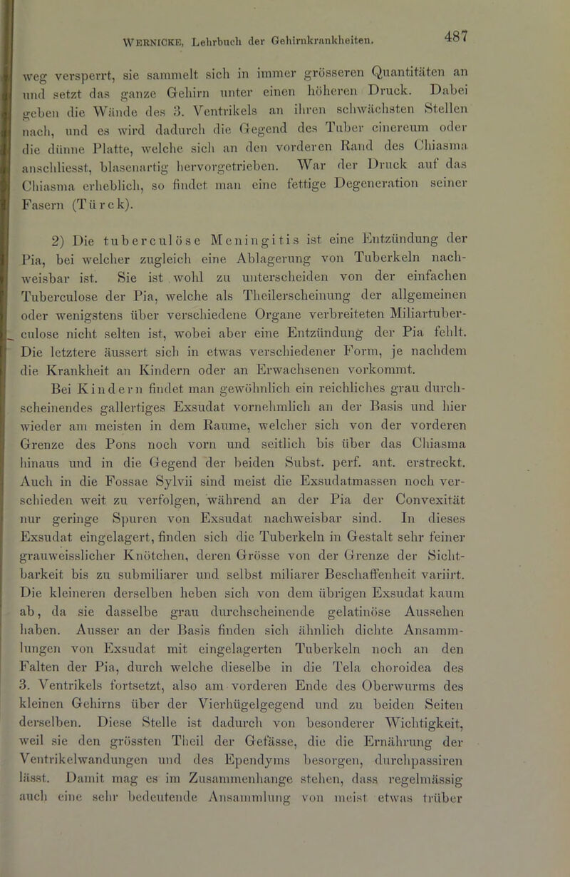 weg versperrt, sie sammelt sich in immer grösseren Quantitäten an und setzt das ganze Gehirn unter einen höheren Druck. Dabei geben die Wände des 3. Ventrikels an ihren schwächsten Stellen nach, und es wird dadurch die Gegend des Tuber cinereum oder die dünne Platte, welche sich an den vorderen Rand des Chiasma ansehliesst, blasenartig hervorgetrieben. War der Druck auf das Chiasma erheblich, so findet man eine fettige Degeneration seiner Fasern (Türck). 2) Die tuberculöse Meningitis ist eine Entzündung der Pia, bei welcher zugleich eine Ablagerung von Tuberkeln nach- weisbar ist. Sie ist wohl zu unterscheiden von der einfachen Tuberculöse der Pia, welche als Theilerscheinung der allgemeinen oder wenigstens über verschiedene Organe verbreiteten Miliartuber- culose nicht selten ist, wobei aber eine Entzündung der Pia fehlt. Die letztere äussert sich in etwas verschiedener Form, je nachdem die Krankheit an Kindern oder an Erwachsenen vorkommt. Bei Kindern findet man gewöhnlich ein reichliches grau durch- scheinendes gallertiges Exsudat vornehmlich an der Basis und hier wieder am meisten in dem Raume, welcher sich von der vorderen Grenze des Pons noch vorn und seitlich bis über das Chiasma hinaus und in die Gegend der beiden Subst. perf. ant. erstreckt. Auch in die Fossae Sylvii sind meist die Exsudatmassen noch ver- schieden weit zu verfolgen, während an der Pia der Convexität, nur geringe Spuren von Exsudat nachweisbar sind. In dieses Exsudat eingelagert, finden sich die Tuberkeln in Gestalt sehr feiner grauweisslicher Knötchen, deren Grösse von der Grenze der Sicht- barkeit bis zu submiliarer und selbst miliarer Beschaffenheit variirt. Die kleineren derselben heben sich von dem übrigen Exsudat kaum ab, da sie dasselbe grau durchscheinende gelatinöse Aussehen haben. Ausser an der Basis finden sich ähnlich dichte Ansamm- lungen von Exsudat mit eingelagerten Tuberkeln noch an den Falten der Pia, durch welche dieselbe in die Tela choroidea des 3. Ventrikels fortsetzt, also am vorderen Ende des Oberwurms des kleinen Gehirns über der Vierhügelgegend und zu beiden Seiten derselben. Diese Stelle ist dadurch von besonderer Wichtigkeit, weil sie den grössten Theil der Gefässe, die die Ernährung der Ventrikelwandungen und des Ependyms besorgen, durchpassiren lässt. Damit mag es im Zusammenhänge stehen, dass regelmässig auch eine sehr bedeutende Ansammlung von meist etwas trüber