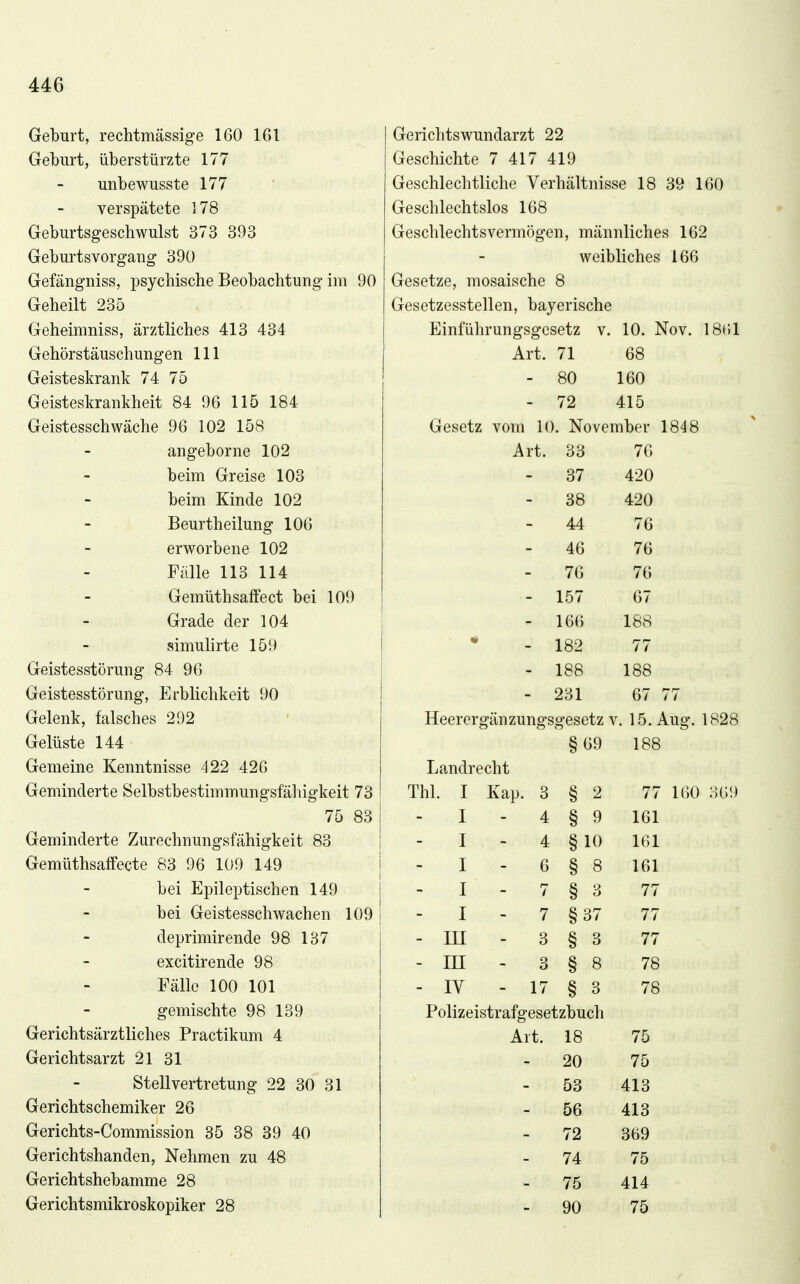 Geburt, rechtmässige 160 161 Geburt, überstürzte 177 unbewusste 177 verspätete 178 Geburtsgeschwulst 373 393 Geburtsvorgang 390 Gefängniss, psychische Beobachtung im 90 Geheilt 235 Geheimniss, ärztliches 413 434 Gehörstäuschungen III Geisteskrank 74 75 Geisteskrankheit 84 96 115 184 Geistesschwäche 96 102 158 angeborne 102 beim Greise 103 beim Kinde 102 Beurtheilung 106 erworbene 102 Fälle 113 114 Gemüthsaifect bei 109 Grade der 104 simulirte 159 Geistesstörung 84 96 Geistesstörung, Erblichkeit 90 Gelenk, falsches 292 Gelüste 144 Gemeine Kenntnisse 422 426 Geminderte Selbstbestimmungsfähigkeit 73 75 83 Geminderte Zurechnungsfähigkeit 83 Gemüthsalfecte 83 96 109 149 bei Epileptischen 149 bei Geistesschwachen 109 deprimirende 98 137 excitirende 98 Fälle 100 101 gemischte 98 139 Gerichtsärztliches Practikum 4 Gerichtsarzt 21 31 Stellvertretung 22 30 31 Gerichtschemiker 26 Gerichts-Commission 35 38 39 40 Gerichtshanden, Nehmen zu 48 Gerichtshebamme 28 Gerichtsmikroskopiker 28 Gerichtswundarzt 22 Geschichte 7 417 419 Geschlechtliche Verhältnisse 18 39 160 Geschlechtslos 168 Geschlechtsvermögen, männliches 162 weibliches 166 Gesetze, mosaische 8 Gesetzesstellen, bayerische Einführungsgesetz v. 10. Nov. 18(')1 Art. 71 68 - 80 160 - 72 415 Gesetz vom 10. November 1848 Art. 33 76 37 420 38 420 - 44 76 46 76 76 76 - 157 67 - 166 188 - 182 77 - 188 188 - 231 67 Heerergänzungsgesetz v. 15. Aug. 1828 §69 188 Landrecht Thl. I Kap. 3 § 2 77 I 4 § 9 161 I 4 §10 161 I 6 § 8 161 I 7 § 3 77 I 7 §37 77 - m 3 § 3 77 - in 3 § 8 78 - IV - 17 § 3 78 Polizeistrafgesetzbuch Art. 18 75 20 75 53 413 56 413 72 369 74 75 75 414 90 75