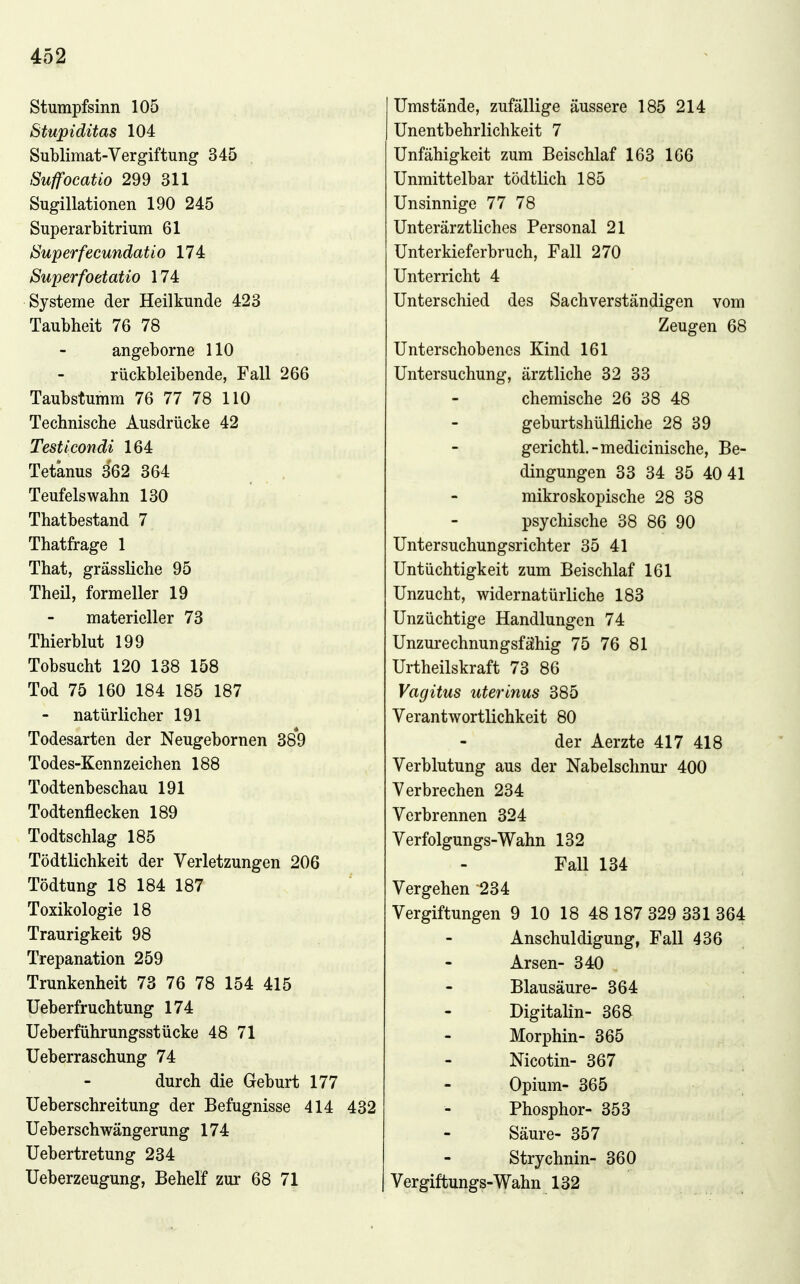 Stumpfsinn 105 Stupiditas 104 Sublimat-Vergiftung 345 Suffocatio 299 311 Sugillationen 190 245 Superarbitrium 61 Superfecundatio 174 Superfoetatio 174 Systeme der Heilkunde 423 Taubheit 76 78 angeborne 110 rückbleibende, Fall 266 Taubstumm 76 77 78 110 Technische Ausdrücke 42 Testlcondi 164 Tetanus 362 364 . Teufels wahn 130 Thatbestand 7 Thatfrage 1 That, grässliche 95 Theil, formeller 19 materieller 73 Thierblut 199 Tobsucht 120 138 158 Tod 75 160 184 185 187 natürlicher 191 Todesarten der Neugebornen 389 Todes-Kennzeichen 188 Todtenbeschau 191 Todtenflecken 189 Todtschlag 185 Tödtlichkeit der Verletzungen 206 Tödtung 18 184 187 Toxikologie 18 Traurigkeit 98 Trepanation 259 Trunkenheit 73 76 78 154 415 Ueberfruchtung 174 Ueberführungsstücke 48 71 Ueberraschung 74 durch die Geburt 177 Ueberschreitung der Befugnisse 414 432 Ueberschwängerung 174 Uebertretung 234 Ueberzeugung, Behelf zur 68 71 Umstände, zufällige äussere 185 214 Unentbehrlichkeit 7 Unfähigkeit zum Beischlaf 163 166 Unmittelbar tödtlich 185 Unsinnige 77 78 Unterärztliches Personal 21 Unterkieferbruch, Fall 270 Unterricht 4 Unterschied des Sachverständigen vom Zeugen 68 Unterschobenes Kind 161 Untersuchung, ärztliche 32 33 chemische 26 38 48 geburtshülfliche 28 39 gerichtl.-medicinische, Be- dingungen 33 34 35 40 41 mikroskopische 28 38 psychische 38 86 90 Untersuchungsrichter 35 41 Untüchtigkeit zum Beischlaf 161 Unzucht, widernatürliche 183 Unzüchtige Handlungen 74 Unzurechnungsfähig 75 76 81 Urtheilskraft 73 86 Vagitus uterinus 385 Verantwortlichkeit 80 der Aerzte 417 418 Verblutung aus der Nabelschnur 400 Verbrechen 234 Verbrennen 324 Verfolgungs-Wahn 132 Fall 134 Vergehen 234 Vergiftungen 9 10 18 48 187 329 331 364 Anschuldigung, Fall 436 Arsen- 340 Blausäure- 364 Digitalin- 368 Morphin- 365 Nicotin- 367 Opium- 365 Phosphor- 353 Säure- 357 Strychnin- 360 Vergiftungs-Wahn 132