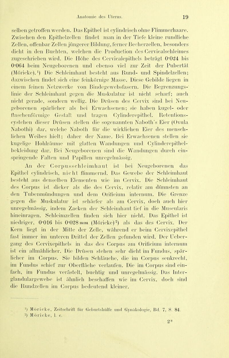 selben gelrofteii werden. Das Epithel ist cylindrisch ohne Flimmerhaare. Zwischen den Epilhelzellen findet man in der Tiefe kleine rundliche Zellen, offenbar Zellen jüngerer Bildung, ferner Becherzellen, besonders dicht in den Buchten, welchen die Production des Gervicalschleimes zugeschrieben wird. Die Höhe des Gervicalepithcls beträgt 0*0^4 bis 0'064 beim Neugeborenen und ebenso viel zur Zeit der Pubertät (Möricke).') Die Schleimhaut besteht aus Piund- und SpindelzeUen; dazwischen findet sich eine feinkörnige Masse. Diese Gebilde liegen in einem feinen Netzwerke von Bindegewebsfasern. Die Begrenzungs-' linie der Schleimhaut gegen die Muskulatur ist nicht scliarf; auch nicht gerade, sondern wellig. Die Drüsen cles Clervix sind bei Neu- geborenen spärlicher als Ijei Erwachsenen; sie haben kugel- oder flaschentV)rmig(> Gestalt und tragen Cylinderepithel. Retentions- cystchen dieser Drüsen stehen die sogenannten Nabotli's Eier (Ovula Nabothi) dar, welche Naboth für die wirklichen Eier des mensch- lichen Weibes hielt: daher der Name. Bei Erwachsenen stellen sie kugelige Hohlräume mit glatten Wandungen und Gyliuderepithel- bekleidmig dar. Bei Neugeborenen sind die Wandungen durch ein- springende Falten und Papillen unregelmässig. An der Gorpusschleimhaut ist bei Neugeborenen das Epithel cylindrisch, nicht himmernd. Das Gewebe der Schleimhaut besteht aus denselben Elementen wie im Cervix. Die Schleimhaut des Corpus ist dicker als die des Cervix, relativ am dünnsten an den Tubenmündungen und dem Orificium internum. Die Grenze gegen die Muskulatur ist schärfer als am Cervix, doch auch hier unregelmässig, indem Zacken der Schleimhaut tief in die Muscularis hineinragen. Schleimzellen finden sich hier nicht. Das Epithel ist niedriger, 0-016 bis 0-028 mm (Möricke) 2) als das des Cervix. Der Kern liegt in der Mitte der Zelle, während er beim Cervixepithel fast immer im unteren Drittel der Zellen gefunden wird. Der Ueber- gang des Cervixepilhels in das des Corpus am Orificium internum ist ein allmählicher. Die Drüsen stehen sehr dicht im Fundus, spär- licher im Corpus. Sie bilden Schläuche, die im Corpus senkrecht, im Fundus schief zur Oberfläche verlaufen. Die im Corpus sind ein- fach, im Fundus verästelt, buchtig und unregelmässig. Das tuter- glandulargewebe ist ähnlich beschaffen wie im Cervix, doch sind die Rundzellen hn Corpus bedeutend kleiner. 1) M öricke, Zeitschritt tür Gchurlsliülle und Gyiiükologie, Bd. 7, S. 84. .2) Möricke, 1. c. 2*