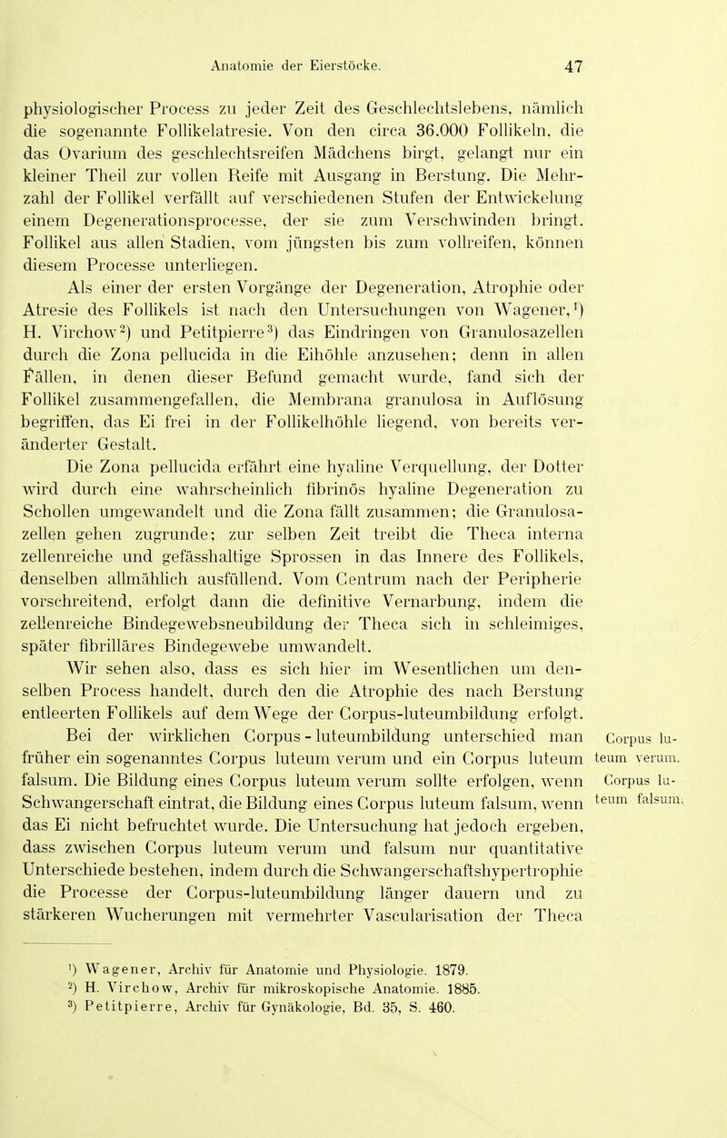 physiologischer Process zu jeder Zeit des Geschlechtslebens, nämlich die sogenannte Follikelatresie. Von den circa 36.000 Follikeln, die das Ovarium des geschlechtsreifen Mädchens birgt, gelangt nur ein kleiner Theil zur vollen Reife mit Ausgang in Berstung. Die Mehr- zahl der Follikel verfällt auf verschiedenen Stufen der Entwickelung einem Degenerationsprocesse, der sie zum Verschwinden bringt. Follikel aus allen Stadien, vom jüngsten bis zum Vollreifen, können diesem Processe unterliegen. Als einer der ersten Vorgänge der Degeneration, Atrophie oder Atresie des Follikels ist nach den Untersuchungen von Wagener,') H. Virchow^) und Petitpierre ^) das Eindringen von Granulosazellen durch die Zona pellucida in die Eihöhle anzusehen; denn in allen Fällen, in denen dieser Befund gemacht wurde, fand sich der Follikel zusammengefallen, die Membrana granulosa in Auflösung begriffen, das Ei frei in der Follikelhöhle liegend, von bereits ver- änderter Gestalt. Die Zona pellucida erfährt eine hyaline Verquellung, der Dotter wird durch eine wahrscheinlich fibrinös hyaline Degeneration zu Schollen umgewandelt und die Zona fällt zusammen; die Granulosa- zellen gehen zugrunde; zur selben Zeit treibt die Theca interna zellenreiche und gefässhaltige Sprossen in das Innere des Follikels, denselben allmähUch ausfüllend. Vom Gentrum nach der Peripherie vorschreitend, erfolgt dann die definitive Vernarbung, indem die zellenreiche Bindegewebsneubildung der Theca sich in schleimiges, später flbrilläres Bindegewebe umwandelt. Wir sehen also, dass es sich hier im Wesentlichen um den- selben Process handelt, durch den die Atrophie des nach Berstung entleerten Follikels auf dem Wege der Corpus-luteumbildung erfolgt. Bei der wirkUchen Corpus - luteumbildung unterschied man Corpus lu- früher ein sogenanntes Corpus luteum verum und ein Corpus luteum teum verum, falsum. Die Bildung eines Corpus luteum verum sollte erfolgen, wenn Corpus lu- Schwangerschaft eintrat, die Bildung eines Corpus luteum falsum, wenn falsumi das Ei nicht befruchtet wurde. Die Untersuchung hat jedoch ergeben, dass zwischen Corpus luteum verum und falsum nur quantitative Unterschiede bestehen, indem durch die Schwangerschaftshypertrophie die Processe der Corpus-luteumbildung länger dauern und zu stärkeren Wucherungen mit vermehrter Vascularisation der Theca ') Wagener, Archiv für Anatomie und Physiologie. 1879. 2) H. Virchow, Archiv für mikroskopische Anatomie. 1885. 3) Petitpierre, Archiv für Gynäkologie, Bd. 35, S. 460.