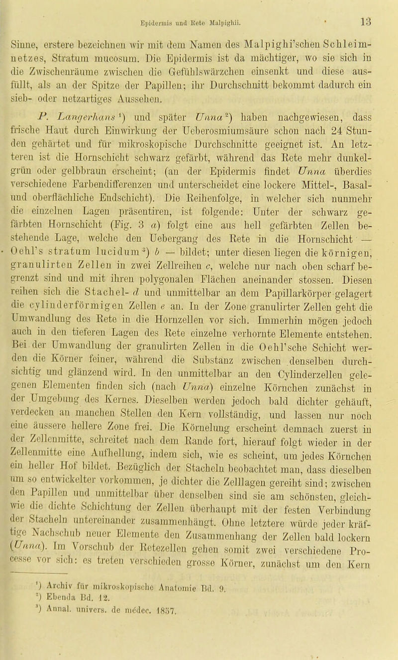 Siüue, erstere bezeichnen wir mit dem Namen des Malpighi'schen Schleim- uetzes, Stratum raucosum. Die Epidermis ist da mächtiger, wo sie sich in die Zwischenräume zwscheu die Gefühlswärzchen einsenkt und diese aus- füllt, als an der Spitze der Papillen; ihr Durchschnitt bekommt dadurch ein sieb- oder netzartiges Aussehen. P. Lamjerhans ^) und später Unna-) haben nachgewiesen, dass frische Haut durch Einwirkung der Ueberosmiumsäure schon nach 24 Stun- den gehärtet und für mikroskopische Durchschnitte geeignet ist. An letz- teren ist die Hornschicht schwarz gefärbt, während das Eete mehr dunkel- grün oder gelbbraun erscheint; (an der Epidermis findet Unna überdies verschiedene Farbendiüerenzen und unterscheidet eine lockere Mittel-, Basal- und oberflächliche Endschicht). Die Reihenfolge, in welcher sich nunmehr die einzelnen Lagen präsentiren, ist folgende: Unter der schwarz ge- färbten Hornschicht (Fig. 3 a) folgt eine aus hell gefärbten Zellen be- stehende Lage, welche den üebergang des Eete in die Hornschicht — Oehl's Stratum lucidum) b — bildet; imter diesen liegen die körnigen, granulirten Zellen in zwei Zellreihen c, welche nm- nach oben scharf be- grenzt sind und mit ihren polygonalen Flächen aneinander stossen. Diesen reihen sich die Stachel- und unmittelbar an dem Papillarkörper gelagert die cylinderförmigen Zellen <? an. In der Zone granulirter Zellen geht die Umwandlung des Eete in die Hornzellen vor sich. Immerhin mögen jedoch auch in den tieferen Lagen des Eete einzelne verhornte Elemente entstehen. Bei der Umwandlung der granulirten Zellen in die Oehl'sehe Schicht wer- den die Körner feiner, während die Substanz zwischen denselben durch- sichtig und glänzend wird. In den unmittelbar an den Cylinderzellen gele- genen Elementen finden sich (nach Unna) einzelne Körnchen zunächst in der Umgebimg des Kernes. Dieselben werden jedoch bald dichter gehäuft, verdecken an manchen Stellen den Kern vollständig, und lassen nur noch eine äussere hellere Zone frei. Die Körnelimg erscheint demnach zuerst in der Zellenmitte, schreitet nach dem Eande fort, hierauf folgt wieder in der Zellenmitte eine Aufhellung, indem sich, wie es scheint, um jedes Körnchen ein heller Hof bildet. Bezüglich der Stacheln beobachtet man, dass dieselben um so entwickelter vorkommen, je dichter die Zelllagen gereiht sind; zwischen den Papillen und unmittelbar über denselben sind sie am schönsten, gleich- wie die dichte Schichtung der Zellen überhaupt mit der festen Verbindung der Stacheln untereinander zusammenhängt. Ohne letztere würde jeder kräf- tige Nachschub neuer Elemente den Zusammenhang der Zellen bald lockern (Unna). Im Vorschub der Ectezellen gehen somit zwei verschiedene Pro- cesse vor sich: es treten verschieden grosse Körner, zunächst um den Kern ') Archiv für mikroskopische Anatomie Bd. 9. ') Ebenda Bd. 12. ') Annal. univers. de medec. 18.57.