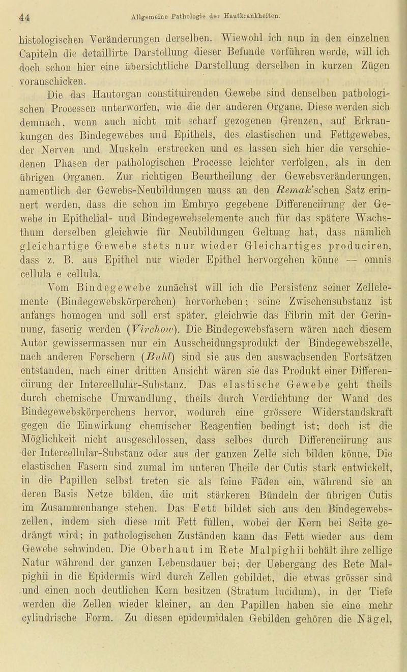 histologischen Veräuderimgeu derselben. Wiewohl ich nun in den einzelnen Capiteln die detaillirte Darstellung dieser Befunde vorführen werde, will ich doch schon hier eine übersichtliche Darstellung derselben in kurzen Zügen voranschicken. Die das Hautorgan constituireuden Gewebe sind denselben pathologi- schen Processen unterworfen, wie die der anderen Organe. Diese werden sich demnach, wenn auch nicht mit scharf gezogenen Grenzen, auf Erkran- kungen des Bindegewebes imd Epithels, des elastischen und Fettgewebes, der Nerven imd Muskeln erstrecken und es lassen sich hier die verschie- denen Phasen der pathologischen Processe leichter verfolgen, als in den übrigen Organen. Zur richtigen Beurtheilung der Gewebsveränderimgen, namentlich der Gewebs-Neubildungen muss an den Remak'schen Satz erin- nert werden, dass die schon im Embr_yo gegebene Dilferenciirung der Ge- webe in Epithelial- und Bindegewebselemente auch für das spätere Wachs- thum derselben gleichAvie für Neubildungen Geltung hat, dass nämlich gleichartige Gewebe stets nur wieder Gleichartiges produciren, dass z. B. aus Epithel nur wieder Epithel hervorgehen könne — omnis cellula e cellula. Vom Bindegewebe zunächst wdll ich die Persistenz seiner Zellele- mente (Bindegewebskörperchen) hervorheben; seine Zwischensubstauz ist anfangs homogen und soll erst später, gleichwie das Fibrin mit der Gerin- nung, faserig werden {VircJww). Die Bindegewebsfasern wären nach diesem Autor gewissermassen nur ein Ausscheidungsprodukt der Bindegewebszelle, nach anderen Forschern {Buhl) sind sie aus den auswachseuden Fortsätzen entstanden, nach einer dritten Ansicht wären sie das Produkt einer Differen- ciirung der Intercellular-Substauz. Das elastische Gewebe geht theils durch chemische Umwandlung, theils durch Verdichtung der Wand des Bindegewebskörperchens hervor, wodurch eine grössere Widerstandskraft gegen die Einwirkung chemischer Reagentieu bedingt ist; doch ist die Möglichkeit nicht ausgeschlossen, dass selbes durch Differenciiruug aus der Intercellular-Substanz oder aus der ganzen Zelle sich bilden könne. Die elastischen Pasern sind zumal im unteren Theile der Cutis stark entvrickelt, in die Papillen selbst treten sie als feine Fäden ein, während sie an deren Basis Netze bilden, die mit stärkeren Bündeln der übrigen Cutis im Zusammenhange stehen. Das Fett bildet sich aus den Bindegewebs- zellen, indem sich diese mit Fett füllen, wobei der Kern bei Seite ge- drängt wii'd-, in pathologischen Zuständen kann das Fett wieder aus dem Gewebe sehwindeu. Die Oberhaut im Rete Malpighii behält ihre zellige Natur während der ganzen Lebensdauer bei-, der Uebergaug des Rete Mal- pighii in die Epidermis wird durch Zellen gebildet, die etwas grösser sind und einen noch deutlichen Kern besitzen (Stratum lucidum), in der Tiefe werden die Zellen wieder kleiner, an den Papillen haben sie eine mehr- cylindrische Form. Zu diesen epidermidalen Gebilden gehören die Nägel,