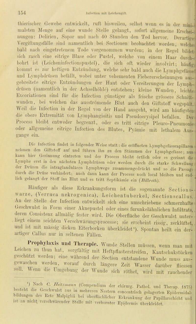 ^1 tliierisclior Gtnvebe ciitwickölt, ruft l)isweil{Mi, selbst weun es in dei- niini- lualsteii Menge auf eine wunde Stelle gelangt, sofort allgemeine Erschei- nungen: Delirien, 8opor und naeli 40 Stunden den Tod hervor. Derartif/o Vergiftungsfälle sind namentlich bei Sectionen beobachtet worden, welche bald nach eingetretenem Tode vorgenommen wurden; in der Regel bildet sich rasch eine eitrige Blase oder Pustel, welche von einem Haar durch- bohrt ist (Leicheninfectionspnstel), die sich oft wieder involvii't; häufig kommt es zur heftigen Entzündung, welche sehr bald auch die Lymphgefässe' nnd Lymphdrüsen befällt, wobei imter vehementen Piebererscheinungen aus- gebreitete eitrige Entzündungen der Hant oder Vereiterungen der Lymph- drüsen (namentlich in der Achselhöhle) entstehen; Ideine Wunden, leichte Excoriationen sind für die Infection günstiger als frische grössere'Schnitt- wunden, bei welchen das ausströmende Blut auch den Giftstoff wegspült. Weil die Infection in der Regel \'on der Hand ausgeht, wird am häufigsten die obere Extremität von Lyjnphaugioitis und Pseudoerysipel befallen. Der Process bleibt entweder begrenzt, oder es tritt eitrige Pleuro-Pueimiouie oder allgemeine eitrige Infection des Blutes, Pyämie mit lethalem Aus- gange ein. Die fniedion findet in folgender Weise statt: die eröffneten Lymphgefässcapillarem nelirnen den Giftstoff auf und führen ihn zu den Stämmen der Lymphgefässe; nuni kann hier Gerinnung eintreten und der Process bleibt örtlich oder es gerinnt die? Lymphe erst in den nächsten Lymphdrüsen oder werden durch die starke Schwellung, der Drüsen die intraglandulären Lymphwege zusammengedrückt und so die Passage durch die Drüse verhindert; auch dann kann der Process noch local bleiben und end- lich gelangt der Stoff ins Blut und es tritt Septikämie ein (Bülroth). Häufiger als diese Erkrankungsform ist die sogenannte Sections-- warze, (Verruca nekrogenica), Leichentuberkel, Sectionscallus. An der Stelle der Infection entwickelt sich eine umschriebene schmerzhafte Geschwulst in Form einer Akuepustel oder eines furunkelähnlicheu Infiltrats,. deren Consistenz allmälig fester wird. Die Oberfläche der Geschwulst unter- ■ . hegt emera seichten Verschwäi-uugsprocesse; sie erscheint rissig, zerklüftet und ist mit massig dicken Eiterboi-keu nberkleidet'). Spontan heilt ein der- artiger Gallus nur in seltenen Fällen. _ Prophylaxis und Therapie. Wunde Stellen müssen, wenn mau mit Leichen zu thun hat, sorgfältig mit Heftpflasterstreifen, Kautschukstücken geschützt werden; eine während der Section entstandene Wunde muss aus- gewaschen werden, worauf durch längere Zeit Wasser darüber fliessen soll. Wenn die Umgebung der Wunde sich röthet, wird mit rauchender ^. . 1 ? ^'^l ^ (Compendium der chirurg. Pathol. und Therap. 187n) besteht die Geschwulst aus in mehreren Nestern concentrisch gelagerten Epidennidal- büdungen des Eete Malpighii bei oberflächlicher Erkrankung der Papillarschicht und ist an nicht; vorschwärender Stelle mit verhornter Epidermis nberkleidet