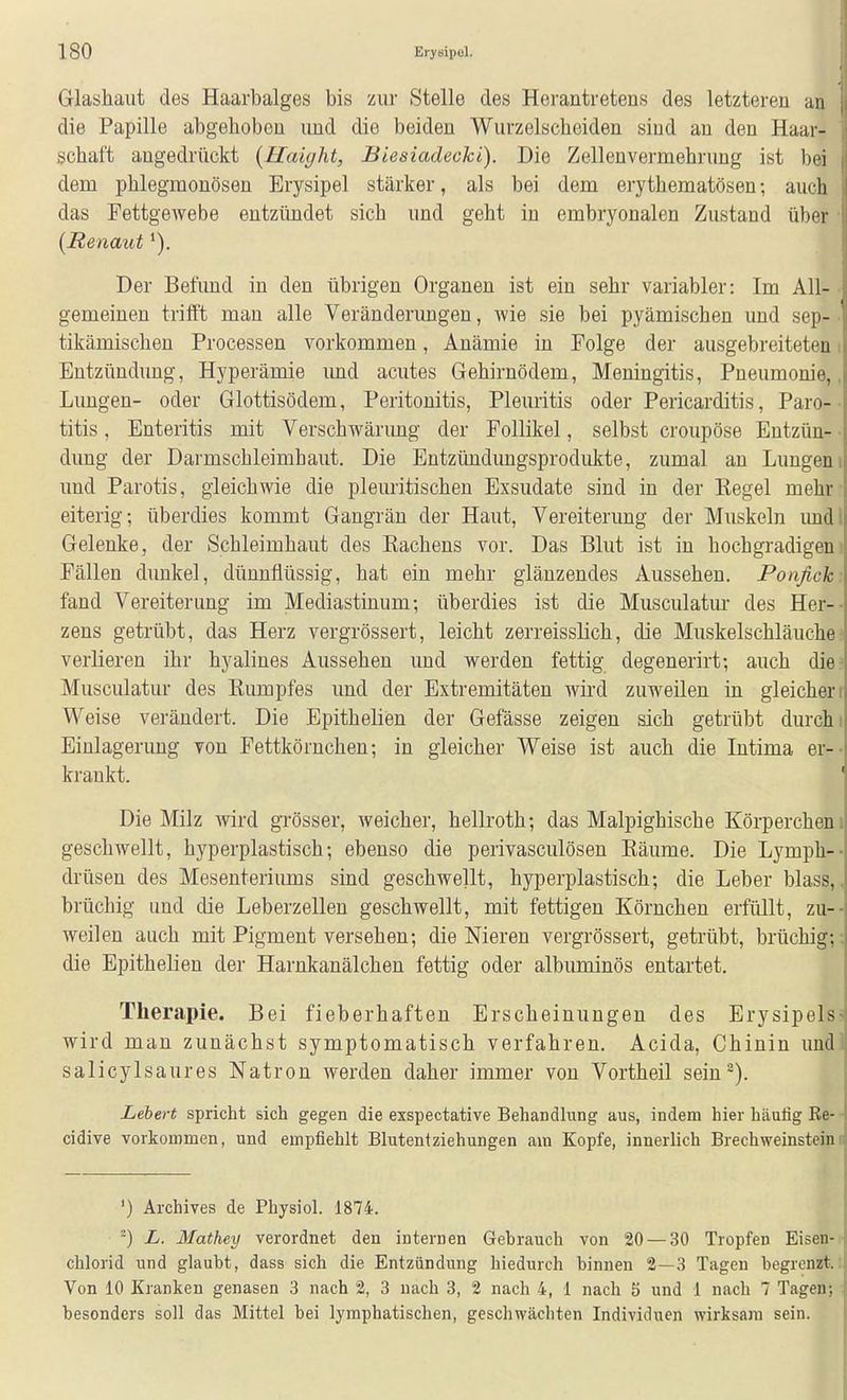 Glashaut des Haarbalges bis zur Stelle des Herantretens des letzteren an die Papille abgehoben und die beiden Wurzelscheiden sind an den Haar- schaft angedrückt [Ilaiyht, Biesiadecki). Die Zellenvermehrung ist bei dem phlegmonösen Erysipel stärker, als bei dem erythematösen; auch das Fettgewebe entzündet sich und geht in embryonalen Zustand über (Renaut Der Befund in den übrigen Organen ist ein sehr variabler: Im All- gemeinen trifft man alle Veränderungen, wie sie bei pyämischen und sep- tikämischen Processen vorkommen, Anämie in Folge der ausgebreiteten i Entzündung, Hyperämie rmd acutes Gehirnödem, Meningitis, Pneumonie,, Lungen- oder Glottisödem, Peritonitis, Pleuritis oder Pericarditis, Paro- • titis, Enteritis mit Verschwärimg der Follikel, selbst croupöse Entzün- • dung der Darmschleimhaut. Die Entzündimgsprodiikte, zumal an Lungern und Parotis, gleichwie die pleuritischen Exsudate sind in der Kegel mehr- eiterig; überdies kommt Gangrän der Haut, Vereiterung der Muskeln imdl Gelenke, der Schleimhaut des Rachens vor. Das Blut ist in hochgradigem Fällen dunkel, dünnflüssig, hat ein mehr glänzendes Aussehen. Ponfich: fand Vereiterung im Mediastinum; überdies ist die Musculatur des Her-- zens getrübt, das Herz vergrössert, leicht zerreisslich, die Muskelschläuche? verlieren ihr hyalines Aussehen und werden fettig degenerirt; auch die: Musculatur des Rumpfes und der Extremitäten wird zuweilen in gleicher r Weise verändert. Die Epithelien der Gefässe zeigen sich getrübt durch i Einlagerung von Fettkörnchen; in gleicher Weise ist auch die Intima er-- krankt. ' Die Milz wird grösser, weicher, hellroth; das Malpighische Körperchen i geschwellt, hyperplastisch; ebenso die perivasculösen Räume. Die Lymph-- drüsen des Mesenteriums sind geschwellt, hyperplastisch; die Leber blass,. brüchig und die Leberzellen geschwellt, mit fettigen Körnchen erfiillt, zu-- weilen auch mit Pigment versehen; die Nieren vergrössert, getrübt, brüchig;; die Epithelien der Harnkanälchen fettig oder albuminös entartet. Therapie. Bei fieberhaften Erscheinungen des Erysipelsä wird man zunächst symptomatisch verfahren. Acida, Chinin und] salicylsaures Natron werden daher immer von Vortheil sein*). Lebert spricht sich gegen die exspectative Behandlung aus, indem hier häutig Re- ■ cidive vorkommen, und empfiehlt Blutentziehungen am Kopfe, innerlich BrechWeinsteini ') Archives de Physiol. 1874. ^) L. Mathey verordnet den internen Gebrauch von 20 — 30 Tropfen Eisen-f Chlorid und glaubt, dass sich die Entzündung hiedurch binnen 2—3 Tagen begrenzt.l Von 10 Kranken genasen 3 nach 2, 3 nach 3, 2 nach 4, 1 nach 5 und 1 nach 7 Tagen; ; besonders soll das Mittel bei lymphatischen, geschwächten Individuen wirksam sein.