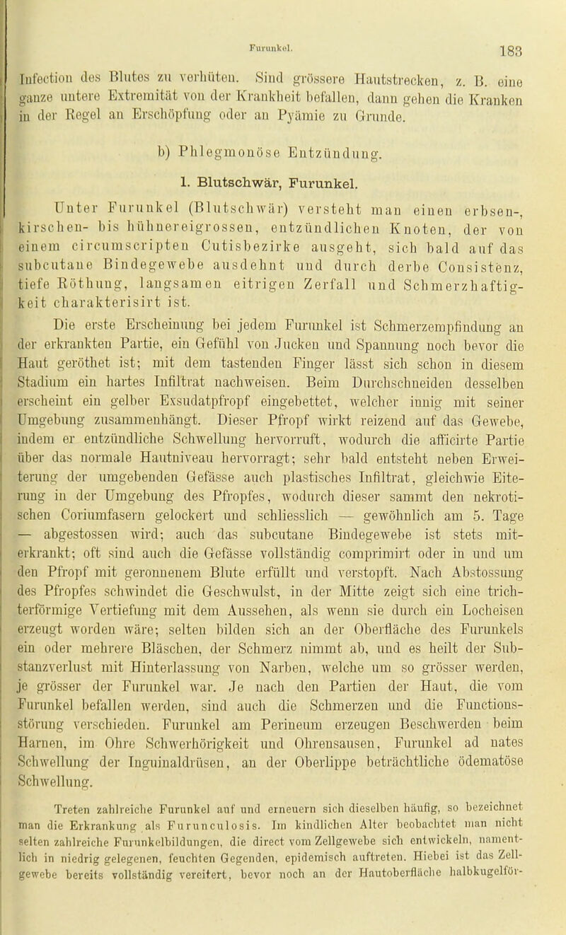 Furuiik(>l. lufectiou des Blutes zu verliiiteu. Sind grössere Hautstreckeu, z. ü. eine gauze untere Extremität von der Krankheit befallen, dann gehen die Kranken in der Regel an Erschöpfung oder an Pyiiraie zu Grunde. b) Phlegmonöse Entzündung. 1. Blutschwär, Purunkel. Unter Furunkel (Blutschwär) versteht man einen erbsen-, kirscheu- bis hühuereigrosseu, entzündlicheu Knoten, der von einem circumscripten Cutisbezirke ausgeht, sich bald auf das subcutaue Bindegewebe ausdehnt und durch derbe Consistenz, tiefe Eöthung, laugsamen eitrigen Zerfall und Schmerzhaftig- keit charakterisirt ist. Die erste Erscheinung bei jedem Furimkel ist Schmerzempfindung an der erkrankten Partie, ein Gefühl von Jucken und Spannung noch bevor die Haut geröthet ist; mit dem tastenden Finger lässt sich schon in diesem Stadium ein hartes Infiltrat nachweisen. Beim Durchschneiden desselben erscheint ein gelber Exsudatpfropf eingebettet, welcher innig mit seiner Umgebung zusammenhängt. Dieser Pfropf Avirkt reizend auf das Gewebe, indem er entzündliche Schwellung hervorruft, wodurch die afficirte Partie über das normale Hautniveau hervorragt; sehr bald entsteht neben Erwei- terung der umgebenden Gefässe auch plastisches Infiltrat, gleichwie Eite- nmg in der Umgebung des Pfropfes, wodurch dieser sammt den nekroti- schen Coriumfasern gelockert und schliesslich — gewöhnlich am 5. Tage — abgestossen wird; auch das subcutane Bindegewebe ist stets mit- erkrankt; oft sind auch die Gefässe vollständig comprimirt oder in und um den Pfropf mit geronnenem Blute erfüllt und verstopft. Nach Abstossuug des Pfropfes schwindet die Geschwulst, in der Mitte zeigt sich eine trich- terförmige Vertiefung mit dem Aussehen, als wenn sie durch eiu Locheisen erzeugt worden wäre; selten bilden sich an der Oberfläche des Furunkels ein oder mehrere Bläschen, der Schmerz nimmt ab, und es heilt der Sub- stanzverlust mit Hinterlassung von Narben, welche um so grösser werden, je oTösser der Fm'unkel war. Je nach den Partien der Haut, die vom Furunkel befallen werden, sind auch die Schmerzen und die Fimctions- störung verschieden. Furunkel am Perineum erzeugen Beschwerden beim Harnen, im Ohre Schwerhörigkeit und Ohrensausen, Furunkel ad nates Schwellung der Inguinaldrüsen, an der Oberlippe beträchtliche ödematöse Schwellung. Treten zahlreiche Furunkel auf und erneuern sich dieselben häufig, so bezeichnet man die Erkrankun,^ als Furunculosis. Im kindlichen Alter beobachtet man nicht selten zahlreiche Furunkelbildungen, die direct vom Zellgewebe sich entwickeln, nament- lich in niedrig gelegenen, feuchten Gegenden, epidemisch auftreten. Hiebei ist das Zell- gewebe bereits vollständig vereitert, bevor noch an der Hautoberfläche halbkugelfür-