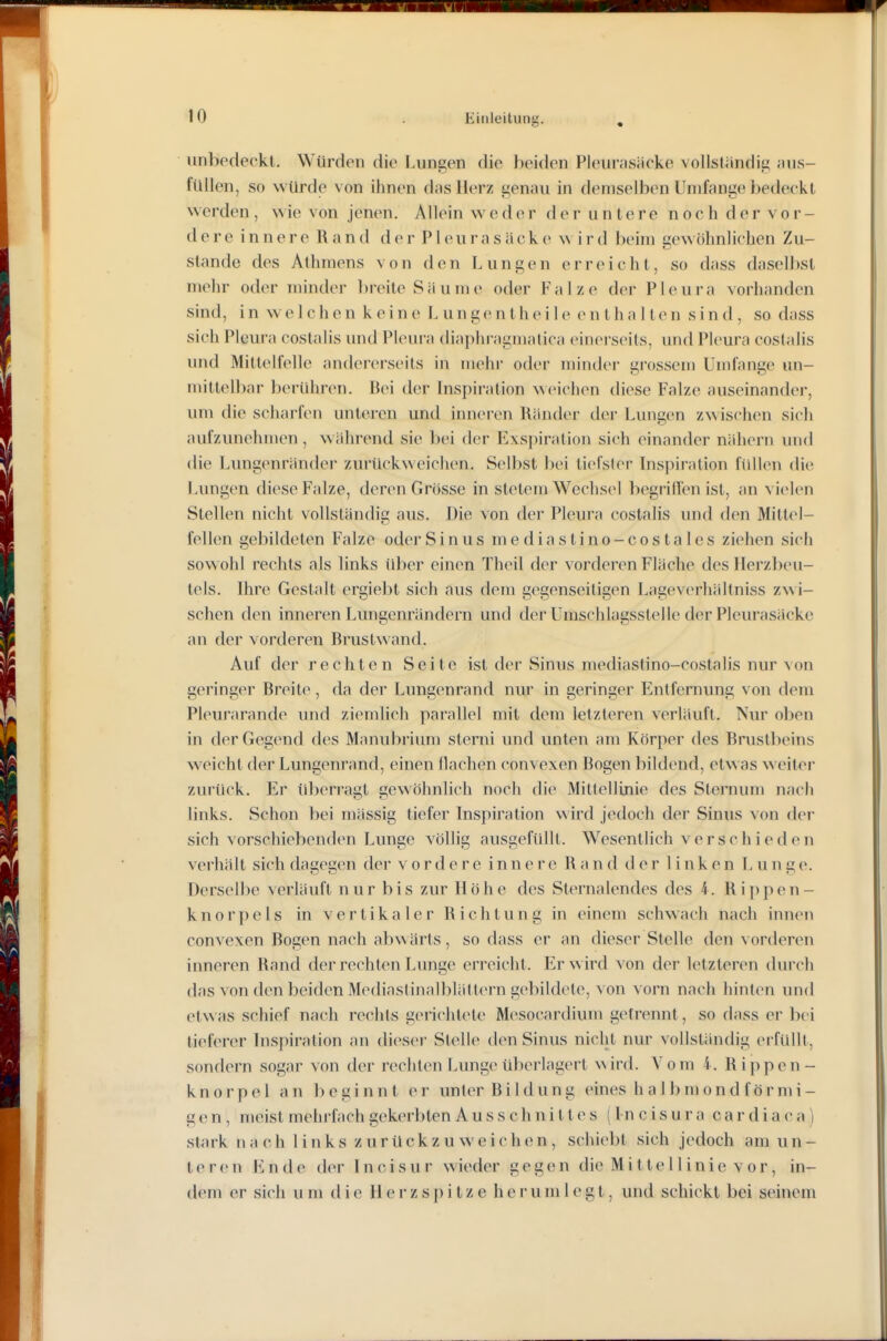 unbedeckt. Würden die Lungen die beiden Pleurnsiicke vollsländiü; hus- füilen, so würdj? von ihnen das Herz genau in demselben Umfange bedeckt werden, Nvie von jenen. Allein weder der untere noch der vor- der e innere Rand der Pleurasäcke wird beim gewöhnlichen Zu- stande des Athmens von den Lungen erreicht, so dass daselbst mehr oder minder breite Säume oder Falze der Pleura vorhanden sind, in welchen keine L unge n thei 1 e enthalten sind, so dass sich Pleura costalis und Pleura diaphragmalica einerseits, und Pleura coslalis und Millelfelle andererseits in mehr oder minder grossem Umfange un- mittelbar berühren. Bei der Inspiration weichen diese Falze auseinander, um die scharfen unteren und inneren Ränder der Lungen zwischen sich aufzunehmen , während sie bei der Exspiration sich einander nähern und die Lungenrändei' zurückweichen. Selbst bei tiefster Inspiration füllen die Lungen diese Falze, deren Grösse in stetem Wechsel begriffen ist, an vielen Stellen nicht vollständig aus. Die von der Pleura costalis und den Mittel- fellen gebildeten Falze oder Sinus mediastino-costales ziehen sich sow ohl rechts als links über einen Theil der vorderen Fläche des IIerzl)eu- tels. Ihre Gestalt ergiebt sich aus dem gegenseitigen Lageverhältniss zw i- schen den inneren Lungenrändern und der Uraschlagsstelle der Pleurasäcke an der vorderen Brustwand. Auf der rechten Seite ist der Sinus mediastino-costalis nur von geringer Breite, da der Lungenrand nur in geringer Entfernung von dem Pleurarande und ziemlich parallel mit dem letzteren verläuft. Nur oben in der Gegend des Manubrium sterni und unten am Körper des Brustbeins weicht der Lungenrand, einen Hachen convexen Bogen bildend, etwas weiter zurück. Ya' überragt gewöhnlich noch die Mittellinie des Sternum nach links. Schon bei mässig tiefer Inspiration wird jedoch der Sinus von der sich vorschiebenden Lunge völlig ausgefüllt. Wesentlich verschieden verhält sich dagegen der vordere innere Rand der linken Lunge. Derselbe verläuft nur bis zur Höhe des Sternalendes des 4. Rippen- knorpels in vertikaler Richtung in einem schwach nach innen convexen Bogen nach abw ärts, so dass er an dieser Stelle den vorderen inneren Rand der rechten Lunge erreicht. Er wird von der letzteren durch das von den beiden MediastinalbläH(>rn gebildete, von vorn nach hinten und etw as schief nach rechts gerichtete Mesocardium getrennt, so dass er l)(-i tieferer Inspiration an dieser Stelle den Sinus nicht nur vollständig ei'füllt, sondern sogar von der rechten Lunge überlagert w ird. Vom 4. Rippen- knorpel an beginnt er unter Bildung eines halbmondförmi- ge n, meist mehrfach gekerbten Ausschnittes (I n c i s u r a c a r d i a c a) stark nach links zurückzuweichen, schiebt sich jedoch am un- teren Ende der Incisur wieder gegen die Mittellinie vor, in- dem er sich um die Herzspitze herum 1 egt, und schickt bei seinem