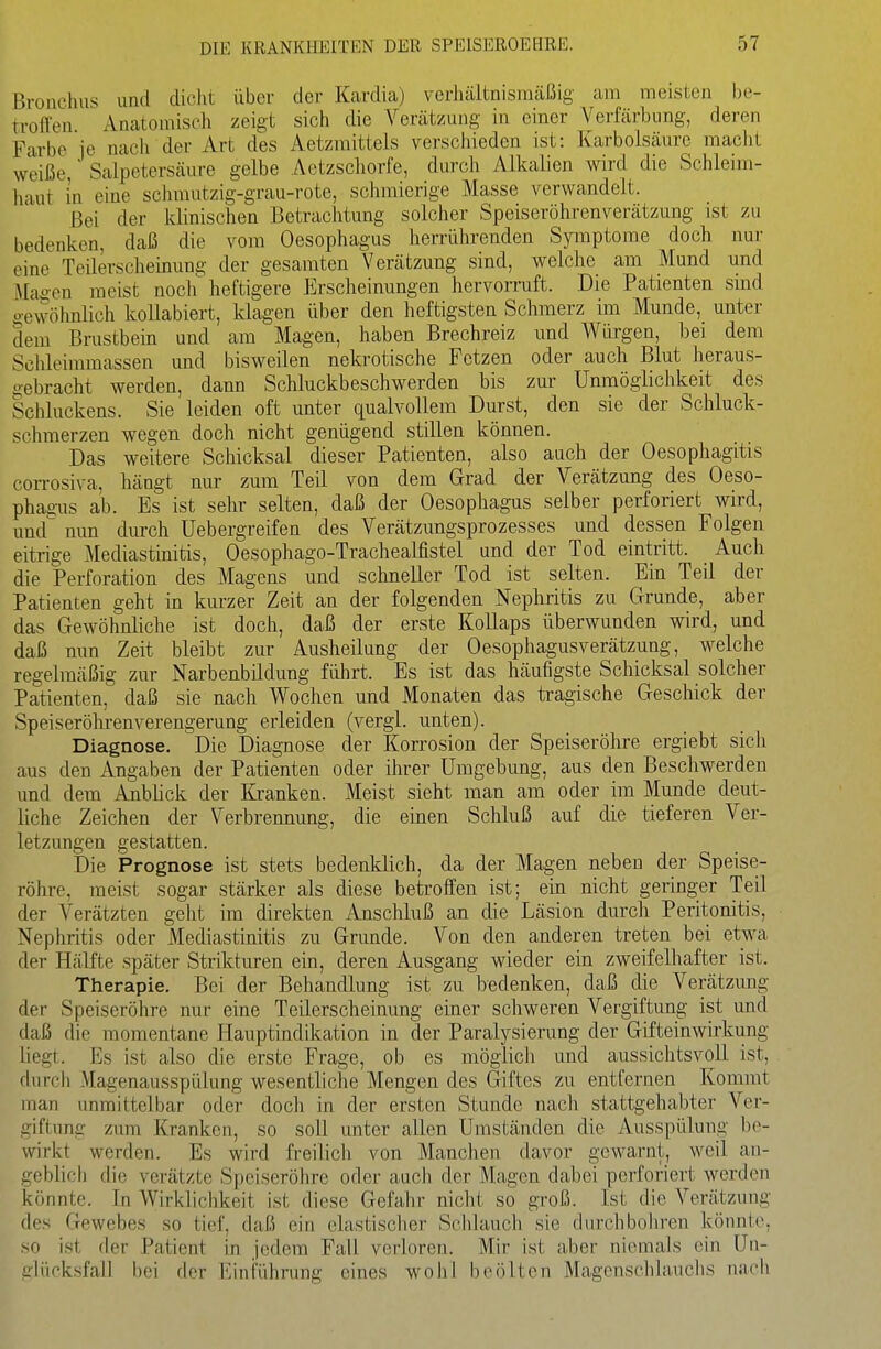 Broüchus und dicht über der Kardia) verhältnismäßig am meisten be- troffen Anatomisch zeigt sich die Verätzung in einer Verfärbung, deren Farbe ie nach der Art des Aetzmittels verschieden ist: Karbolsäure maclit weiße,' Salpetersäure gelbe Aetzschorfe, durch Alkalien wird die Schleim- haut in eine schmutzig-grau-rote, schmierige Masse verwandelt. Bei der klinischen Betrachtung solcher Speiseröhrenverätzung ist zu bedenken, daß die vom Oesophagus lierrührenden Symptome doch nur eine Teilerscheinung der gesamten Verätzung sind, welche am Mund und Magen meist nocir heftigere Erscheinungen hervorruft. Die Patienten smd o-ewöhnlich koUabiert, klagen über den heftigsten Schmerz im Munde, unter dem Brustbein und am Magen, haben Brechreiz und Würgen, bei dem Schleimmassen und bisweilen nekrotische Fetzen oder auch Blut heraus- gebracht werden, dann Schluckbeschwerden bis zur Unmöglichkeit des Schluckens. Sie leiden oft unter qualvollem Durst, den sie der Schluck- schmerzen wegen doch nicht genügend stillen können. Das weitere Schicksal dieser Patienten, also auch der Oesophagitis coiTOsiva, hängt nur zum Teil von dem Grad der Verätzung des Oeso- phagus ab. Es ist sehr selten, daß der Oesophagus selber perforiert wird, und mm durch Uebergreifen des Verätzungsprozesses und dessen Folgen eitrige Mediastinitis, Oesophago-Trachealfistel und der Tod eintritt. Auch die Perforation des Magens und schneller Tod ist selten. Ein Teil der Patienten geht in kurzer Zeit an der folgenden Nephritis zu Grunde, aber das Gewöhnliche ist doch, daß der erste Kollaps überwunden wird, und daß nun Zeit bleibt zur Ausheilung der Oesophagus Verätzung, welche regelmäßig zur Narbenbildung führt. Es ist das häufigste Scliicksal solcher Patienten, daß sie nach Wochen und Monaten das tragische Geschick der Speiseröhrenverengerung erleiden (vergl. unten). Diagnose. Die Diagnose der Korrosion der Speiseröhre ergiebt sich aus den Angaben der Patienten oder ilirer Umgebung, aus den Beschwerden und dem Anblick der Kranken. Meist sieht man am oder im Munde deut- liche Zeichen der Verbrennung, die einen Schluß auf die tieferen Ver- letzungen gestatten. Die Prognose ist stets bedenklich, da der Magen neben der Speise- röhre, meist sogar stärker als diese betroffen ist; ein nicht geringer Teil der Verätzten geht im direkten Anschluß an die Läsion durch Peritonitis, Nephritis oder Mediastinitis zu Grunde. Von den anderen treten bei etwa der Hälfte später Strikturen ein, deren Ausgang wieder ein zweifelhafter ist. Therapie. Bei der Behandlung ist zu Iredenken, daß die Verätzung der Speiseröhre nur eine Teilerscheinung einer schweren Vergiftung ist und daß die momentane Hauptindikation in der Paralysierung der Gifteinwirkung liegt. Es ist also die erste Frage, ob es möglich und aussichtsvoll ist, durch Magenausspülung wesentliche Mengen des Giftes zu entfernen Kommt man unmittelbar oder doch in der ersten Stunde nach stattgehabter Ver- giftung zum Kranken, so soll unter allen Umständen die Ausspülung be- wirkt werden. Es wird freilich von Manchen davor gewarnt, weil an- geblich die verätzte Speiseröhre oder auch der Magen dabei perforiert werden könnte. In Wirklichkeit ist diese Gefahr nicht so groß. Ist die Verätzung des Gewebes so tief, daß ein elastischer Schlauch sie durchbohren könnte, so ist der Patient in jedem Fall verloren. Mir ist aber niemals ein Un- cliicksfall hei der Einführung eines wohl beölten Magensclilauclis nach