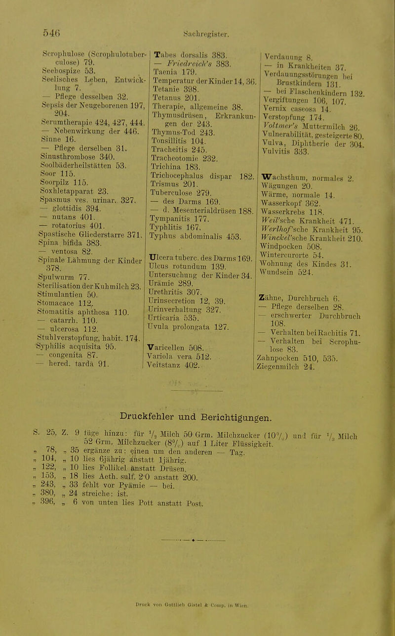 Scrophulose (Scroijhulotiiber- culose) 79. Öeehospize 53. Seelisches Leben, Entwick- lung 7. — Pflege desselben 32. Sepsis der Neugeborenen 197, 204. Sei'umtlierapie 424, 427, 444. — Nebenwirkung der 446. Sinne 16. — Pflege derselben 31. Sinusthrombose 340. Soolbiiderheilstätten 53. Soor 115. Soorpilz 115. Soxhietapparat 23. Spasmus ves. urinar. 327. — glottidis 394. — nutans 401. — rotatorius 401. Spastische Gliederstarre 371. Spina bifida 383. — ventosa 82. Spinale Lähmung der Kinder 378. Spulwurm 77. Sterilisation der Kuhmilch 23. Stimulantien 50. Stomacace 112,. Stomatitis aphthosa 110. — catarrh. 110. — ulcerosa 112. Stuhlverstopfung, habit. 174. Syphilis acquisita 95. — congenita 87. — her ed. tarda 91. Tabes dorsalis 383. — Friedrcich's 383. Taenia 179. Temperatur der Kinder 14, 36. Tetanie 398. Tetanus 201. Therapie, allgemeine 38. Thymusdrüsen, Erkrankun- gen der 243. Thymus-Tod 243. Tonsillitis 104. Tracheitis 245. Tracheotomic 232. Trichina 183. Trichocephalus disi)ar 182. Trismus 201. Tuberculose 279. — des Darms 169. — d. Mesenterialdrüsen 188. Tympanitis 177. Typhlitis 167. Typhus abdominalis 453. Ulcera tuberc. des Därms 169. Ulcus rotundum 139. Untersuchung der Kinder 34, Urämie 289. Urethritis 307. Urinsecretion 12, 39. Urinverhaltnng ,327. Urticaria 535. Uvula prolongata 127. Verdauung 8. — in Krankheiten 37. Verdauungsstörungen bei Brustkindern 131. — bei Flasclienkindern 132. Vergiftungen 106, 107. Vernix caseosa 14. Verstopfung 174. Voltmer'n Muttermilch 26. Vulnerabilität, gesteigerte 80. Vulva, Diphtherie der 304 Vulvitis 333. Wachsthum, normales 2. Wägungen 20. Wärme, normale 14. Wasserkopf 362. Wasserkrebs 118. Weil'sv^ne Krankheit 471. Werlhof'sche Krankheit 95. WinckeV^chQ Krankheit 210. Windpocken 508. Wintercurorte 54. Wohnung des Kindes 31. Wundsein 524. Varicellen 508. Variola vera 512. Veitstanz 402. Zähne, Durchbrach 6. — Pflege derselben 28. — erschwerter Durchbruch 108. — Verhalten beiRachitis 71. — Verhalten bei Scrophu- lose 83. Zahnpocken 510, 535. Ziegenmilch 24. ■'f s Druckfehler und Berichtigungen. S. 25, Z. 9 tilge hinzu: für Milch 50 Grm. Milchzucker (107J und für '/ Milch ^ o2 Grm. Milchzucker (8%) auf 1 Liter Flüssigkeit. » tS, „ 35 ergänze zu: einen um den anderen — Tag. „ 104, „ 10 lies 6jährig aiistatt Ijährig. „ 122, ,, 10 lies Follikel anstatt Drüsen. „ 153, „ 18 lies Aeth. sulf. 2-0 anstatt 200. n 243, „ 33 fehlt vor Pyämie — bei. „ 380, „ 24 streiche: ist. „ 396, „ 6 von unten lies Pott anstatt Post. Ilnick vuii Goltlifli Gislcl * Ciuiip. in Wiun.