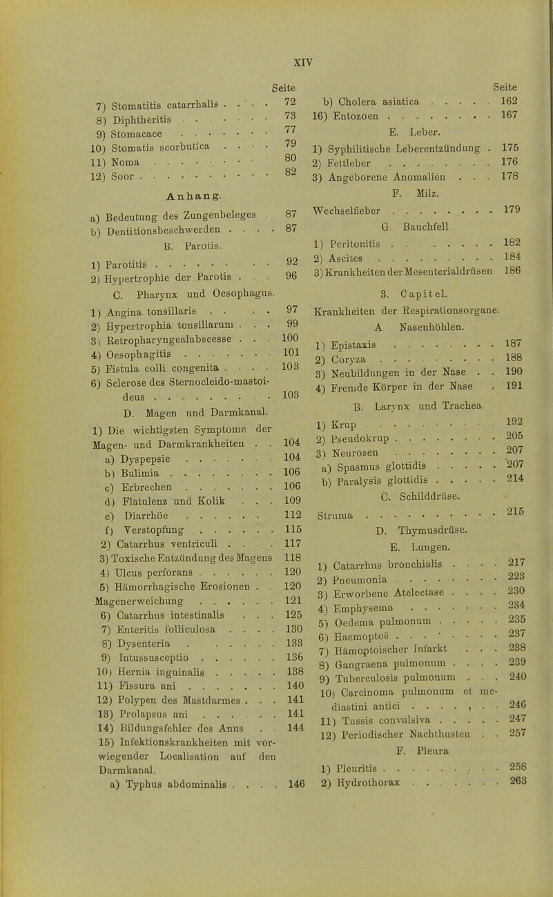 7) Stomatitis catarrhalis 8) Diphtheritis . • 9) Stomacace . • • 10) Stomatis scorbutica 11) Noma 12) Soor Anhang. a) Bedeutung des Zungenbeleges b) Dentitionsbeschwerden . . . B. Parotis. Seite 72 73 77 79 80 82 87 87 92 96 97 99 100 1) Parotitis 2) Hypertrophie der Parotis . C. Pharynx und Oesophagus, 1) Angina tonsillaris . • • . 2) Hypertrophia tonsülarum . . . 3) Retropharyngealabscesse . . . 4) Oesophagitis 101 5) Fistula colli congenita .... 103 6) Sclerose des Sternocleido-mastoi- deus 103 D. Magen und Darmkanal. 1) Die wichtigsten Symptome der Magen- und Darmkrankheiten . . 104 a) Dyspepsie 104 b) Bulimia 106 c) Erbrechen 106 d) Flatulenz und Kolik ... 109 e) Diarrhöe 112 f) Verstopfung 115 2) Catarrhus ventriculi . . . . 117 3) Toxische Entzündung des Magens 118 4) Ulcus perforans 120 5) Hämorrhagische Erosionen . . 120 Magenerweichung 121 6) Catarrhus intestinalis . . . 125 7) Enteritis folliculosa .... 130 8) Dysenteria 133 9) Intussusccptio 136 10) Hernia inguinalis 138 11) Fissura ani 140 12) Polypen des Mastdarmes . . . 141 13) Prolapsus ani 141 14) Bildungsfehlcr des Anus . . 144 15) Infektionskrankheiten mit vor- wiegender Localisation auf den Darmkanal. a) Typhus abdominalis .... 146 Seite b) Cholera asiatica 162 16) Entozoen 167 E. Leber. 1) Syphilitische Leberentzündung . 175 2) Fettleber 176 3) Angeborene Anomalien . . . 178 F. Milz. Wechselfieber • • • 179 G. Bauchfell. 1) Peritonitis 182 2) Ascites 184 3) Krankheiten der Mesenterialdrüsen 186 3. Capitel. Krankheiten der Respirationsorgane. A Nasenhöhlen. 1) Epistaxis 2) Coryza 3) Neubildungen in der Nase . 4) Fremde Körper in der Nase B. Larvnx und Trachea 1) Krup 2) Pseudokrup 3) Neurosen a) Spasmus glottidis . . b) Paralysis glottidis . . C. Schilddrüse, Struma D. Thymusdrüse E. Lungen. 1) Catarrhus bronchialis . 2) Pneumonia 3) Erworbene Atelectase . 4) Emphysema .... 5) Oedema pulmonum . . 6) Haemoptoö . . . • . 7) Hämoptoischer Infarkt 8) Gangraena pulmonum . 9) Tuberculosis pulmonum 10) Carcinoma pulmonum diastini antici . . . . , 11) Tussis convulsiva . . . 12) Periodischer Nachthusten F. Pleura et nie 187 188 190 191 192 205 207 207 214 1) Pleuritis . . 2) Hydrothorax 215 217 223 230 234 235 237 238 239 240 246 247 257 258 263
