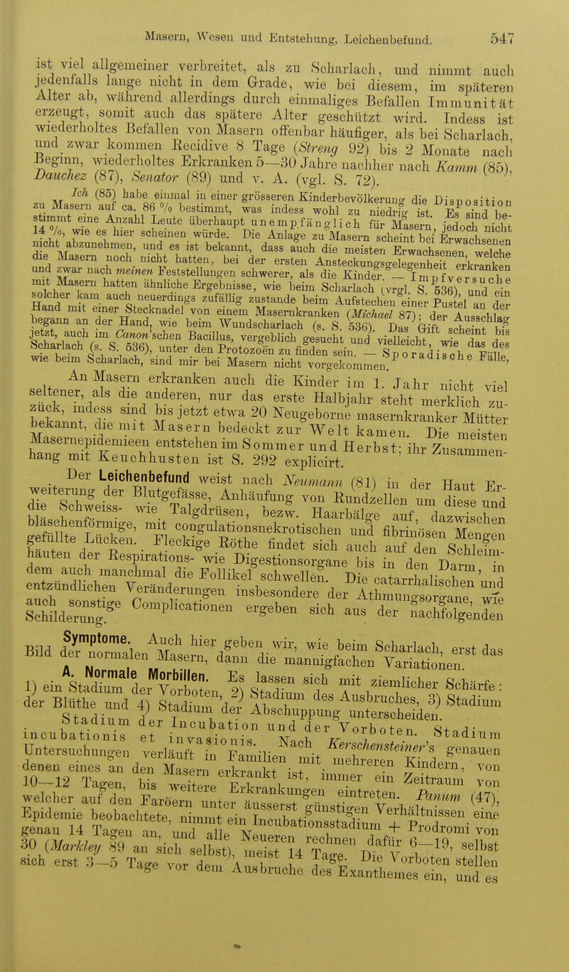 ist viel aUgemeiner verbreitet, als zu Scharlach, und nimmt aucli jedenfalls lange nicht in dem Grade, wie bei diesem, im späteren Alter ab, während allerdmgs durch einmaliges Befallen Immunität erzeugt, somit auch das spätere Alter geschützt wird. Indess ist wiederholtes Befallen von Masern offenbar häufiger, als bei Scharlach, und_ zwar kommen Eecidive 8 Tage {Streng 92) bis 2 Monate nach Beginn, wiedeijoltes Erkranken 5-30 Jahre nachher nach Kamm (85), Dauchez (8 0, Senator (89) und v. A. (vgl. S. 72). Ich (85) habe emmal in einer grösseren Kinderbevölkerun^ die Disnosifinn zu Masern aui ca 86 7o bestimmt, was indess wohl zu niedrfg tt 4 S be stimmt eme Anzahl Leute überhaupt unemp.fänglich für Masern, jedoch nich if2'«r' 'l^'' ««^ei^«. ^ürde. Die Anlage zu Masern scheint bd Cachsenen n cht abzunehmen, und es ist bekannt, dass auch die meisten Erwachsene? welche die Masern noch nicht hatten, bei der ersten Ansteckungsgelegenheft er'kmXn und zwar nach wiemm Feststellungen schwerer, als die Kinder - TTrf v! . » ^ mit Masern hatten ähnliche Ergebnisse, wie beim Scharkch (vrgl ^'sSG) und'ein solcher kam auch neuerdings zufällig zustande beim Aufstechen eine; Pustel L der Hand mit emer Stecknadel von einem Masernkranken (Michad t \^ begann an der Hand, wie beim Wundscharlach (s S ölS ks ^Gi^ .nhZf Ä^^rS^'S''? ''r^^' r^.^Wich ^^^^-^^ und^e'JScht w^f S öcüariach (s b 536), unter den Protozoen zu finden sein — Sn o rad i r ^-V, Tv-^\! wie beim Scharlach, sind mir bei Masern nicht vorgekommen ^ .pH. ^^'^^'^^^6^ a^^ßli die Kinder im 1. Jahr nicht viel seltener, als die anderen, nur das erste Halbjahr steht merklich zu Sann? dS m i ^ m f T f Neugeboni masernla Jker MütS bekannt, die mit Masern bedeckt zur Welt kamen. Die meisten Masernepidemieen ^^^^^ im Sommer und Herbst; ihr Zusammen hang mit Keuchhusten ist S. 292 explicirt. zusammen Der Leichenbefund weist nach Neumann (81) in der Haut Fr hauten der Eespirations- wie Digestionsorgane bis in den Da?'m Tn SiWeTun? Comphoationen ergeben sich aus der SSgenleo welcher auf den Farö^rn n^ti m, 30 (Markle,j 89 an li^h jhlt^ .f.k Ii t r?''-;^ '«'bst »ich er. :/-5 Ta,e vorÄXcit L^LÄLt Ä