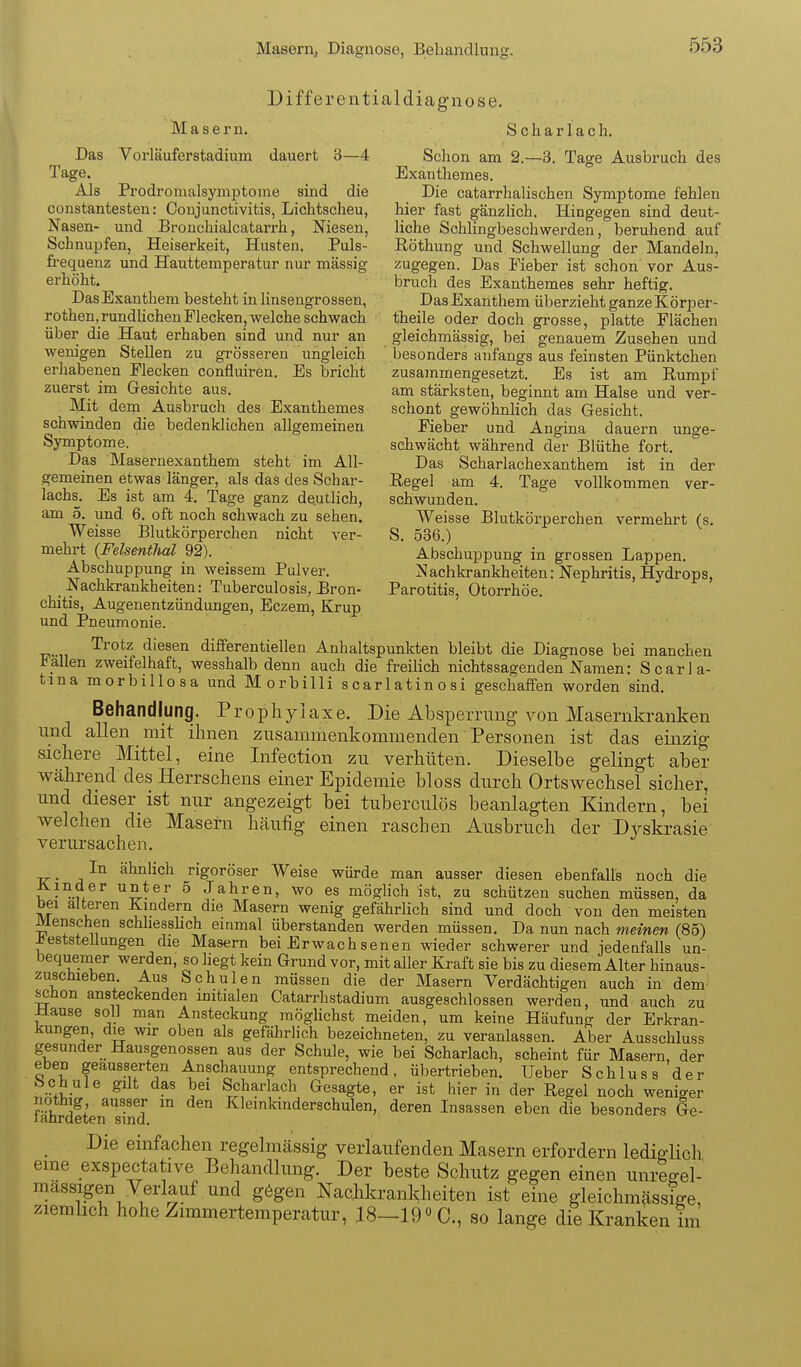 Masern, Diagnose, Behandlung. Differentialdiagnose. Masern. Scharlach. Das Vorläuferstadium dauert 3—4 Schon am 2.—3. Tage Ausbruch des Tage. Exanthemes. Als Prodromalsymptome sind die Die catarrhalischen Symptome fehlen constantesten: Conjunctivitis, Lichtscheu, hier fast gänzlich. Hingegen sind deut- Nasen- und Bronchialcatarrh, Niesen, liehe Schlingbeschwerden, beruhend auf Schnupfen, Heiserkeit, Husten. Puls- Röthung und Schwellung der Mandeln, frequenz und Hauttemperatur nur mässig zugegen. Das Fieber ist schon vor Aus- ei'liöht. bruch des Exanthemes sehr heftig. Das Exanthem besteht in linsengrossen, Das Exanthem überzieht ganze Körper- rothen, rundhchen Flecken, welche schwach theile oder doch grosse, platte Flächen über die Haut erhaben sind und nur an gleichmässig, bei genauem Zusehen und wenigen Stellen zu grösseren ungleich ' besonders anfangs aus feinsten Pünktchen erhabenen Flecken confluiren. Es bricht zusajnmengesetzt. Es ist am Rumpf zuerst im Gesichte aus. am stärksten, beginnt am Halse und ver- Mit dem Ausbruch des Exanthemes schont gewöhnhch das Gesicht, schwinden die bedenklichen allgemeinen Fieber und Angina dauern unge- Symptome. schwächt während der Blüthe fort. Das Masernexanthem steht im All- Das Scharlachexanthem ist in der gemeinen etwas länger, als das des Schar- Regel am 4. Tage vollkommen ver- lachs. Es ist am 4. Tage ganz deutlich, schwunden. am 5. und 6. oft noch schwach zu sehen. Weisse Blutkörperchen vermehrt (s. Weisse Blutkörperchen nicht ver- S. 536.) mehrt {Felsenthal 92). Abschuppung in grossen Lappen. Abschuppung in weissem Pulver. Machkrankheiten: Nephritis, Hydrops, Nachkrankheiten: Tuberculosis, Bron- Parotitis, Otorrhöe. chitis, Augenentzündungen, Eczem, Krup und Pneumonie. Tj,..,, ^^^^^ diesen dififerentiellen Anhaltspunkten bleibt die Diagnose bei manchen -ballen zweifelhaft, wesshalb denn auch die freilich nichtssagenden Namen: Scarla- tma morbillosa und Morbilli scarlatinosi geschaffen worden sind. Behandlung. Prophylaxe. Die Absperrung von Masernkranken und allen mit ihnen zusammenkommenden Personen ist das einzig sichere Mittel, eine Infection zu verhüten. Dieselbe gelingt aber während des Herrschens einer Epidemie bloss durch Ortswechsel sicher, und dieser ist nur angezeigt bei tuberculös beanlagten Kindern, bei welchen die Masern häufig einen raschen Ausbruch der D^^skrasie verursachen. In ähnlich rigoröser Weise würde man ausser diesen ebenfalls noch die Rinder unter 5 Jahren, wo es möglich ist, zu schützen suchen müssen, da bei alteren Kindern die Masern wenig gefährlich sind und doch von den meisten Menschen schliesshch einmal überstanden werden müssen. Da nun nach meinen (85) Feststellungen die Masern bei Erwach senen wieder schwerer und jedenfalls un- bequemer werden, so liegt kein Grund vor, mit aller Kraft sie bis zu diesem Alter hinaus- zusclueben Aus Schulen müssen die der Masern Verdächtigen auch in dem scüon ansteckenden initialen Oatarrhstadium ausgeschlossen werden, und auch zu ±lause soll man Ansteckung möghchst meiden, um keine Häufung der Erkran- kungen, d^ wu- oben als gefährlich bezeichneten, zu veranlassen. Aber Ausschluss gesunder Hausgenossen aus der Schule, wie bei Scharlach, scheint für Masern der eben geäusserten Anschauung entsprechend, übertrieben. Ueber Schluss der >bchule güt das bei Scharlach Gesagte, er ist hier in der Regel noch weniger fSftenTind '° Kleinkinderschulen, deren Lisassen eben die besonders Ge- Die einfachen regelmässig verlaufenden Masern erfordern lediglich eme exspectative Behandlung. Der beste Schutz gegen einen unreffel- mässigen Yerlauf und gegen Nachkrankheiten ist eine gleichmässLe ziemlich hohe Zimmertemperatur, 18—19«C., so lange die Kranken im