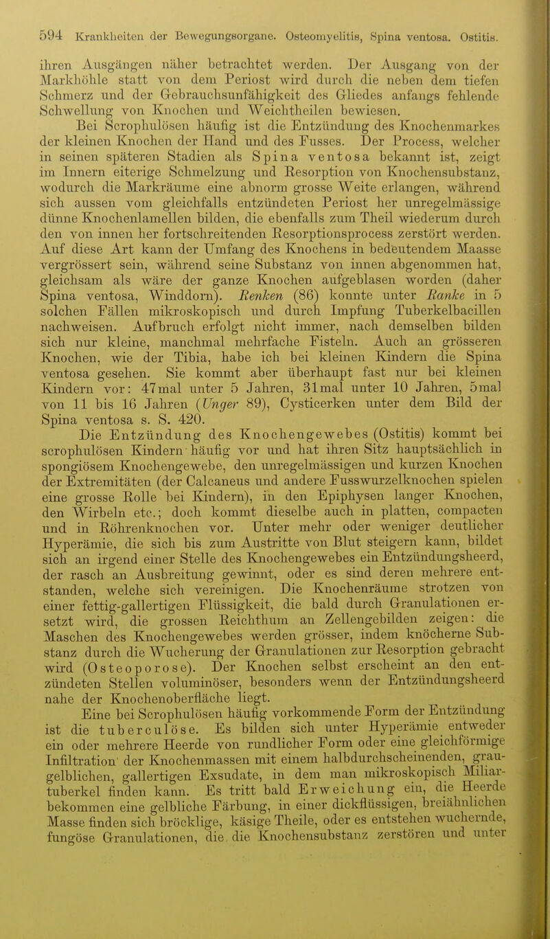 ihren Ausgängen näher betrachtet werden. Der Ausgang von der Markliöhle statt von dem Periost Avird durcli die neben dem tiefen Schmerz und der Grebrauchsunfähigkeit des Gliedes anfangs fehlende Schw^ellung von Knochen und Weichtheilen bewiesen. Bei Scrophulösen häufig ist die Entzündung des Knochenmarkes der kleinen Knochen der Hand und des Eusses. Der Process, welcher in seinen späteren Stadien als Spina ventosa bekannt ist, zeigt im Innern eiterige Schmelzung und Resorption von Knochensubstanz, wodurch die Markräume eine abnorm grosse Weite erlangen, während sich aussen vom gleichfalls entzündeten Periost her unregelmässige dünne Knochenlamellen bilden, die ebenfalls zum Theil wiederum durch den von innen her fortschreitenden Resorptionsprocess zerstört werden. Auf diese Art kann der Umfang des Knochens in bedeutendem Maasse vergrössert sein, während seine Substanz von innen abgenommen hat, gleichsam als wäre der ganze Knochen aufgeblasen worden (daher Spina ventosa. Winddorn). Renken (86) konnte unter Ranke in 5 solchen Fällen mikroskopisch und durch Impfung Tuberkelbacillen nachweisen. Aufbruch erfolgt nicht immer, nach demselben bilden sich nur kleine, manchmal mehrfache Fisteln. Auch an grösseren Knochen, wie der Tibia, habe ich bei kleinen Kindern die Spina ventosa gesehen. Sie kommt aber überhaupt fast nur bei kleinen Eandern vor: 47mal unter 5 Jahren, 31 mal unter 10 Jahren, 5mal von 11 bis 16 Jahren (Unger 89), Cysticerken unter dem Bild der Spina ventosa s. S. 420. Die Entzündung des Knochengewebes (Ostitis) kommt bei scrophulösen Kindern häufig vor und hat ihren Sitz hauptsächlich in spongiösem Knochengewebe, den unregelmässigen und kurzen Knochen der Extremitäten (der Calcaneus und andere Fusswurzelknochen spielen eine grosse Eolle bei Kindern), in den Epiphysen langer Knochen, den Wirbeln etc.; doch kommt dieselbe auch in platten, compacten und in Eöhrenknochen vor. Unter mehr oder weniger deutlicher Hyperämie, die sich bis zum Austritte von Blut steigern kann, bildet sich an irgend einer Stelle des Knochengewebes ein Entzündungsheerd, der rasch an Ausbreitung gewinnt, oder es sind deren mehrere ent- standen, welche sich vereinigen. Die Knochenräume strotzen von einer fettig-gallertigen Flüssigkeit, die bald durch G-ranulationen er- setzt wird, die grossen Eeichthum an Zellengebilden zeigen: die Maschen des Knochengewebes werden grösser, indem knöcherne Sub- stanz durch die Wucherung der Granulationen zur Resorption gebracht wird (Osteoporose). Der Knochen selbst erscheint an den ent- zündeten Stellen voluminöser, besonders wenn der Entzündungsheerd nahe der Knochenoberfläche liegt. Eine bei Scrophulösen häufig vorkommende Form der Entzündung ist die tuberculöse. Es bilden sich unter Hyperämie entweder ein oder mehrere Heerde von rundlicher Form oder eine gleichförmige Infiltration der Knochenmassen mit einem halbdurchscheinenden, grau- gelblichen, gallertigen Exsudate, in dem man mikroskopisch Miliar- tuberkel finden kann. Es tritt bald Erweichung ein, die Heerde bekommen eine gelbliche Färbung, in einer dickflüssigen, breiähnlichen Masse finden sich bröcklige, käsige Theile, oder es entstehen wuchernde, fungöse Granulationen, die, die Knochensubstanz zerstören und unter