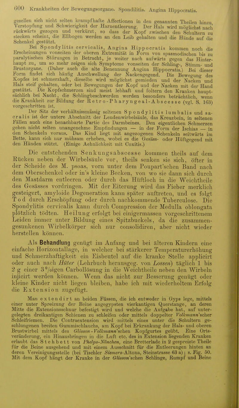 (iOÜ Krankheiten der Bewegungsorgane. Spondilitis. Angina Hippocratis. gesellen sich nicht selten krampfhafte Affectionen in den genannten Theilen hinzu Verstopfung und Schwierigkeit der Harnentleerung. Der Hals wird möglichst nach rückwärts gezogen und verkürzt, so dass der Kopf zwischen den Schultern zu stecken scheint, die Ellbogen werden an den Leib gehalten und die Hände auf die Schenkel gestützt. Bei Spondylitis cervicalis, Angina Hippocratis kommen noch die Erscheinungen vonseiten der oberen Extremität in Form von spasmodischen bis zu ])ara]ytischen Störungen in Betracht, je weiter nach aufwärts gegen das Hinter- haupt zu, um so mehr zeigen sich Symptome vonseiten der Schling-, Stimm- und ßrustorgane. (Daher auch die alte Benennung Angina Hippocratis.) Bei dieser Form findet sich häufig Anschwellung der Nackengegend. Die Bewegung des Kopfes ist schmerzhaft, dieselbe wird möglichst gemieden und der Nacken und Hals steif gehalten, oder bei Bewegungen der Kopf und der Nacken mit der Hand gestützt. Die Kopfschmerzen sind raeist lebhaft und foltern den Kranken haupt- sächlich bei Nacht, die Schlingbeschwerden werden besonders beträchtlich, wenn die Krankheit zur Bildung der Retro-Pharyngeal-A bscesse (vgl, S. 163) vorgeschritten ist. o • • Der Sitz der verhältnissmässig seltenen Spondylitis lumbalis und sa- cralis ist der untere Abschnitt der Lenden Wirbelsäule, das Kreuzbein, in seltenen Fällen auch eine benachbarte Partie des Darmbeines. Den eigentlichen Schmerzen gehen nicht selten unangenehme Empfindungen — in der Form der Ischias in den Schenkeln voraus. Das Kind liegt mit angezogenen Schenkeln seitwärts im Bette, kann sich nur mühsam erheben, wobei es die Gresäss- oder Hüftgegend mit den.Händen stützt. (Einige Aehnhchkeit mit Coxitis.) Die entstehenden Senkungsabscesse kommen theils auf dem Rücken neben der Wirbelsäule vor, theils senken sie sich, öfter in der Scheide des M. psoas, vorn unter dem Poupart'schen Band nach dem Oberschenkel oder in's kleine Becken, von wo sie dann sich durch den Mastdarm entleeren oder durch das Hüftloch in die Weichtheile des Gesässes vordringen. Mit der Eiterung wird das Fieber merklich gesteigert, amyloide Degeneration kann später auftreten, und es folgt Tod durch Erschöpfung oder durch nachkommende Tuberculose. Die Spondylitis cervicalis kann durch Compression der Medulla oblongata plötzlich tödten. Heilung erfolgt bei einigermassen vorgeschrittenem Leiden immer unter Bildung eines Spitzbuckels, da die zusammen- gesunkenen Wirbelkörper sich nur consolidiren, aber nicht wieder herstellen können. Als Behandlung genügt im Anfang und bei älteren Kindern eine einfache Horizontallage, in welcher bei stärkerer Temperaturerhöhung und Schmerzhaftigkeit ein Eisbeutel auf die kranke Stelle applicirt oder auch nach Hüter (Lehrbuch herausgeg. von Lossen) täglich 1 bis 2 g einer 3 '^/oigen Carbollösung in die Weichtheile neben den Wirbeln injicirt werden können. Wenn das nicht zur Besserung genügt oder kleine Kinder nicht liegen bleiben, habe ich mit wiederholtem Erfolg die Extension zugefügt. Man extendirt an beiden Füssen, die ich entweder in Gryps lege, mittels einer unter Spreizung der Beine angegypsten vierkantigen Querstange, an deren Mitte die Extensionsschnur befestigt wird und welche die Aufgabe hat, auf unter- gelegten dreikantigen Schienen zu schleifen oder mittels doppelter Volkmann'Bcher Schleifriemen. Die Contraextension wird mittels eines unter die Schultern ge- schlungenen breiten Gummischlauchs, am Kopf bei Erkrankung der Hals- und oberen Brustwirbel mittels des Glisson-Volkmann'sehen Kopfgurtes geübt. Eine Orts- veränderung, ein Hinausbringen in die Luft etc, des in Extension liegenden Kranken erlaubt das Stehbett von Phelps-Nönchen, eine Bretterlade in 2 gespreizte Theile für die Beine ausgehend und mit einem Ausschnitt für die Entleerungen hinten an deren Vereinigungsstelle (bei Tischler Sietners-Altona, Steinstrasse 63 a); s, Fig. 50. Mit dem Kopf hängt der Kranke in der Glisson'schen Schlinge, Rumpf und Beine