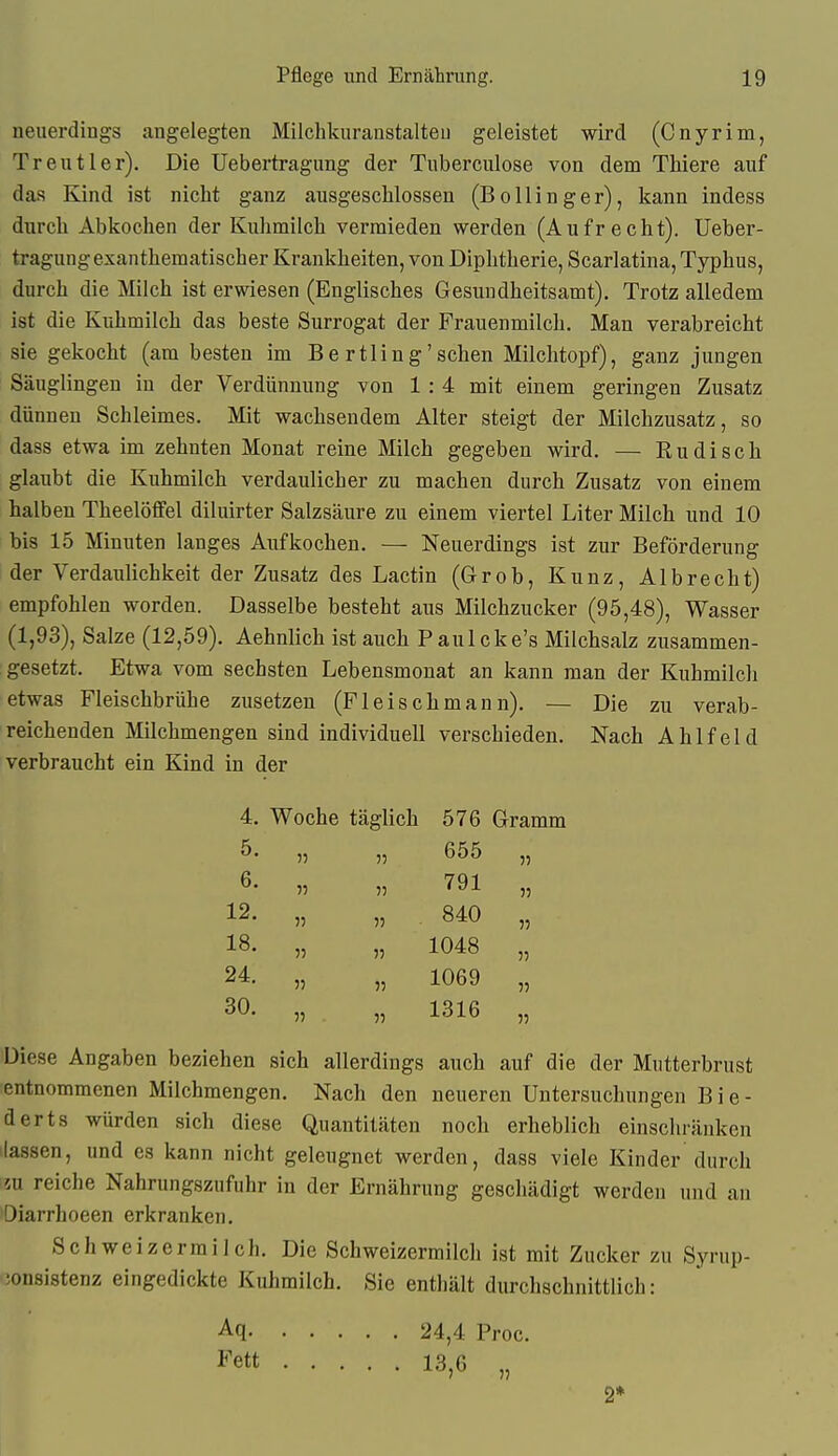 neuerdings angelegten Milchkuranstalteu geleistet wird (Cnyrim, Treiitler). Die Uebertragimg der Tuberculose von dem Tliiere auf das Kind ist nicht ganz ausgeschlossen (Bollinger), kann indess durch Abkochen der Kuhmilch vermieden werden (Aufrecht). Ueber- tragungexanthematischer Krankheiten, von Diphtherie, Scarlatina, Typhus, durch die Milch ist erwiesen (Englisches Gesundheitsamt). Trotz alledem ist die Kuhmilch das beste Surrogat der Frauenmilch. Man verabreicht sie gekocht (am besten im Bertling'sehen Milchtopf), ganz jungen Säuglingen in der Verdünnung von 1:4 mit einem geringen Zusatz dünnen Schleimes. Mit wachsendem Alter steigt der Milchzusatz, so dass etwa im zehnten Monat reine Milch gegeben wird. — Rudisch glaubt die Kuhmilch verdaulicher zu machen durch Zusatz von einem halben Theelöffel diluirter Salzsäure zu einem viertel Liter Milch und 10 bis 15 Minuten langes Aufkochen. — Neuerdings ist zur Beförderung der Verdaulichkeit der Zusatz des Lactin (Grob, Kunz, Albrecht) empfohlen worden. Dasselbe besteht aus Milchzucker (95,48), Wasser (1,93), Salze (12,59). Aehnlich ist auch Paulcke's Milchsalz zusammen- gesetzt. Etwa vom sechsten Lebensmonat an kann man der Kuhmilch etwas Fleischbrühe zusetzen (Fleischmann). — Die zu verab- reichenden Milchmengen sind individuell verschieden. Nach Ahlfeld verbraucht ein Kind in der 4. Woche täglich 576 Gramm 655 „ 791 „ 840 „ 1048 „ 1069 „ 1316 „ Diese Angaben beziehen sich allerdings auch auf die der Mutterbrust entnommenen Milchmengen. Nach den neueren Untersuchungen B i e- derts würden sich diese Quantitäten noch erheblich einschränken lassen, und es kann nicht geleugnet werden, dass viele Kinder durch iu reiche Nahrungszufuhr in der Ernährung geschädigt werden und an Oiarrhoeen erkranken. Schweizermilch. Die Schweizermilch ist mit Zucker zu Syrup- jonsistenz eingedickte Kuhmilch. Sie enthält durchschnittlich: Aq 24,4 Proc. i'ett 13,6 „ 2* 5. )5 55 6. 55 55 12. 55 55 18. 5? 75 24. 55 55 30. 55 55