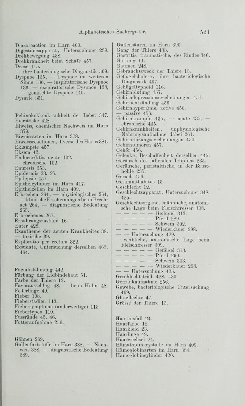 Diazoreaction im Harn 400. Digestionsapparat, Untersuchung 239. Drehbewegung 438. Drehkrankheit beim Schafe 457. Druse 115. — ihre bacteriologische Diagnostik 509. Dyspnoe 135, — Dysimoe im weiteren Sinne 136, — inspiratorische Dyspnoe 136, — exspiratorisclie Dyspnoe 138, — gemischte Dyspnoe 140. Dysurie 351. Echinokokkenkrankheit der Leber 347. Eierstöcke 428. Eiweiss, chemischer Nachweis im Harn 379. Eiweissarten im Harn 378. Eiweissreactionen, diverse des Harns 381. Eklampsie 457. Ekzem 42. Endocarditis, acute 102. — chronische 102. Enuresis 353. Epidermis 23. 25. Epilepsie 457. Epithelcylinder im Harn 417. Epithelzellen im Harn 409. Erbrechen 264, — physiologisches 264, — klinische Erscheinungen beim Brech- act 264, — diagnostische Bedeutung 265. Erbrochenes 267. Ernährungszustand 16. Euter 428. Exantheme der acuten Krankheiten 38. — toxische 39. Exploratio per rectum 322. Exsudate, Untersuchung derselben 463. 464. Facialislähmung 442. Färbung der Lidbindehaut 51. Farbe der Thiere 12. Favusausschlag 48, — beim Huhn 48. Federlinge 49. Fieber 108. Fieberstadien 113. Fiebersymptome (anderweitige) 113. Fiebertypen 110. Fussräude 45. 46. Futteraufnahme 256. Gähnen 269. Gallenfarbstoffe im Harn 388, — Nach- weis 388, — diagnostische Bedeutung 389. Gallensäuren im Harn 390. Gang der Thiere 433. Gastritis, traumatische, des Rindes 346. Gattung 11. Gaumen 248. Gebrauchszweck der Thiere 13. Geflügelcholera, ihre bacteriologische Diagnostik 497. Geflügeltyphoid 116. Gehirnblutung 457. Gehirndepressionserscheinungen 451. Gehirnentzündung 456. Gehirnhyperämie, active 456. — passive 456. Gehirnkränvpfe 435, — acute 435, — chronische 435. Gehirnkrankheiten, unphysiologische Nahrungsaufnahme dabei 261. Gehirnreizungserscheinungen 450. Gehirntumoren 457. Gehör 456. Gelenke, Beschaffenheit derselben 445. Geräusch des fallenden Tropfens 235. Geräusche, peristaltische, in der Brust- höhle 235. Geruch 456. Gesammthabitus 15. Geschlecht 12. Geschlechtsapparat, Untersuchung 348. 425. Geschlechtsorgane, männliche, anatomi- sche Lage beim Fleischfresser 308. Geflügel 313. Pferd 289. — — — Schwein 302. — — Wiederkäuer 298. — — Untersuchung 429. — weibliche, anatomische Lage beim Fleischfresser 309. — — — Geflügel 313. Pferd 290. — — - - — — Schwein 303. — Wiederkäuer 298. — — Untersuchung 425. Geschlechtstrieb 428. 430. Getränkaufnahme 256. Gewebe, bacteriologische Untersuchung 469. Glatzflechte 47. Grösse der Thiere 13. Haarausfall 24. Haarfarbe 12. Haarkleid 23. Haarlinge 49. Haarwechsel 24. Hämatoidinkrystalle im Harn 409. Hämoglobinarten im Harn 384. Hämoglobincylinder 420.